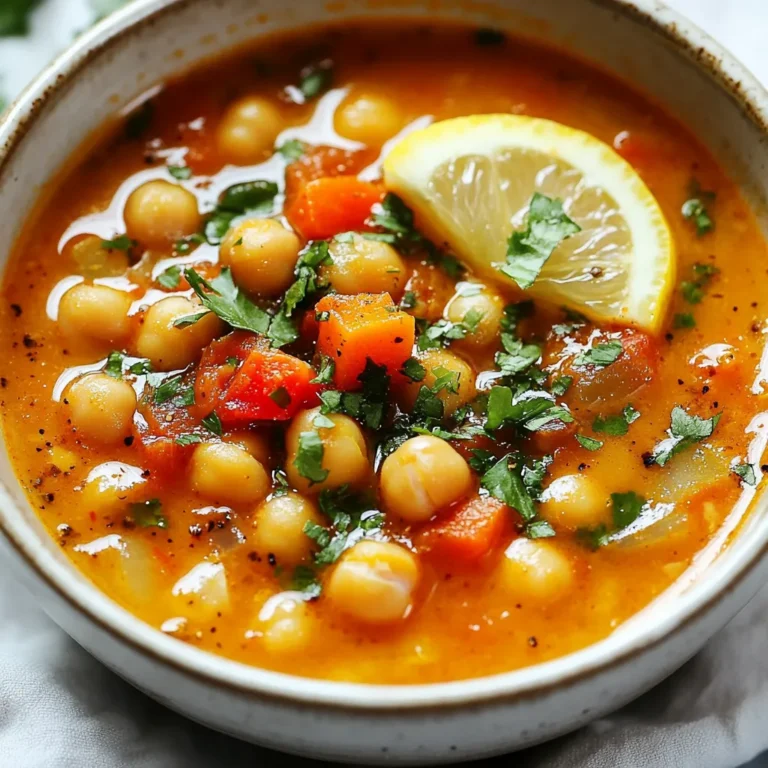 - 2 cans chickpeas, rinsed and drained - 1 medium onion, diced - 3 cloves garlic, minced Chickpeas are the star of this soup. They add protein and texture. They make the soup hearty and filling. You can use canned chickpeas for ease. Just rinse and drain them well. Onion brings sweetness and depth to the dish. Dicing it allows it to cook fast and blend well. Cook it until it turns soft and clear. This usually takes about five minutes. Garlic adds a punch of flavor. Minced garlic releases its oils and aroma. It enhances the taste of the entire soup. Adding it after the onion is perfect timing. - Fresh cilantro - Lemon wedges Fresh cilantro gives a bright touch. It adds color and flavor at the end. Just sprinkle it on top before serving. Lemon wedges are great for squeezing on the soup. The acidity brightens the flavors. Just a bit of lemon juice can make a big difference. - Harissa paste - Ground cumin - Ground coriander Harissa paste brings the heat. This spicy mix of peppers is essential for flavor. You can adjust the amount based on how spicy you want it. Just one tablespoon adds a great kick. Ground cumin adds warmth and earthiness. It pairs well with the other spices. It creates a balanced flavor profile. Ground coriander offers a hint of citrus. It brightens the overall taste of the soup. Together, these spices create a rich and inviting flavor. {{ingredient_image_1}} First, heat 2 tablespoons of olive oil in a large pot over medium heat. Add 1 diced onion. Sauté it for about 5 minutes until it becomes soft and clear. Next, add 3 minced garlic cloves. Stir them in for 1 to 2 minutes. This step makes your kitchen smell amazing! Then, mix in 1 tablespoon of harissa paste, 1 teaspoon of ground cumin, and 1 teaspoon of ground coriander. Cook for another minute until the spices smell good. Now, add 1 diced carrot and 1 diced red bell pepper to the pot. Stir everything well, cooking for about 5 minutes. This helps the veggies soften. After that, pour in 4 cups of vegetable broth and add 1 can of diced tomatoes (with their juices). Don't forget to add the 2 rinsed and drained cans of chickpeas. Bring this mixture to a boil. Once it boils, lower the heat and cover the pot. Let the soup simmer for 20 to 25 minutes. When the soup is ready, stir in 2 cups of fresh spinach. It will wilt in no time! Taste your soup and add salt and pepper as needed. For a pop of color and flavor, serve it hot. Garnish with fresh cilantro and lemon wedges. Squeeze lemon over the soup for a bright finish! You can change the spice level by adding more or less harissa. If you prefer mild, start with a half tablespoon. Taste the soup as it cooks. You can also use smoked paprika or chili powder for extra flavor without heat. If you like a thicker soup, blend part of the chickpeas before adding them. This gives a creamy feel. For a brothier soup, add an extra cup of vegetable broth. Adjust to fit your taste. Prepare your ingredients ahead of time. Dice the onion and bell pepper the night before. Store them in the fridge for easy use. Use a sharp knife for fast chopping. A good technique is to use a rocking motion while cutting. This saves time and keeps your hands safe. Pro Tips Adjust the Spice Level: Start with a smaller amount of harissa paste and gradually add more to suit your heat preference. Use Fresh Herbs: Garnishing with fresh cilantro not only adds flavor but also enhances the presentation of the soup. Make it Creamy: For a creamier texture, blend a portion of the soup and then stir it back into the pot before serving. Serve with Bread: Pair this soup with crusty bread or pita for a hearty meal that complements the flavors perfectly. {{image_2}} You can add chicken or tofu to your soup for more protein. If you want chicken, use cooked, shredded chicken. It adds a nice texture and flavor. For tofu, choose firm tofu for a good bite. Just cube it and add it at the same time as the chickpeas. You can also use lentils instead of chickpeas. Lentils cook faster and add a different taste. Use about one cup of dried lentils. Rinse them well before adding to the pot. Try adding other vegetables to boost flavor and nutrition. Carrots and bell peppers work great, but feel free to get creative. Zucchini, kale, or even sweet potatoes can add depth. Just chop them up and toss them in when you add the broth. You can also experiment with different herbs. Fresh thyme or parsley can brighten the soup. A touch of fresh basil can give it a lovely twist, too. Add these herbs near the end of cooking for the best flavor. For vegan options, this soup is already a great choice. Use vegetable broth, and you are set! If you want a gluten-free version, check the broth label. Most vegetable broths are gluten-free, but it's good to double-check. You can also make low-sodium variations. Use low-sodium broth and skip added salt. This keeps the soup healthy while still being tasty. You can always adjust flavors with lemon juice for a tangy kick. Spicy Harissa Chickpea Soup lasts about four days in the fridge. To store it, let the soup cool at room temperature. Once cooled, pour the soup into an airtight container. This keeps it fresh and prevents spills. If you want to enjoy it later, label the container with the date. You can freeze this soup for up to three months. To do this, let the soup cool completely. Then, pour it into freezer-safe bags or containers. Remove as much air as possible to prevent freezer burn. When you're ready to eat, thaw it overnight in the fridge. Reheat the soup on the stove or in the microwave. Stir well to ensure even heating. For meal prep, divide the soup into individual portions. This makes it easy to grab a bowl for lunch or dinner. Pair the soup with crusty bread or a fresh salad for a full meal. You can also enjoy it with rice or couscous for added texture. Storing it in single servings helps you keep track of how much you have left. Yes, you can make this soup ahead of time. The flavors deepen when it sits. I recommend preparing it one day before serving. Store it in the fridge in an airtight container. It stays good for about 3 to 4 days. Just reheat it on the stove when you’re ready to enjoy. This soup pairs well with several tasty sides. Here are a few ideas: - Crusty bread for dipping - A fresh green salad - Rice or quinoa for added texture - Yogurt for a cool contrast These sides enhance the warm, spicy flavors of the soup. Yes, you can use dried chickpeas! Here’s how: - Soak them overnight in water. - Drain and rinse the chickpeas. - Cook them in boiling water for 1 to 2 hours until tender. Make sure to adjust the soup's cooking time. Add the chickpeas to the pot after the vegetables have softened. This way, they will blend well with the soup. This blog post covers every step for making a tasty spicy harissa chickpea soup. We explored the key ingredients, from chickpeas to spices. You learned how to prepare, build, and finish the soup. We shared tips for spice adjustments and options to suit your diet. Storing and freezing tips can help you enjoy it later. Embrace the flavors and customize it your way. Happy cooking!