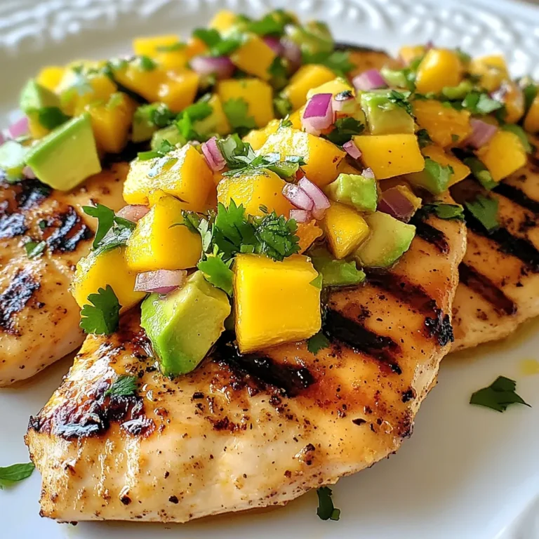 - 4 boneless, skinless chicken breasts - 1 ripe mango, diced - 2 ripe avocados, diced - 1 small red onion, finely chopped - 1 jalapeño pepper, finely chopped (de-seeded for less heat) - 2 tablespoons lime juice - 2 tablespoons fresh cilantro, chopped - 1 tablespoon olive oil - Salt and pepper to taste - 1 teaspoon garlic powder - 1 teaspoon cumin Each ingredient plays a key role in the dish. You want four chicken breasts for a hearty meal. One ripe mango adds sweetness. Two ripe avocados give creaminess. One small red onion adds crunch and flavor. A jalapeño pepper gives a little kick. The lime juice brightens the dish. Two tablespoons of fresh cilantro add freshness. One tablespoon of olive oil helps the chicken cook well. Salt and pepper balance all the flavors. One teaspoon of garlic powder gives a nice depth, and one teaspoon of cumin adds warmth. To ensure the best flavor and texture, pick ripe fruits. A ripe mango should feel slightly soft when pressed. Avocados should also yield to gentle pressure. Use fresh cilantro for a vibrant taste. Store any leftovers in an airtight container to keep them fresh. Use the chicken within a few days for the best quality. If you want to prep ahead, keep the salsa separate until serving. This keeps the ingredients fresh and tasty. {{ingredient_image_1}} Start by gathering your ingredients. You need four boneless, skinless chicken breasts. Next, prepare your marinade. In a small bowl, mix olive oil, garlic powder, cumin, salt, and pepper. This mix adds great flavor to the chicken. Coat each chicken breast with the marinade. Let them sit for about ten minutes. This time helps the chicken soak up the flavors. While the chicken marinates, make the mango avocado salsa. Dice one ripe mango and two ripe avocados. Finely chop one small red onion and one jalapeño pepper, which you should de-seed if you want less heat. In a medium bowl, combine the diced mango, avocados, red onion, jalapeño, two tablespoons of lime juice, and chopped cilantro. Gently mix everything together. Set this salsa aside for later. Now, preheat your grill to medium-high heat. Once it’s ready, place the marinated chicken breasts on the grill. Cook each side for about six to seven minutes. You want the chicken to reach an internal temperature of 165°F (75°C). This ensures it is fully cooked and safe to eat. After grilling, remove the chicken and let it rest for a few minutes. This resting time keeps it juicy and tender. For serving, plate the grilled chicken breasts. Top them generously with your fresh mango avocado salsa. This salsa adds a burst of flavor and color to your dish. You can also serve it with rice or a side salad for a full meal. Enjoy the delicious combination of flavors and textures! Marinating chicken makes it juicy and full of flavor. Use a mix of olive oil, garlic powder, cumin, salt, and pepper for a great base. Coat each chicken breast well. Let them sit for at least 10 minutes. This short wait helps the chicken soak in all the tasty spices. Grilling gives the chicken a nice char and smoky taste. Preheat your grill to medium-high heat. Place the marinated chicken on the grill and cook for 6-7 minutes on each side. Use a meat thermometer to check for doneness. The chicken should read 165°F (75°C). Let the chicken rest after grilling. This helps keep it tender and juicy. You can add extra flavor to your chicken and salsa. Try adding lime zest to the marinade. This gives a fresh kick. For the salsa, consider adding diced bell peppers or corn. These add color and crunch. Don't forget to taste your salsa before serving. Adjust the lime juice or salt to your liking. Pro Tips Marinate for Flavor: Allow the chicken to marinate for at least 30 minutes, or up to overnight, for a deeper flavor infusion. Grill Temperature: Ensure your grill is preheated to medium-high heat before cooking to achieve a nice sear on the chicken. Check Doneness: Use a meat thermometer to check that the chicken has reached an internal temperature of 165°F (75°C) for safe consumption. Fresh Ingredients: Use ripe and fresh ingredients for the salsa to enhance flavor and texture; this makes a big difference in the final dish. {{image_2}} You can swap chicken with other proteins. Try shrimp or fish for a light meal. Both cook quickly and soak up flavors well. If you prefer plant-based options, use firm tofu. Marinate the tofu just like chicken. Grill until it's golden and crispy. Add a regional touch to your dish. For a tropical vibe, use pineapple instead of mango. This gives a sweet and tangy taste. You can also try a Mediterranean style. Replace cilantro with fresh basil and add feta cheese to the salsa. The flavor will change but stay delicious. Get fun and creative with your salsa. Add diced red bell peppers for crunch and color. A splash of orange juice can brighten the salsa too. If you want more heat, toss in a few diced serrano peppers. Each twist makes the dish unique and exciting. Store any leftover Mango Avocado Salsa Chicken in an airtight container. This keeps it fresh. You can place the chicken and salsa together or separately. If you store them together, the flavors mix. However, the salsa may get soggy. Keep the chicken in the fridge for up to three days. Before eating, check for any off smells or changes in color. To freeze the chicken, wrap it tightly in plastic wrap. Then, place it in a freezer bag. This helps to prevent freezer burn. The chicken can stay good for up to three months. Avoid freezing the salsa, as fresh avocados do not freeze well. If you want to enjoy the dish later, make the salsa fresh when you thaw the chicken. When you reheat the chicken, do it gently. Use the oven or microwave to warm it up. For the oven, set it to 350°F (175°C) and heat for about 15-20 minutes. This keeps the chicken moist. If using the microwave, heat in short bursts. Check the chicken after each burst to avoid overcooking. Serve with fresh salsa on top for the best taste. You can serve this dish with a variety of sides. Some great options include: - Rice: White or brown rice works well. - Quinoa: A healthy, protein-packed choice. - Salad: A fresh green salad can complement the meal. - Tortillas: Warm tortillas make a nice addition. - Grilled veggies: Zucchini or bell peppers add color and flavor. These sides balance the sweet and savory flavors in the chicken. Yes, you can make some parts ahead. You can marinate the chicken earlier. Just let it sit in the fridge for up to 24 hours. The salsa can also be made ahead. Store it in the fridge for up to 2 hours before serving. This way, the flavors will blend well. However, don't let it sit too long, or the avocados may brown. To check if the chicken is done, use a meat thermometer. The internal temperature should reach 165°F (75°C). If you don't have a thermometer, cut into the thickest part of the chicken. The meat should be white with no pink inside. Let the chicken rest for a few minutes after grilling. This helps the juices stay in the meat, making it tender and juicy. This blog post detailed how to cook Mango Avocado Salsa Chicken. We covered the ingredients, preparation steps, grilling tips, and serving ideas. I shared ways to marinate, grill, and enhance flavors. You also learned about variations with different proteins and regional styles. Finally, I explained storage tips and answered common questions. Now, you have the tools to create a delicious meal that impresses everyone. Enjoy experimenting with flavors and make this dish your own!