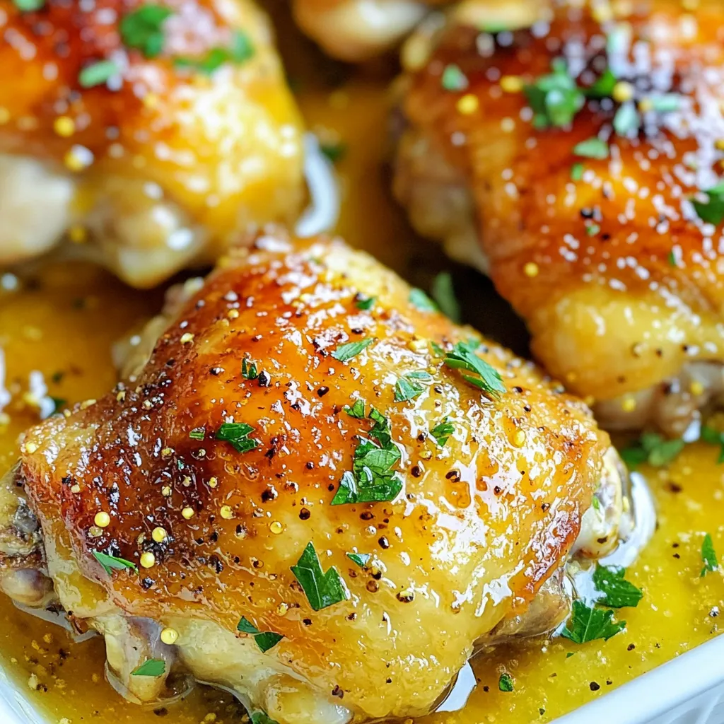 - 4 bone-in, skin-on chicken thighs - ¼ cup honey - ¼ cup Dijon mustard - 2 tablespoons olive oil - 2 cloves garlic, minced The main ingredients for honey mustard chicken thighs create a burst of flavor. The bone-in, skin-on chicken thighs give a juicy texture and rich taste. Honey adds sweetness, while Dijon mustard brings a tangy kick. Olive oil helps blend the flavors, and minced garlic adds depth. - 1 teaspoon dried thyme - ½ teaspoon paprika - Salt and pepper to taste - Fresh parsley, chopped (for garnish) Seasonings enhance the dish. Dried thyme adds an earthy note, while paprika gives warmth and color. Salt and pepper balance the flavors, making every bite delicious. Fresh parsley brings a pop of color and freshness at the end. This mix of ingredients creates a dish that is both simple and full of flavor. {{ingredient_image_1}} First, you need to preheat your oven to 400°F (200°C). This step ensures the chicken cooks evenly and gets that nice crisp skin. While the oven heats, you can prepare the honey mustard marinade. In a medium bowl, whisk together the following: - ¼ cup honey - ¼ cup Dijon mustard - 2 tablespoons olive oil - 2 cloves garlic, minced - 1 teaspoon dried thyme - ½ teaspoon paprika - Salt and pepper to taste Mix until smooth. This sauce is the star of the dish. Next, place your chicken thighs in a baking dish, skin-side up. Pour the honey mustard marinade over the chicken, covering each piece well. Now, how long should you marinate? Let the chicken sit for at least 30 minutes. For even better flavor, marinate in the refrigerator for up to 4 hours. This step allows the chicken to soak in all those tasty flavors. Once marinated, it’s time to bake. Place the baking dish in your preheated oven. Bake the chicken for 35-40 minutes. You want the chicken to reach an internal temperature of 165°F (75°C). This ensures it is safe to eat. The skin should be golden and crispy when done. For extra caramelization, you can broil the chicken for the last 2-3 minutes. Keep an eye on it to prevent burning. After baking, let the chicken rest for 5 minutes before serving. Garnish it with fresh chopped parsley for a lovely touch! To get crispy skin on your chicken thighs, aim for a high cooking temperature. Bake at 400°F (200°C). This heat ensures the skin crisps up while the meat cooks. After baking, you can broil the chicken for the last 2-3 minutes. Broiling gives the skin an extra caramelized finish. Just keep an eye on it to avoid burning. For the best flavor, marinate the chicken for at least 30 minutes. However, if you can, let it sit in the fridge for up to 4 hours. This time allows the flavors to soak into the meat. You can also enhance the marinade. Try adding a splash of apple cider vinegar for tang or some hot sauce for a kick. When serving, think about great side dishes. Roasted veggies or a fresh salad pair well with the chicken. You can also serve it with rice or quinoa for a filling meal. For plating, arrange the chicken nicely on a platter. Garnish with fresh parsley for color and a touch of elegance. This makes your dish look even more enticing. Pro Tips Marinate Longer for More Flavor: Allowing the chicken to marinate for at least 2 hours, or overnight if possible, will enhance the flavor profile significantly, making the chicken more succulent. Use a Meat Thermometer: To ensure your chicken is perfectly cooked, use a meat thermometer to check that the internal temperature reaches 165°F (75°C). Experiment with Mustard Varieties: For different flavor profiles, try using whole grain mustard or spicy brown mustard in place of Dijon. Serve with Sides: Pair your honey mustard chicken thighs with roasted vegetables or a fresh salad for a complete meal. {{image_2}} You can change the mustard in this recipe. Try whole grain mustard for a grainy texture. If you want heat, use spicy mustard. For a sweet twist, swap honey for maple syrup or agave nectar. Each option adds a new flavor to your dish, making it fun to experiment. Grilling honey mustard chicken gives it a nice smoky flavor. Marinate the chicken as usual, then grill over medium heat for about 6-7 minutes on each side. You can also use a slow cooker for a hands-off method. Just place the marinated chicken in the slow cooker. Cook it on low for 4-5 hours or on high for about 2-3 hours. This makes the chicken very tender and juicy. If you need a gluten-free option, check your mustard label. Some mustards contain gluten. Use gluten-free soy sauce in place of regular soy sauce if you want to add a salty note. For those on a keto or paleo diet, skip the honey. Use a sugar substitute like erythritol to keep it low-carb. Enjoy these variations to fit your diet and taste! To keep your honey mustard chicken thighs fresh, use airtight containers. Glass or plastic containers work well. Make sure they seal tightly. This keeps air out and prevents drying. Store the chicken in the fridge. It stays good for up to four days. If you want to store it longer, freezing is a great option. When reheating, avoid the microwave if you can. Microwaves can dry out the chicken. Instead, use an oven or stovetop. Preheat your oven to 350°F (175°C). Place the chicken in a baking dish with a splash of water. Cover it with foil. Heat for about 20 minutes. This keeps it juicy and warm. You can also freeze the cooked chicken. Wrap each piece in foil first, then place it in a freezer bag. It stays tasty for up to three months. When you want to eat it, thaw it in the fridge overnight before reheating. Enjoying your honey mustard chicken thighs later is always a treat! You should marinate the chicken thighs for at least 30 minutes. This time allows the flavors to soak in. If you have more time, marinate them in the fridge for up to 4 hours. Longer marination gives you deeper flavor. Remember, the honey and mustard mix tenderizes the meat. Chicken thighs need to reach an internal temperature of 165°F (75°C). This temperature ensures the chicken is safe to eat. Using a meat thermometer helps you check this easily. Cooking to the right temperature keeps the meat juicy. Undercooked chicken can lead to foodborne illness, so be careful. Yes, you can use boneless chicken thighs in this recipe. They will cook faster than bone-in thighs. Adjust your baking time to about 25-30 minutes. Check the internal temperature to ensure they are done. Boneless thighs are still delicious and will absorb the marinade well. In this post, we covered how to prepare honey mustard chicken thighs. We discussed key ingredients like chicken, honey, and Dijon mustard. We explored marinating and cooking techniques for juicy, flavorful chicken. Tips ensured crispy skin and enhanced flavors. You now have variations and storage suggestions for leftovers. This dish is simple yet satisfying. Enjoying your meal is as important as making it. Happy cooking!