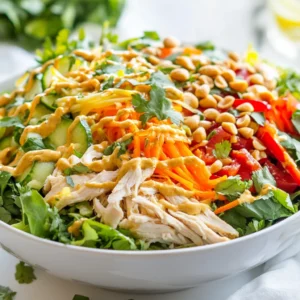 - 2 cups cooked chicken breast - 4 cups mixed salad greens - 1 red bell pepper - 1 cup shredded carrots - 1 cup cucumber - ¼ cup red cabbage - ½ cup fresh cilantro - ½ cup roasted peanuts - ½ cup creamy peanut butter - 2 tablespoons low sodium soy sauce - 1 tablespoon lime juice - 1 tablespoon honey or agave syrup - 1 teaspoon sesame oil - 1 teaspoon grated fresh ginger - Salt and pepper - Sriracha for spice For this Thai Peanut Chicken Salad, you need fresh and vibrant ingredients. Start with cooked chicken breast. You can shred or dice it, depending on your preference. Next, use mixed salad greens like romaine, spinach, and arugula for a crunchy base. Add a sliced red bell pepper for sweetness and color. Shredded carrots contribute a nice crunch. Thinly sliced cucumber adds refreshing flavor. For extra color, include shredded red cabbage. Fresh cilantro brings a bright, herbal note. Lastly, sprinkle roasted peanuts for a delightful crunch and nutty flavor. Now, let’s make the dressing. Creamy peanut butter is the star. Mix it with low sodium soy sauce for saltiness. Lime juice adds a tangy kick. Honey or agave syrup brings sweetness. Sesame oil gives a rich, nutty taste. Add grated fresh ginger for warmth and spice. Season with salt and pepper to taste. If you love spice, Sriracha is a great option to drizzle on top. You can customize this salad to suit your taste. Each ingredient plays a key role in making this dish fresh and delicious. {{ingredient_image_1}} In a large bowl, combine these fresh ingredients: - 4 cups mixed salad greens - 1 red bell pepper, thinly sliced - 1 cup shredded carrots - 1 cup cucumber, thinly sliced - ¼ cup red cabbage, shredded - ½ cup fresh cilantro, roughly chopped Toss gently to mix all the vegetables. You want them to blend without bruising. This mix adds crunch and bright color. In a separate bowl, prepare the dressing by whisking together: - ½ cup creamy peanut butter - 2 tablespoons low sodium soy sauce - 1 tablespoon lime juice - 1 tablespoon honey or agave syrup - 1 teaspoon sesame oil - 1 teaspoon grated fresh ginger - Salt and pepper to taste Whisk until smooth and creamy. If your dressing is too thick, adjust the consistency with a little water. You want it pourable but thick enough to coat. Now, add the chicken to your salad base. Use: - 2 cups cooked chicken breast, shredded or diced Drizzle the peanut dressing over the top. Toss everything together until all ingredients are well coated. This step is key for flavor. Garnish the salad with: - ½ cup roasted peanuts, roughly chopped - Optional: drizzle Sriracha for extra spice Serve this salad right away for the best taste and texture! For this salad, you can use cooked chicken breast in several ways. Grilling gives a smoky taste. Poaching keeps the chicken moist and tender. If you want a quick option, use store-bought rotisserie chicken. To shred chicken, use two forks. Simply pull apart the meat. For dicing, chop the chicken into bite-sized pieces with a sharp knife. Both methods work well for this salad. Feel free to add more veggies! You can toss in avocado for creaminess or snap peas for crunch. If you like more colors, try adding purple cabbage or radishes. To make it vegan, swap chicken for tofu or chickpeas. For gluten-free, use tamari instead of soy sauce. Adjust toppings based on your taste and needs. The dressing should be thick yet smooth. If it feels too thick, add a little water to reach the right consistency. You can adjust flavors too! If you like it sweeter, add more honey. For tanginess, squeeze in extra lime juice. Taste as you go to find your perfect mix. Pro Tips Use Leftover Chicken: This salad is a great way to use up leftover rotisserie or grilled chicken, making it a quick meal option. Customize Your Veggies: Feel free to swap in your favorite vegetables or whatever you have on hand for a personalized touch. Make It Ahead: Prepare the salad ingredients ahead of time, but keep the dressing separate until serving to maintain freshness. Adjust the Spice: If you enjoy heat, add more Sriracha or a sprinkle of red pepper flakes for an extra kick. {{image_2}} You can change up the protein in this salad. Shrimp adds a nice twist. Just cook the shrimp until pink and toss them in. Tofu is great for a vegetarian option. Simply cube it and sauté until golden. Chickpeas are another fun choice. They give a nice crunch and add fiber. Not everyone loves peanut butter. You can make a spicy dressing using chili paste or sriracha. For a nut-free option, try tahini. It gives a creamy texture and a unique taste. Simply mix in lime juice and soy sauce for flavor. Switch ingredients based on what’s fresh. In summer, add ripe tomatoes or corn for sweetness. In fall, try roasted sweet potatoes for warmth. You can also use seasonal herbs like basil or mint for a fresh twist. This keeps the salad vibrant and exciting all year round. To keep your Thai Peanut Chicken Salad fresh, store the salad and dressing separately. This way, the salad stays crisp. Place the salad in an airtight container. Use a smaller container for the dressing. Refrigerate both right after serving. They will last for up to three days. If you have leftover chicken, you can reheat it. Use the microwave for quick heating. Warm the chicken until it is hot. Avoid reheating the salad. The greens will get soggy. Enjoy the salad cold for the best taste. After chilling, wait about 10 minutes before serving. This allows the flavors to blend. Serve the salad in bowls or on plates. Drizzle with dressing just before eating. For extra crunch, sprinkle on some roasted peanuts. Enjoy your fresh and tasty salad! Thai Peanut Chicken Salad stays fresh for about three days in the fridge. To keep it tasty, store the salad and dressing separately. This way, the greens stay crisp and don’t get soggy. Yes, you can! Prepare the salad a day in advance. Just remember to add the dressing right before serving. This keeps everything fresh and bright. If you have a peanut allergy, try sunflower seed butter or almond butter. Both give a nice flavor and creamy texture. Check labels to ensure they are allergy-friendly. The spice level with Sriracha can vary. A little adds warmth, while a lot can make it hot. Start with a small drizzle and add more if you like heat. Yes, this salad is very healthy! It’s packed with colorful veggies and lean protein. The peanut butter adds healthy fats, while the greens give fiber and vitamins. Enjoy it as a meal or a side! This Thai Peanut Chicken Salad is both fresh and easy to make. We combined cooked chicken with vibrant salad greens and colorful veggies. The creamy peanut dressing pulls everything together for a delightful meal. Remember, you can customize it with your favorite proteins and dressings. Think about using seasonal ingredients for extra flavor. Storing leftovers correctly keeps the taste fresh. Enjoy this salad for lunch or dinner, knowing it's tasty and healthy!