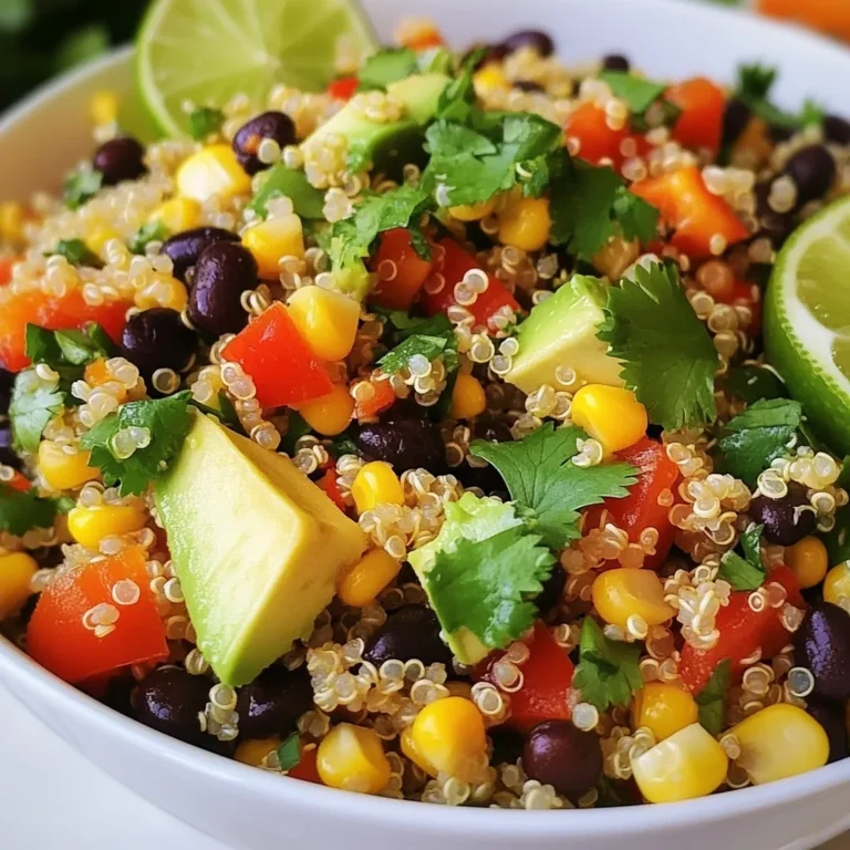 - 1 cup quinoa, rinsed - 2 cups water or vegetable broth - 1 cup black beans, drained and rinsed - 1 cup corn (fresh or frozen) - 1 red bell pepper, diced - 1 avocado, diced - 1 small red onion, finely chopped - 1 jalapeño, deseeded and minced (optional for heat) - 1/4 cup fresh cilantro, chopped - Juice of 2 limes - 3 tablespoons olive oil - 1 teaspoon cumin - 1 teaspoon chili powder - Salt and pepper to taste You can add other ingredients to boost taste. Some great options include: - Cherry tomatoes, halved - Green onions, sliced - Cheese, like feta or cotija - Additional spices, such as garlic powder or smoked paprika This salad is not only tasty but also healthy. Each serving (about 1 cup) provides: - Approximately 220 calories - 8g protein - 10g fiber - Healthy fats from avocado and olive oil - Rich in vitamins from vegetables This dish is perfect for a light lunch or a side at dinner. {{ingredient_image_1}} Start by bringing 2 cups of water or vegetable broth to a boil in a saucepan. Once boiling, add 1 cup of rinsed quinoa. Cover the pot and lower the heat. Let the quinoa simmer for about 15 minutes. You want the liquid to fully absorb. After 15 minutes, remove it from heat and let it sit for another 5 minutes. This helps the quinoa fluff up. Use a fork to fluff it gently and let it cool. While the quinoa cools, grab a large mixing bowl. Add 1 cup of black beans, drained and rinsed. Then, toss in 1 cup of corn, either fresh or frozen. Next, add 1 diced red bell pepper, 1 diced avocado, and 1 small finely chopped red onion. If you like some heat, include 1 minced jalapeño after removing the seeds. Finish this mix by adding 1/4 cup of chopped fresh cilantro. In a small bowl, combine the juice of 2 limes with 3 tablespoons of olive oil. Then, add 1 teaspoon of cumin and 1 teaspoon of chili powder. Season with salt and pepper to taste. Whisk these ingredients together until smooth. This dressing adds a zesty kick to the salad. Once the quinoa has cooled, add it to your vegetable mixture. Pour the dressing over everything. Use a large spoon to gently toss the salad. Be careful not to mash the avocado. You want all the flavors to mix well without losing that creamy texture. Taste your salad after mixing. You might want to adjust the seasoning. Add more salt, pepper, or lime juice if needed. These small changes can make a big difference in flavor. Chill the salad in the refrigerator for at least 30 minutes. This allows the flavors to meld together. When ready to serve, you can present it in a large bowl. Or, for a fun twist, serve it in mason jars. Add a sprinkle of cilantro on top and a wedge of lime for garnish. This adds a nice touch and looks great! To cook quinoa, use a 1:2 ratio of quinoa to water. Rinse the quinoa well before cooking. This helps remove the bitter coating. Bring the water or broth to a boil. Once boiling, add the quinoa, cover, and simmer. Cook for about 15 minutes. Let it sit for 5 minutes after cooking. Fluff it gently with a fork to keep it light and airy. You can serve this salad cold or warm. For a warm dish, mix the salad right after cooking the quinoa. The heat will soften the veggies a bit. If you prefer it cold, chill the salad in the fridge for 30 minutes. This allows the flavors to blend well. Both ways taste amazing, so choose what you like best! This salad works for many occasions. For a casual picnic, serve it in mason jars. Add extra cilantro and a lime wedge on top. For a dinner party, place the salad in a large bowl. Garnish with fresh herbs for a vibrant look. Pair it with grilled chicken or fish for a complete meal. Enjoy this salad as a side or as a main dish! Pro Tips Cook Quinoa Perfectly: Rinse the quinoa thoroughly before cooking to remove any bitterness. Use vegetable broth for added flavor. Add Freshness: Incorporate additional fresh vegetables like cucumber or cherry tomatoes for a refreshing crunch. Make it Zesty: Adjust the lime juice to your preference for tanginess; a little extra can brighten up the dish. Meal Prep Friendly: This salad keeps well in the fridge for up to 3 days, making it an excellent option for meal prep. {{image_2}} You can easily adapt this salad for different diets. The base of the salad is already vegetarian. To make it vegan, ensure your broth is vegetable-based and skip any honey or dairy. This dish shines with its fresh veggies and grains, making it satisfying for all. If you have allergies, swap ingredients as needed. For a corn allergy, use diced zucchini or diced cucumber. If you can’t have beans, try chickpeas or lentils instead. You can also skip the jalapeño if you want less heat. Always read labels to check for allergens. You can boost the flavor with more spices. Add smoked paprika for a deeper taste or cayenne for extra heat. A pinch of garlic powder or onion powder can also enhance the dish. Experiment to find your perfect balance of flavors. Store your Southwest Quinoa Salad in an airtight container. This helps keep it fresh. Place it in the fridge right after making it. It tastes even better after chilling. The flavors mix well when it sits. You can freeze this salad, but it's not the best option. The avocado may turn brown and mushy. If you choose to freeze it, leave out the avocado and cilantro. Store the salad in a freezer-safe container. It can stay in the freezer for about 2 months. In the fridge, your salad will last for about 3 to 5 days. Check for any signs of spoilage before eating. If it looks or smells off, it’s best to toss it. Always trust your senses when it comes to food safety. Yes, you can make this salad ahead of time. It tastes great after chilling in the fridge. I suggest making it a few hours before serving. This helps the flavors blend well. Store it in an airtight container to keep it fresh. You can use rice, couscous, or even farro as a substitute for quinoa. Each grain will give a different taste and texture. Choose what you like best. Just make sure to adjust the cooking time based on the grain you choose. To make the salad spicier, add more jalapeños. You can also use diced hot peppers or a splash of hot sauce. Another option is to sprinkle in some cayenne pepper. Taste as you go to find the heat level you prefer. Yes, this salad is gluten-free. Quinoa is a great option for gluten-free diets. Black beans and corn are also gluten-free. Always check your ingredients to confirm they are gluten-free, especially dressings. Absolutely! You can add grilled chicken, shrimp, or tofu for extra protein. Beans already provide some protein, but adding meat or plant-based options can make it more filling. Just mix it in gently to keep the salad fresh and tasty. This blog post covered how to make a tasty Southwest Quinoa Salad. We looked at the key ingredients, cooking steps, and tips for success. I shared ideas for variations and how to store your salad. Remember, you can tweak the recipe to suit your taste. You can enjoy this salad warm or cold and feel free to make it your own. Happy cooking!