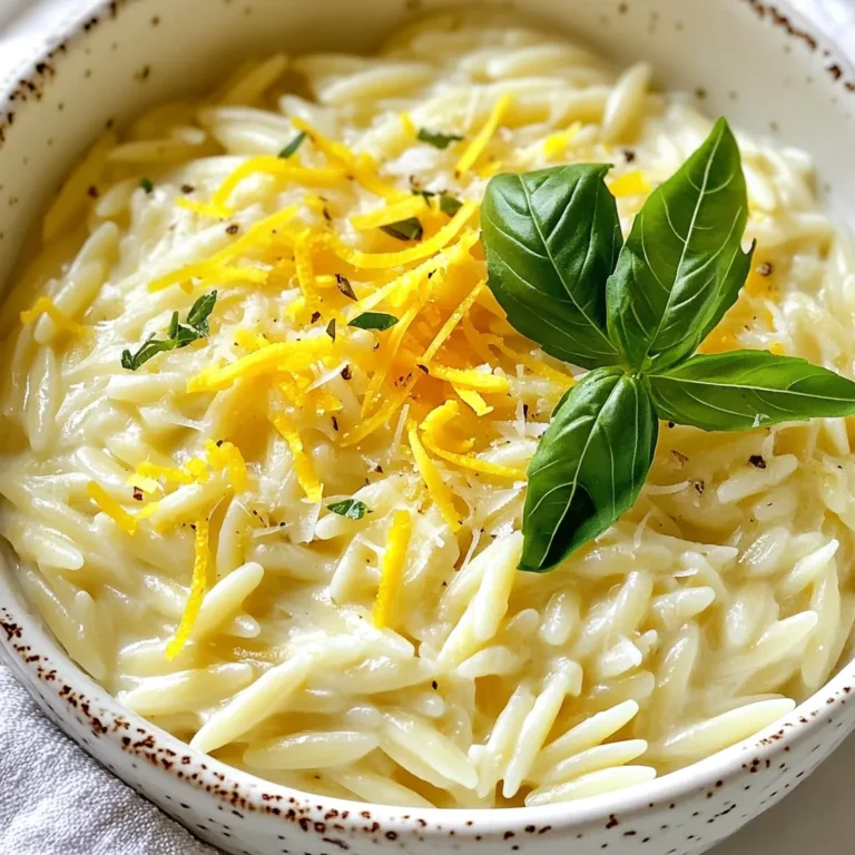 - 1 cup orzo pasta - 2 tablespoons olive oil - 1 small onion, finely chopped - 2 garlic cloves, minced - 4 cups vegetable broth - 1 cup heavy cream - 1 cup grated Parmesan cheese - 1 lemon (zest and juice) - 1 teaspoon dried parsley - Salt and pepper to taste - Fresh basil leaves, for garnish When cooking, use precise amounts for best results. For this dish, measure: - 1 cup of orzo to keep it filling. - 2 tablespoons of olive oil to ensure smooth cooking. - 1 small onion adds sweetness to the flavor. - 2 garlic cloves will give it a rich taste. - 4 cups of vegetable broth helps cook the orzo. - 1 cup of heavy cream creates a creamy texture. - 1 cup of grated Parmesan adds cheesy goodness. - 1 lemon provides bright acidity. - 1 teaspoon of dried parsley gives an earthy note. - Salt and pepper to taste enhances all flavors. You can swap some ingredients based on what you have: - Use chicken broth instead of vegetable broth for a richer taste. - Swap heavy cream with half-and-half for a lighter option. - If you lack Parmesan, try Pecorino Romano for a different flavor. - Fresh parsley can replace dried parsley for a fresher taste. - If you want to skip the lemon, consider using a splash of vinegar for acidity. - Fresh basil can be replaced with spinach for a green touch. These substitutions will still keep the dish flavorful and delicious. {{ingredient_image_1}} First, gather all your ingredients. You will need: - 1 cup orzo pasta - 2 tablespoons olive oil - 1 small onion, finely chopped - 2 garlic cloves, minced - 4 cups vegetable broth - 1 cup heavy cream - 1 cup grated Parmesan cheese - 1 lemon (zest and juice) - 1 teaspoon dried parsley - Salt and pepper to taste - Fresh basil leaves, for garnish Next, chop your onion and mince the garlic. This helps the flavors blend well. 1. In a large pot, heat the olive oil over medium heat. 2. Add the chopped onion. Sauté it for about 3 to 4 minutes until it turns translucent. 3. Stir in the minced garlic. Cook for another minute until you smell its great aroma. 4. Add the orzo to the pot. Stir it around for about 2 minutes. This coats the pasta in the oil. 5. Pour in the vegetable broth and bring it to a boil. Once boiling, reduce the heat. 6. Let the orzo simmer for about 10 minutes. Stir it occasionally. The pasta should be al dente when done. 7. When the orzo is cooked, add the heavy cream, Parmesan cheese, lemon zest, lemon juice, and dried parsley. Stir until creamy. 8. Season with salt and pepper to taste. Adjust flavors as needed. Remove the pot from the heat. Let it rest for a few minutes. If it thickens too much, add a splash of broth or water. To serve, plate the orzo and garnish with fresh basil leaves. This adds a nice touch and fresh flavor. Enjoy your creamy lemon Parmesan orzo! To make your orzo extra creamy, use heavy cream. It gives a rich texture. If you want a lighter dish, swap some cream with low-fat milk. You can also add a bit more cheese when mixing it in. The more cheese, the creamier it gets! If the dish thickens too much, add a splash of broth or water. This keeps it silky. Lemon zest and juice brighten the dish. Make sure to use fresh lemon for the best taste. Fresh herbs like basil add a nice touch. You can also try using a dash of garlic powder for more flavor. For a hint of heat, add some red pepper flakes. This brings a new layer of taste without overpowering the dish. A large pot works best for cooking the orzo. A wooden spoon helps mix the pasta and prevents sticking. A fine-grater is great for zesting the lemon and grating cheese. Use a measuring cup for precise amounts of liquid. Having a good knife for chopping onion and garlic makes prep easier. Pro Tips Use Fresh Ingredients: For the best flavor, opt for fresh lemons and high-quality Parmesan cheese. Fresh herbs like basil can also enhance the dish. Adjust Creaminess: If you prefer a lighter dish, you can reduce the amount of heavy cream or substitute it with half-and-half for a less rich flavor. Perfect Orzo Cooking: Keep a close eye on the orzo as it cooks; stirring frequently helps prevent sticking and ensures even cooking for that perfect al dente texture. Leftover Magic: This dish makes for excellent leftovers! Reheat with a splash of broth or water to loosen the sauce and enjoy it again the next day. {{image_2}} You can boost the nutrition of creamy lemon Parmesan orzo by adding proteins. Chicken, shrimp, or even tofu work well in this dish. If you use chicken, cook it first, then add it to the orzo at the end. For shrimp, toss them in when the orzo is almost done. They cook fast and add great flavor. Tofu is a great option too. Just cube it and sauté it before mixing it in. These additions make the meal heartier and more filling. Vegetables add color and health to your orzo. You can mix in spinach or peas for a pop of green. Both add nice texture and nutrients. Sauté the spinach with the onion for a soft, rich flavor. Peas can be added in the last few minutes of cooking. This keeps them bright and fresh. Roasted veggies, like zucchini or bell peppers, also work great. Just chop them up and toss them in for a tasty twist. You can change the flavor of your creamy lemon Parmesan orzo easily. Try adding different herbs like thyme or dill for a unique taste. Swap lemon for lime if you want a zestier dish. You can even add a pinch of red pepper flakes for some heat. If you love a stronger cheese flavor, mix in some feta or goat cheese. These swaps let you create your perfect version of this dish. Once you finish your Creamy Lemon Parmesan Orzo, let it cool. Store it in an airtight container. It will keep well in the fridge for up to three days. Before serving, check for any signs of spoilage. Look for off smells or changes in texture. You can also freeze your orzo. Allow it to cool completely first. Portion it into freezer-safe bags or containers. Remove as much air as possible to prevent freezer burn. The orzo will last for about two months in the freezer. When ready to eat, thaw it overnight in the fridge. To reheat, you have a few options. You can use the stove, microwave, or oven. If using the stove, add a splash of broth or water to avoid dryness. Heat over low heat, stirring gently. In the microwave, use a covered dish. Heat in short bursts, stirring in between. If using the oven, cover it with foil to keep it moist. Reheat until warmed through. Enjoy your orzo as if it was fresh! You can serve Creamy Lemon Parmesan Orzo with many tasty dishes. Grilled chicken pairs well with it. You might also enjoy it alongside roasted vegetables. A simple salad with fresh greens adds a nice touch. Try serving it with some crusty bread to soak up the flavors too. Yes, you can make this recipe gluten-free. Just swap the orzo pasta for gluten-free orzo. Check the vegetable broth to ensure it is gluten-free too. Many brands offer gluten-free options that taste great. With these changes, you can still enjoy a creamy dish without gluten. To adjust the recipe for larger servings, simply multiply the ingredients. For eight servings, use two cups of orzo. Increase the broth, cream, and cheese accordingly. Keep the cooking times similar, but check for doneness often. This way, everyone can enjoy a delicious meal without hassle. This blog post covered all you need for Creamy Lemon Parmesan Orzo. I shared ingredients, measurements, and helpful substitutes. You learned clear steps to make the dish, from prep to plating. Tips and tricks helped you boost creaminess and flavor. Plus, I shared fun variations and storage tips. In the end, you can enjoy this dish your way. Get creative and have fun in the kitchen!