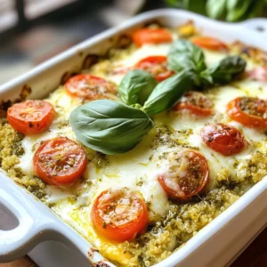 To make the Pesto Chicken Quinoa Bake, you need a few key ingredients. Each one adds flavor and texture to the dish. Here’s what you will need: - 1 cup quinoa, rinsed - 2 cups chicken broth (or water) - 2 cups cooked chicken, shredded - 1 cup cherry tomatoes, halved - 1 cup fresh spinach, chopped - 1 cup mozzarella cheese, shredded - ½ cup pesto sauce (store-bought or homemade) - 1 teaspoon garlic powder - 1 teaspoon onion powder - Salt and pepper to taste - 2 tablespoons olive oil - Fresh basil leaves for garnish (optional) Using these ingredients makes the dish tasty and filling. Quinoa serves as a great base. It’s packed with protein and fiber. The cooked chicken adds heartiness, while cherry tomatoes and spinach provide color and nutrients. Mozzarella cheese melts beautifully, creating a rich layer on top. Pesto sauce brings it all together with its fresh, herby flavor. The garlic and onion powders enhance the taste without being too strong. Olive oil keeps everything moist during baking. Lastly, fresh basil leaves add a nice touch when serving. Gather these ingredients to create a delightful meal for your family or friends. You can find most of these items at your local grocery store. Now, let’s get cooking! {{ingredient_image_1}} First, you need to preheat your oven to 375°F (190°C). This step is key for even cooking. Next, take a medium saucepan. Add 1 cup of rinsed quinoa and 2 cups of chicken broth. Bring it to a boil. After that, lower the heat. Cover it and let it simmer for about 15 minutes. When done, the quinoa should be fluffy and the liquid should be gone. Now, grab a large mixing bowl. Combine 2 cups of shredded cooked chicken, 1 cup of halved cherry tomatoes, and 1 cup of chopped fresh spinach. Add half of the mozzarella cheese, ½ cup of pesto sauce, 1 teaspoon of garlic powder, and 1 teaspoon of onion powder. Season with salt and pepper. Mix it well so everything is evenly coated with the pesto. Once your quinoa is ready, add it to the chicken mixture. Stir everything together until well mixed. This ensures each bite is full of flavor. Lightly grease a 9x13-inch baking dish with 2 tablespoons of olive oil. Pour the quinoa and chicken mix into the dish and spread it out evenly. Now, sprinkle the remaining mozzarella cheese over the top of your dish. This will create a nice, cheesy layer when it's baked. Place your baking dish in the preheated oven. Bake it for about 25-30 minutes. You want the cheese to be bubbly and slightly golden on top. After baking, take it out and let it cool for a few minutes. If you like, garnish with fresh basil leaves before serving. Enjoy your delicious Pesto Chicken Quinoa Bake! Pick a pesto that you love. You can use store-bought or make your own. Fresh basil, garlic, and nuts give pesto its great taste. If you want it spicy, try a pesto with arugula or spinach. A simple basil pesto works well, too. The right pesto makes your dish shine! Rinse the quinoa before cooking. This removes bitter saponins. Use two cups of chicken broth for more flavor. Boil it first, then simmer. Cook it on low heat for about 15 minutes. You will know it's ready when the grains are fluffy and the liquid is absorbed. Fluff it with a fork for the best texture. For a cheesy kick, add more mozzarella cheese! You can mix some into the chicken mixture. Then, sprinkle a lot on top before baking. Try using different cheeses like parmesan or cheddar for new flavors. Cheese melts beautifully and adds rich taste to each bite. Enjoy that gooey goodness! Pro Tips Use Fresh Ingredients: Fresh basil, spinach, and ripe cherry tomatoes enhance the flavor of the dish, making it more vibrant and delicious. Customize Your Protein: Feel free to swap out the chicken for shredded turkey or even a plant-based protein like chickpeas for a vegetarian option. Experiment with Pesto: Try different varieties of pesto, such as sun-dried tomato or arugula pesto, to give the dish a unique twist each time you make it. Make Ahead: This dish can be prepared in advance and stored in the refrigerator. Just bake it when you’re ready to serve for a quick and easy meal. {{image_2}} You can boost flavor and nutrition by adding more vegetables. Try bell peppers, zucchini, or broccoli. These veggies mix well with the chicken and quinoa. Chop them into small pieces for even cooking. You can add them to the chicken mix before baking. This adds color and yumminess to your dish. If you want to change the protein, it's easy! You can use turkey, shrimp, or even tofu. Each protein brings its own taste. Make sure to cook the protein first if needed. Chicken works great, but don’t be afraid to get creative. Each choice makes the dish unique and fun! To make this dish vegetarian, just skip the chicken. You can replace it with more veggies or chickpeas. This keeps the dish hearty and filling. You might want to add extra cheese or use a plant-based cheese. The pesto adds lots of flavor, so you will not miss the meat! To store leftovers, let the dish cool down first. Then, place it in an airtight container. It keeps well in the fridge for up to four days. Label the container with the date so you can track freshness. Reheat your pesto chicken quinoa bake using the oven or microwave. To use the oven, preheat it to 350°F (175°C). Place the leftovers in an oven-safe dish and cover it with foil. Heat for about 15-20 minutes. If you use a microwave, place a serving on a plate. Heat for 1-2 minutes, checking to ensure it warms evenly. You can freeze the dish for longer storage. Before freezing, let it cool completely. Divide it into portions and wrap them tightly in plastic wrap. Then, place the wrapped portions in a freezer bag. It can last for up to three months in the freezer. To reheat, thaw overnight in the fridge and follow the reheating instructions above. You can use rice, farro, or couscous. Each option brings a different texture. Rice cooks similarly, making it an easy swap. Farro adds a nutty flavor. Couscous cooks quickly and is fluffy. Adjust the cooking time based on your choice. Yes, homemade pesto works great! It often tastes fresher and you control the ingredients. Blend fresh basil, garlic, nuts, cheese, and olive oil. This adds a personal touch to your dish. Just make sure it has a good balance of flavors. The bake lasts about 3 to 4 days in the fridge. Keep it in an airtight container. This helps keep it fresh. Reheat it in the oven or microwave. Enjoy your leftovers and save time on meals! This blog post covers how to make a tasty quinoa bake. You learned about key ingredients like quinoa, chicken broth, cheese, and pesto. The step-by-step guide makes it simple to follow. Use tips to choose the best pesto and make it cheesy. Don’t forget the variations for adding vegetables or making it vegetarian. In the end, this dish is easy to prepare and fun to share. It’s a great way to enjoy healthy meals that everyone loves. Happy cooking!