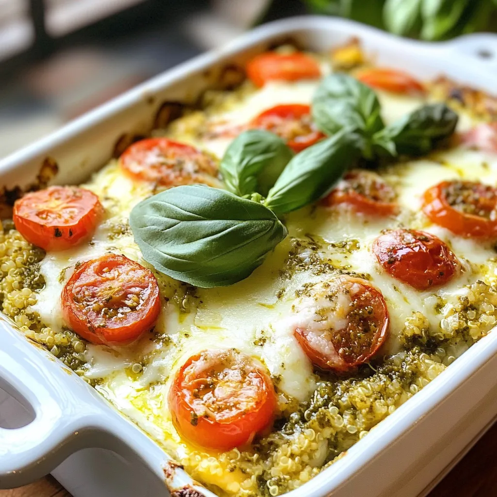 To make the Pesto Chicken Quinoa Bake, you need a few key ingredients. Each one adds flavor and texture to the dish. Here’s what you will need: - 1 cup quinoa, rinsed - 2 cups chicken broth (or water) - 2 cups cooked chicken, shredded - 1 cup cherry tomatoes, halved - 1 cup fresh spinach, chopped - 1 cup mozzarella cheese, shredded - ½ cup pesto sauce (store-bought or homemade) - 1 teaspoon garlic powder - 1 teaspoon onion powder - Salt and pepper to taste - 2 tablespoons olive oil - Fresh basil leaves for garnish (optional) Using these ingredients makes the dish tasty and filling. Quinoa serves as a great base. It’s packed with protein and fiber. The cooked chicken adds heartiness, while cherry tomatoes and spinach provide color and nutrients. Mozzarella cheese melts beautifully, creating a rich layer on top. Pesto sauce brings it all together with its fresh, herby flavor. The garlic and onion powders enhance the taste without being too strong. Olive oil keeps everything moist during baking. Lastly, fresh basil leaves add a nice touch when serving. Gather these ingredients to create a delightful meal for your family or friends. You can find most of these items at your local grocery store. Now, let’s get cooking! {{ingredient_image_1}} First, you need to preheat your oven to 375°F (190°C). This step is key for even cooking. Next, take a medium saucepan. Add 1 cup of rinsed quinoa and 2 cups of chicken broth. Bring it to a boil. After that, lower the heat. Cover it and let it simmer for about 15 minutes. When done, the quinoa should be fluffy and the liquid should be gone. Now, grab a large mixing bowl. Combine 2 cups of shredded cooked chicken, 1 cup of halved cherry tomatoes, and 1 cup of chopped fresh spinach. Add half of the mozzarella cheese, ½ cup of pesto sauce, 1 teaspoon of garlic powder, and 1 teaspoon of onion powder. Season with salt and pepper. Mix it well so everything is evenly coated with the pesto. Once your quinoa is ready, add it to the chicken mixture. Stir everything together until well mixed. This ensures each bite is full of flavor. Lightly grease a 9x13-inch baking dish with 2 tablespoons of olive oil. Pour the quinoa and chicken mix into the dish and spread it out evenly. Now, sprinkle the remaining mozzarella cheese over the top of your dish. This will create a nice, cheesy layer when it's baked. Place your baking dish in the preheated oven. Bake it for about 25-30 minutes. You want the cheese to be bubbly and slightly golden on top. After baking, take it out and let it cool for a few minutes. If you like, garnish with fresh basil leaves before serving. Enjoy your delicious Pesto Chicken Quinoa Bake! Pick a pesto that you love. You can use store-bought or make your own. Fresh basil, garlic, and nuts give pesto its great taste. If you want it spicy, try a pesto with arugula or spinach. A simple basil pesto works well, too. The right pesto makes your dish shine! Rinse the quinoa before cooking. This removes bitter saponins. Use two cups of chicken broth for more flavor. Boil it first, then simmer. Cook it on low heat for about 15 minutes. You will know it's ready when the grains are fluffy and the liquid is absorbed. Fluff it with a fork for the best texture. For a cheesy kick, add more mozzarella cheese! You can mix some into the chicken mixture. Then, sprinkle a lot on top before baking. Try using different cheeses like parmesan or cheddar for new flavors. Cheese melts beautifully and adds rich taste to each bite. Enjoy that gooey goodness! Pro Tips Use Fresh Ingredients: Fresh basil, spinach, and ripe cherry tomatoes enhance the flavor of the dish, making it more vibrant and delicious. Customize Your Protein: Feel free to swap out the chicken for shredded turkey or even a plant-based protein like chickpeas for a vegetarian option. Experiment with Pesto: Try different varieties of pesto, such as sun-dried tomato or arugula pesto, to give the dish a unique twist each time you make it. Make Ahead: This dish can be prepared in advance and stored in the refrigerator. Just bake it when you’re ready to serve for a quick and easy meal. {{image_2}} You can boost flavor and nutrition by adding more vegetables. Try bell peppers, zucchini, or broccoli. These veggies mix well with the chicken and quinoa. Chop them into small pieces for even cooking. You can add them to the chicken mix before baking. This adds color and yumminess to your dish. If you want to change the protein, it's easy! You can use turkey, shrimp, or even tofu. Each protein brings its own taste. Make sure to cook the protein first if needed. Chicken works great, but don’t be afraid to get creative. Each choice makes the dish unique and fun! To make this dish vegetarian, just skip the chicken. You can replace it with more veggies or chickpeas. This keeps the dish hearty and filling. You might want to add extra cheese or use a plant-based cheese. The pesto adds lots of flavor, so you will not miss the meat! To store leftovers, let the dish cool down first. Then, place it in an airtight container. It keeps well in the fridge for up to four days. Label the container with the date so you can track freshness. Reheat your pesto chicken quinoa bake using the oven or microwave. To use the oven, preheat it to 350°F (175°C). Place the leftovers in an oven-safe dish and cover it with foil. Heat for about 15-20 minutes. If you use a microwave, place a serving on a plate. Heat for 1-2 minutes, checking to ensure it warms evenly. You can freeze the dish for longer storage. Before freezing, let it cool completely. Divide it into portions and wrap them tightly in plastic wrap. Then, place the wrapped portions in a freezer bag. It can last for up to three months in the freezer. To reheat, thaw overnight in the fridge and follow the reheating instructions above. You can use rice, farro, or couscous. Each option brings a different texture. Rice cooks similarly, making it an easy swap. Farro adds a nutty flavor. Couscous cooks quickly and is fluffy. Adjust the cooking time based on your choice. Yes, homemade pesto works great! It often tastes fresher and you control the ingredients. Blend fresh basil, garlic, nuts, cheese, and olive oil. This adds a personal touch to your dish. Just make sure it has a good balance of flavors. The bake lasts about 3 to 4 days in the fridge. Keep it in an airtight container. This helps keep it fresh. Reheat it in the oven or microwave. Enjoy your leftovers and save time on meals! This blog post covers how to make a tasty quinoa bake. You learned about key ingredients like quinoa, chicken broth, cheese, and pesto. The step-by-step guide makes it simple to follow. Use tips to choose the best pesto and make it cheesy. Don’t forget the variations for adding vegetables or making it vegetarian. In the end, this dish is easy to prepare and fun to share. It’s a great way to enjoy healthy meals that everyone loves. Happy cooking!
