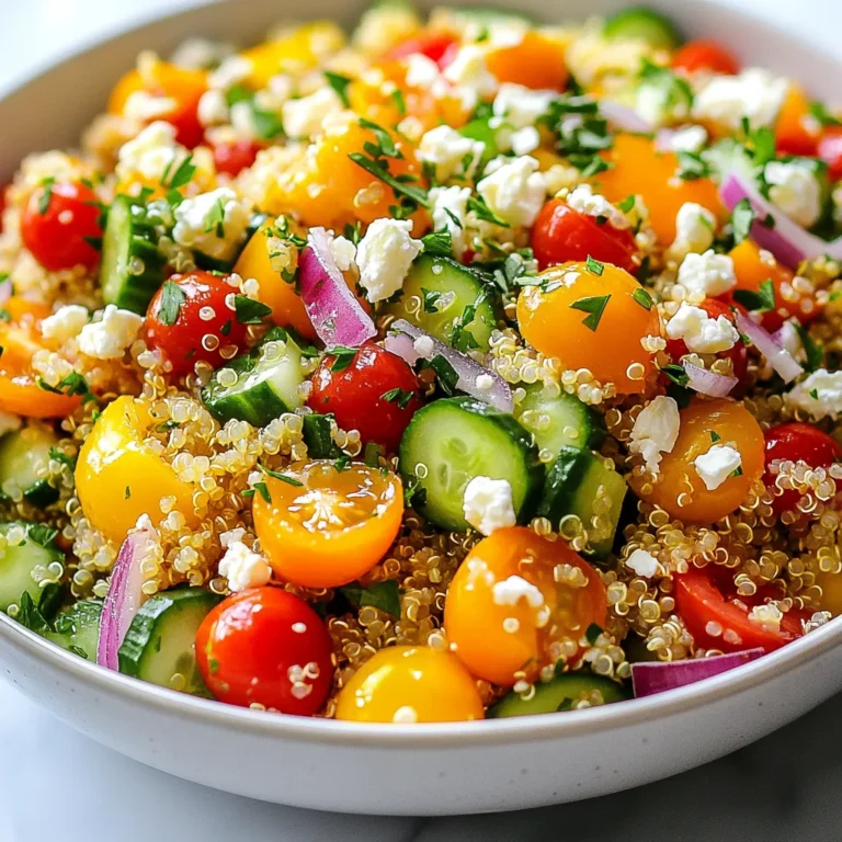 To make a vibrant Lemon Herb Quinoa Salad, gather these key ingredients: - 1 cup quinoa, rinsed - 2 cups vegetable broth or water - 1 cup cherry tomatoes, halved - 1 cucumber, diced - 1 bell pepper (any color), diced - ½ red onion, finely chopped - ½ cup fresh parsley, chopped - ¼ cup fresh mint, chopped - ⅓ cup lemon juice (about 2 large lemons) - 3 tablespoons olive oil - Salt and pepper to taste - Optional: ¼ cup feta cheese, crumbled These ingredients come together to create a fresh and tasty dish. Quinoa acts as the base, while the veggies bring color and crunch. The herbs add a fragrant touch, and the lemon juice gives a nice zing. If you want to enhance the salad, consider these optional ingredients: - Crumbled feta cheese for creaminess - Avocado slices for richness - Nuts like almonds or walnuts for crunch - Olives for a briny pop These additions can make your salad even more exciting and tailored to your taste. Each serving of Lemon Herb Quinoa Salad offers great nutrition. Here’s a quick look at what you get: - Calories: About 250 - Protein: 8 grams - Carbohydrates: 35 grams - Fiber: 6 grams - Fat: 10 grams This salad is not only filling but also packed with nutrients. The quinoa provides protein and fiber, while the veggies add vitamins and minerals. Enjoy this dish knowing it is both healthy and delicious! {{ingredient_image_1}} Start by rinsing one cup of quinoa under cold water. This helps remove the bitter coating. In a medium saucepan, mix the rinsed quinoa with two cups of vegetable broth or water. Bring this mixture to a boil over high heat. When it reaches a boil, reduce the heat to low. Cover the pot and let it simmer for about 15 minutes. This allows the quinoa to absorb all the liquid. After 15 minutes, take the pot off the heat. Let it sit, covered, for another five minutes. Finally, fluff the quinoa with a fork to separate the grains. While the quinoa cooks, you can prepare the fresh veggies. Take a large mixing bowl and add one cup of halved cherry tomatoes. Next, chop one cucumber and one bell pepper, then add them to the bowl. Finely chop half a red onion and add that, too. For a burst of flavor, include half a cup of chopped fresh parsley and a quarter cup of chopped fresh mint. These herbs will brighten your salad and add a fresh taste. Now, let’s bring it all together. In a small bowl, whisk together one-third cup of lemon juice, three tablespoons of olive oil, and a pinch of salt and pepper. Once the quinoa has cooled slightly, add it to the bowl with the vegetables. Pour the lemon dressing over the mix and stir gently until everything is combined. If you like cheese, sprinkle a quarter cup of crumbled feta on top. This salad is now ready to serve. Enjoy it chilled or at room temperature for a refreshing meal! To cook quinoa well, rinse it first. Rinsing removes the bitter coating called saponin. Next, use two parts liquid for one part quinoa. I like using vegetable broth for more flavor. Bring your broth to a boil, then lower the heat. Cover the pot and let it simmer for about 15 minutes. After that, take it off the heat and let it sit for five minutes. Fluff it up with a fork. This makes your quinoa light and fluffy. When dressing your salad, mix the lemon juice and olive oil first. This helps blend the flavors well. Add salt and pepper to taste. I suggest starting with a pinch of each. Pour the dressing over the salad just before serving. This keeps the veggies fresh and crisp. Toss the salad gently. You want to coat everything without smashing the veggies. Serve your Lemon Herb Quinoa Salad in a large bowl or on individual plates. For extra flair, add more parsley on top. Lemon wedges also make great garnishes. They add a bright touch and hint at the flavor inside. Enjoy the salad chilled or at room temperature. This dish pairs well with grilled meats or can stand alone as a light meal. Pro Tips Choose Quality Quinoa: Always use high-quality, organic quinoa for the best flavor and texture. Rinse it thoroughly to remove any bitterness from the saponins. Let Flavors Marinate: For a more flavorful salad, let the quinoa salad sit for at least 30 minutes after mixing. This allows the dressing to penetrate and enhance the taste of the vegetables. Experiment with Herbs: Feel free to mix and match fresh herbs like cilantro or basil with the parsley and mint for a unique twist on flavor. Vary the Add-ins: Customize your salad by adding other ingredients like roasted vegetables, chickpeas, or avocado for added nutrition and texture. {{image_2}} If you want a vegetarian or vegan twist, skip the feta cheese. You can add avocado for creaminess. Another option is to toss in some roasted nuts or seeds. They give a nice crunch and healthy fats. Need more protein? Chickpeas are a great choice. They are easy to add and blend well in the salad. Simply toss in one can of rinsed chickpeas. If you prefer meat, grilled chicken works too. Just chop it up and mix it in. Using seasonal veggies can change this salad each time you make it. In spring, try adding asparagus or snap peas. In summer, fresh corn or zucchini is tasty. In fall, roasted sweet potatoes make a hearty addition. Each season brings new flavors to enjoy! Store any leftover Lemon Herb Quinoa Salad in the fridge. Place the salad in an airtight container. If you have added feta cheese, it’s best to store it separately. This keeps the salad fresh longer. Use glass containers for the best results. Glass helps keep the salad fresh and prevents odors. If you want to use plastic, ensure it’s BPA-free. Make sure the container seals well to avoid air exposure. When stored properly, this salad lasts about 3 to 5 days in the fridge. Check for any signs of spoilage, like a bad smell or strange texture. If you notice these, it’s best to toss it out. Yes, you can make this salad ahead of time. I often prepare it the night before. The flavors blend nicely when they sit. Just store it in the fridge. It stays fresh for up to three days. When you are ready to eat, give it a quick stir. This salad tastes great cold or at room temperature. If you want a substitute for quinoa, try using rice or bulgur. Both options work well. For a grain-free choice, use cauliflower rice or shredded carrots. Each substitute will change the texture a bit. However, they will still soak up the dressing and taste great. Yes, this salad is gluten-free! Quinoa is naturally gluten-free, making it safe for those with gluten sensitivities. Just be sure to check your vegetable broth choice. Some brands may add gluten. Using water instead of broth is also a good option. This blog post walked you through making Lemon Herb Quinoa Salad. We covered all ingredients, the steps to prepare it, and tips for great flavor. You learned how to store leftovers and even explored tasty variations. In summary, this salad is easy to make, healthy, and fun to tweak. You can enjoy it any time of year. So, gather your ingredients and start cooking!