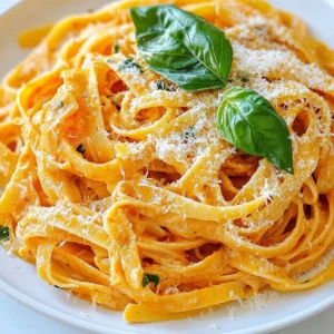 To make creamy roasted red pepper pasta, gather these simple ingredients: - 12 oz (340g) pasta of choice (fettuccine or penne recommended) - 3 large red bell peppers, roasted and peeled - 1 cup heavy cream - 2 tablespoons olive oil - 3 cloves garlic, minced - 1 teaspoon smoked paprika - 1 teaspoon dried basil - Salt and pepper to taste - Fresh basil leaves, for garnish - Grated Parmesan cheese, for serving Each ingredient plays a key role in bringing out rich flavors. The roasted red peppers add sweetness, while heavy cream gives the dish its creamy texture. While you can use any pasta, fettuccine and penne work best. Fettuccine's flat shape holds the sauce well, while penne's tubes catch every bit of flavor. Both types create a satisfying bite. To enhance your dish, consider these garnishes: - Fresh basil leaves: They add color and a burst of fresh flavor. - Grated Parmesan cheese: This adds a salty, nutty touch. Feel free to experiment with other toppings, like crushed red pepper flakes for heat or pine nuts for crunch. These small additions can elevate the entire meal. {{ingredient_image_1}} To start, boil a large pot of salted water. Add 12 ounces of your favorite pasta. Fettuccine or penne works great here. Cook the pasta according to the package instructions. I usually aim for al dente, which gives a nice bite. Once it’s done, save 1 cup of the pasta water before draining. Set the pasta aside. Next, we need to roast three large red bell peppers. You can do this over an open flame or in the oven. If using the oven, set it to broil. Roast the peppers until the skin is nicely charred. This adds a sweet, smoky flavor. Once charred, let them cool down. Peel off the skin and remove the seeds. Now it’s time to make the sauce. In a blender, combine the roasted peppers, one cup of heavy cream, two tablespoons of olive oil, three minced garlic cloves, one teaspoon of smoked paprika, one teaspoon of dried basil, and a pinch of salt and pepper. Blend everything until it’s smooth and creamy. The sauce should be thick but pourable. In a large skillet over medium heat, pour in the creamy roasted red pepper sauce. Bring the sauce to a gentle simmer. Add the drained pasta to the skillet. If the sauce is too thick, slowly mix in some reserved pasta water. Stir until the pasta is well coated in the sauce. Once everything is mixed, taste your dish. Adjust the seasoning if needed. Now, it’s time to plate! Divide the pasta among plates. Garnish with fresh basil leaves and sprinkle with grated Parmesan cheese. Enjoy your creamy roasted red pepper pasta! Roasting red peppers gives them a sweet, smoky flavor. You can roast them over an open flame or in the oven. If using a flame, hold the pepper with tongs until the skin is blackened. For the oven, place them on a baking sheet and set it to broil. Turn them every few minutes until all sides are charred. After roasting, let them cool. This makes peeling easier. Remove the skin and seeds before using them in your sauce. The sauce may be thick after blending. If it is too thick, use some reserved pasta water to thin it out. Start by adding a little water at a time. Stir and check the texture. You want it creamy, not runny. This method helps to keep the sauce rich while ensuring it coats your pasta nicely. To boost the flavor of your creamy sauce, consider adding more spices. A pinch of cayenne pepper can add heat. Fresh herbs like thyme or oregano add depth. You might also try adding a squeeze of lemon juice for brightness. Experiment with these options to find your perfect flavor balance. Don't forget to taste and adjust the seasoning as you go! Pro Tips Roast the Peppers Well: Ensure the red bell peppers are charred evenly for a deeper flavor. This adds a smoky richness to the sauce. Use Reserved Pasta Water: Don't forget to reserve pasta water before draining. It helps to adjust the sauce consistency while adding flavor. Blend Until Smooth: For a perfectly creamy sauce, blend the roasted peppers and cream until completely smooth, with no lumps remaining. Garnish Generously: Fresh basil and grated Parmesan cheese add not only flavor but also a beautiful presentation to your dish. {{image_2}} You can easily make this dish vegetarian by leaving out the cheese. To make it vegan, swap the heavy cream for a plant-based cream. Coconut cream works well here. You could also use cashew cream for a nutty taste. Both options keep the dish rich and smooth. For a protein boost, consider adding grilled chicken or shrimp. Cook them in the same skillet before adding the sauce. You can also add chickpeas or lentils for a plant-based protein. They blend well with the creamy sauce. Just toss them in with the pasta for a hearty meal. Feel free to change up the seasonings to match your taste. If you want a spicy kick, add red pepper flakes. For a fresh flavor, mix in some lemon juice or zest. You can also try different herbs like oregano or thyme. These changes can make your dish unique and fun. After you enjoy your creamy roasted red pepper pasta, store leftovers in an airtight container. Keep the pasta in the fridge for up to three days. Make sure to let it cool before sealing. This helps maintain its texture and flavor. To reheat your pasta, you can use the microwave or the stovetop. If using the microwave, place the pasta in a bowl and cover it. Heat in short bursts of 30 seconds, stirring in between. If using the stovetop, add a splash of water or cream to a pan. Heat over low heat, stirring until hot. This keeps the sauce creamy. You can freeze the pasta for longer storage. First, let it cool completely. Then, place it in a freezer-safe container. It can last up to three months in the freezer. When ready to eat, thaw it overnight in the fridge. Reheat as mentioned above. This way, you can enjoy a quick meal on busy days! Yes, you can use jarred roasted red peppers. They save time and still taste great. Look for ones packed in water or oil. These peppers will bring good flavor to your sauce. Just drain them before using. If you want a richer taste, try to use fresh roasted peppers when you can. Fettuccine or penne works best for this dish. Both hold the creamy sauce well. Fettuccine has a nice flat shape that grabs the sauce. Penne's tube shape lets the sauce get inside. You can also use other pasta types like spaghetti or farfalle. Choose what you like best! To make this dish gluten-free, simply use gluten-free pasta. Many brands offer great options that mimic regular pasta. Just cook it according to the package. The sauce is naturally gluten-free, so you don’t need to change it. Enjoy this tasty dish without worry! Yes, you can make this recipe ahead of time. Cook the pasta and sauce, then store them separately. Keep the sauce in the fridge for up to three days. When ready to eat, warm the sauce and mix it with the pasta. If the sauce thickens, add some reserved pasta water to loosen it up. This blog post covered all the steps to make a delicious pasta dish. We started with the key ingredients needed for a creamy sauce. Then, I walked you through cooking pasta and roasting peppers. We blended everything together for rich flavor. I included tips to improve your dish and variations for different diets. Remember, leftovers store well and can be reheated easily. Enjoy making this dish your own! Save time with the FAQs for quick answers.