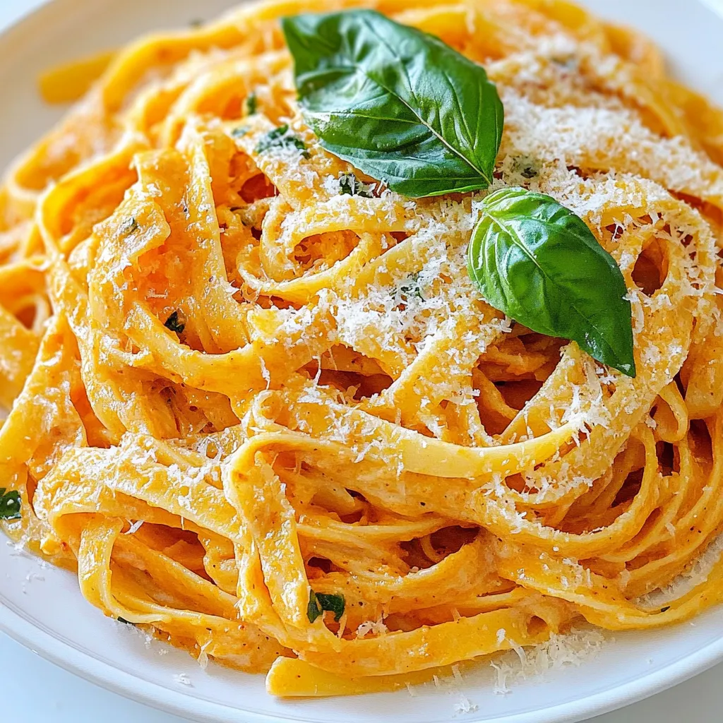 To make creamy roasted red pepper pasta, gather these simple ingredients: - 12 oz (340g) pasta of choice (fettuccine or penne recommended) - 3 large red bell peppers, roasted and peeled - 1 cup heavy cream - 2 tablespoons olive oil - 3 cloves garlic, minced - 1 teaspoon smoked paprika - 1 teaspoon dried basil - Salt and pepper to taste - Fresh basil leaves, for garnish - Grated Parmesan cheese, for serving Each ingredient plays a key role in bringing out rich flavors. The roasted red peppers add sweetness, while heavy cream gives the dish its creamy texture. While you can use any pasta, fettuccine and penne work best. Fettuccine's flat shape holds the sauce well, while penne's tubes catch every bit of flavor. Both types create a satisfying bite. To enhance your dish, consider these garnishes: - Fresh basil leaves: They add color and a burst of fresh flavor. - Grated Parmesan cheese: This adds a salty, nutty touch. Feel free to experiment with other toppings, like crushed red pepper flakes for heat or pine nuts for crunch. These small additions can elevate the entire meal. {{ingredient_image_1}} To start, boil a large pot of salted water. Add 12 ounces of your favorite pasta. Fettuccine or penne works great here. Cook the pasta according to the package instructions. I usually aim for al dente, which gives a nice bite. Once it’s done, save 1 cup of the pasta water before draining. Set the pasta aside. Next, we need to roast three large red bell peppers. You can do this over an open flame or in the oven. If using the oven, set it to broil. Roast the peppers until the skin is nicely charred. This adds a sweet, smoky flavor. Once charred, let them cool down. Peel off the skin and remove the seeds. Now it’s time to make the sauce. In a blender, combine the roasted peppers, one cup of heavy cream, two tablespoons of olive oil, three minced garlic cloves, one teaspoon of smoked paprika, one teaspoon of dried basil, and a pinch of salt and pepper. Blend everything until it’s smooth and creamy. The sauce should be thick but pourable. In a large skillet over medium heat, pour in the creamy roasted red pepper sauce. Bring the sauce to a gentle simmer. Add the drained pasta to the skillet. If the sauce is too thick, slowly mix in some reserved pasta water. Stir until the pasta is well coated in the sauce. Once everything is mixed, taste your dish. Adjust the seasoning if needed. Now, it’s time to plate! Divide the pasta among plates. Garnish with fresh basil leaves and sprinkle with grated Parmesan cheese. Enjoy your creamy roasted red pepper pasta! Roasting red peppers gives them a sweet, smoky flavor. You can roast them over an open flame or in the oven. If using a flame, hold the pepper with tongs until the skin is blackened. For the oven, place them on a baking sheet and set it to broil. Turn them every few minutes until all sides are charred. After roasting, let them cool. This makes peeling easier. Remove the skin and seeds before using them in your sauce. The sauce may be thick after blending. If it is too thick, use some reserved pasta water to thin it out. Start by adding a little water at a time. Stir and check the texture. You want it creamy, not runny. This method helps to keep the sauce rich while ensuring it coats your pasta nicely. To boost the flavor of your creamy sauce, consider adding more spices. A pinch of cayenne pepper can add heat. Fresh herbs like thyme or oregano add depth. You might also try adding a squeeze of lemon juice for brightness. Experiment with these options to find your perfect flavor balance. Don't forget to taste and adjust the seasoning as you go! Pro Tips Roast the Peppers Well: Ensure the red bell peppers are charred evenly for a deeper flavor. This adds a smoky richness to the sauce. Use Reserved Pasta Water: Don't forget to reserve pasta water before draining. It helps to adjust the sauce consistency while adding flavor. Blend Until Smooth: For a perfectly creamy sauce, blend the roasted peppers and cream until completely smooth, with no lumps remaining. Garnish Generously: Fresh basil and grated Parmesan cheese add not only flavor but also a beautiful presentation to your dish. {{image_2}} You can easily make this dish vegetarian by leaving out the cheese. To make it vegan, swap the heavy cream for a plant-based cream. Coconut cream works well here. You could also use cashew cream for a nutty taste. Both options keep the dish rich and smooth. For a protein boost, consider adding grilled chicken or shrimp. Cook them in the same skillet before adding the sauce. You can also add chickpeas or lentils for a plant-based protein. They blend well with the creamy sauce. Just toss them in with the pasta for a hearty meal. Feel free to change up the seasonings to match your taste. If you want a spicy kick, add red pepper flakes. For a fresh flavor, mix in some lemon juice or zest. You can also try different herbs like oregano or thyme. These changes can make your dish unique and fun. After you enjoy your creamy roasted red pepper pasta, store leftovers in an airtight container. Keep the pasta in the fridge for up to three days. Make sure to let it cool before sealing. This helps maintain its texture and flavor. To reheat your pasta, you can use the microwave or the stovetop. If using the microwave, place the pasta in a bowl and cover it. Heat in short bursts of 30 seconds, stirring in between. If using the stovetop, add a splash of water or cream to a pan. Heat over low heat, stirring until hot. This keeps the sauce creamy. You can freeze the pasta for longer storage. First, let it cool completely. Then, place it in a freezer-safe container. It can last up to three months in the freezer. When ready to eat, thaw it overnight in the fridge. Reheat as mentioned above. This way, you can enjoy a quick meal on busy days! Yes, you can use jarred roasted red peppers. They save time and still taste great. Look for ones packed in water or oil. These peppers will bring good flavor to your sauce. Just drain them before using. If you want a richer taste, try to use fresh roasted peppers when you can. Fettuccine or penne works best for this dish. Both hold the creamy sauce well. Fettuccine has a nice flat shape that grabs the sauce. Penne's tube shape lets the sauce get inside. You can also use other pasta types like spaghetti or farfalle. Choose what you like best! To make this dish gluten-free, simply use gluten-free pasta. Many brands offer great options that mimic regular pasta. Just cook it according to the package. The sauce is naturally gluten-free, so you don’t need to change it. Enjoy this tasty dish without worry! Yes, you can make this recipe ahead of time. Cook the pasta and sauce, then store them separately. Keep the sauce in the fridge for up to three days. When ready to eat, warm the sauce and mix it with the pasta. If the sauce thickens, add some reserved pasta water to loosen it up. This blog post covered all the steps to make a delicious pasta dish. We started with the key ingredients needed for a creamy sauce. Then, I walked you through cooking pasta and roasting peppers. We blended everything together for rich flavor. I included tips to improve your dish and variations for different diets. Remember, leftovers store well and can be reheated easily. Enjoy making this dish your own! Save time with the FAQs for quick answers.