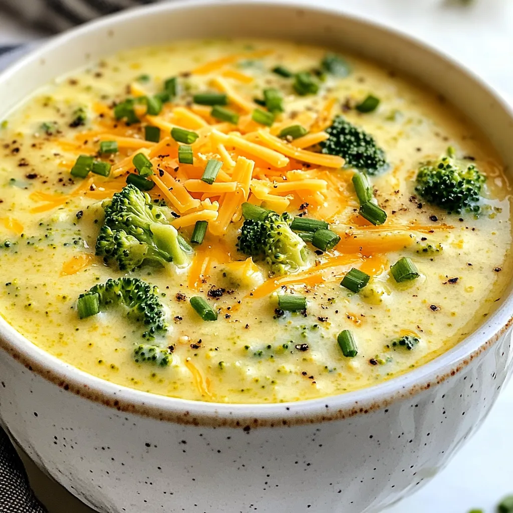To make this creamy soup, you need these key ingredients: - 2 tablespoons unsalted butter - 1 medium onion, diced - 2 cloves garlic, minced - 4 cups broccoli florets (fresh or frozen) - 4 cups vegetable broth - 1 cup carrots, shredded - 1 teaspoon dried thyme - Salt and pepper to taste - 1 cup heavy cream - 2 cups sharp cheddar cheese, grated These ingredients create a rich and savory base for the soup. The butter brings a nice flavor, while the onions and garlic add depth. Broccoli and carrots provide color and nutrition. The thyme gives it a nice herbal note, and the cheddar makes it creamy and cheesy. You can elevate your soup with these optional ingredients: - 1 tablespoon Dijon mustard - Fresh chives or parsley for garnish The Dijon mustard adds a tangy kick. Fresh herbs give a pop of color and flavor. You can get creative and add spices or other cheese if you like. Gather these tools to make your cooking easy: - Large pot or Dutch oven - Ladle - Immersion blender or countertop blender - Cutting board - Knife - Measuring cups and spoons Having the right tools can make a big difference. A blender is key for that smooth texture. Plus, a good knife makes chopping easy and safe. {{ingredient_image_1}} First, gather your ingredients. You need: - 2 tablespoons unsalted butter - 1 medium onion, diced - 2 cloves garlic, minced - 4 cups broccoli florets - 4 cups vegetable broth - 1 cup carrots, shredded - 1 teaspoon dried thyme - Salt and pepper to taste - 1 cup heavy cream - 2 cups sharp cheddar cheese, grated - 1 tablespoon Dijon mustard (optional) - Fresh chives or parsley for garnish Next, wash and chop the broccoli. Dice the onion and mince the garlic. Shred the carrots. This makes cooking faster. In a large pot, melt the butter over medium heat. Add the diced onion. Cook it for about 5 minutes until it looks clear. Then, stir in the minced garlic. Cook for another minute to release its nice smell. Add the broccoli florets and shredded carrots. Sprinkle the dried thyme on top. Stir everything together for about 2 minutes. This helps the flavors mix. Pour in the vegetable broth. Bring it to a boil. Once boiling, lower the heat. Let it simmer for about 15 minutes. You want the broccoli to be soft. Now comes the fun part! Use an immersion blender to blend the soup until smooth. If you don’t have one, carefully pour the soup into a blender. Blend it in batches, then return it to the pot. Stir in the heavy cream. Heat it gently. Add the grated cheddar cheese slowly, stirring all the time. This makes the soup creamy and cheesy. If you like, mix in the Dijon mustard for a kick. Finally, season with salt and pepper to taste. Serve hot, topped with fresh chives or parsley for a nice touch. Enjoy your tasty soup! To boost the taste of your soup, start with good broth. A rich vegetable broth makes a big difference. Add a pinch of red pepper flakes for some heat. Fresh herbs like thyme or rosemary can brighten the flavor. If you want a tangy kick, try mixing in Dijon mustard. Don’t skip the cheese—sharp cheddar adds a lot. One mistake is overcooking the broccoli. It should be tender but still vibrant green. Blending too long can make the soup too thin. If you want a chunky texture, blend just half. Adding cheese too quickly can cause it to clump. Stir it in slowly when the soup is warm, not boiling. Forgetting to season with salt and pepper can dull the taste. Serve your soup in wide bowls for a nice look. Top with extra cheese and fresh herbs for color. Croutons add a great crunch and contrast. Pair the soup with warm, crusty bread for a full meal. For a special touch, drizzle with a bit of olive oil or cream. Enjoy your creamy broccoli cheddar soup with family and friends! Pro Tips Use Fresh Ingredients: Fresh broccoli and carrots will enhance the flavor and texture of your soup, making it more vibrant and nutritious. Adjust the Thickness: If you prefer a thicker soup, reduce the amount of broth or blend for a longer time. For a thinner consistency, add more broth gradually. Cheese Choice Matters: Opt for high-quality sharp cheddar cheese for a more robust flavor. You can also mix in Gruyère for added richness. Storage Tips: Store leftover soup in an airtight container in the fridge for up to 3 days. Reheat gently to maintain creaminess. {{image_2}} You can change this soup in many fun ways. Try adding some cooked potatoes for a heartier texture. If you love spice, toss in some red pepper flakes. You can also add cooked chicken or bacon for extra protein. Want it a bit zestier? Squeeze some lemon juice before serving. Each of these tweaks can make the soup your own. If you want a vegetarian version, just skip the chicken. Use vegetable broth and keep the cheese. For a vegan soup, swap the heavy cream for coconut milk or cashew cream. You can use a plant-based cheese for the cheddar. This way, you keep the flavor and make it vegan-friendly. Cheddar is classic, but you can mix things up! Try Gruyère for a nutty taste or mozzarella for extra stretchiness. A blend of cheeses can also work well. Mix cheddar with goat cheese for a tangy twist. Each cheese brings its own flavor, so feel free to experiment! To keep your creamy broccoli cheddar soup fresh, let it cool first. Transfer it to an airtight container. This helps prevent any odors from other foods. Store it in the fridge for up to three days. Always label your container with the date. This way, you know when to use it. When it’s time to enjoy leftovers, reheat the soup gently. You can use a pot on the stove. Heat over low to medium heat, stirring often. This prevents the cheese from sticking or burning. If you prefer the microwave, use a microwave-safe bowl. Heat in short bursts, stirring in between, until hot. Freezing is a great way to save your soup for later. Pour cooled soup into freezer-safe containers, leaving space for expansion. Seal tightly to avoid freezer burn. It can last for up to three months in the freezer. When ready to eat, thaw it in the fridge overnight. Then, reheat as mentioned above. You can swap heavy cream with whole milk or half-and-half. If you want a lighter option, try using evaporated milk. For a dairy-free choice, coconut milk works nicely too. Each option will change the flavor a bit. Whole milk keeps it creamy but lighter. To thicken the soup, you can add a cornstarch slurry. Mix equal parts cornstarch and cold water, then stir it in while cooking. Another way is to add more cheese. Grated cheddar adds flavor and creaminess. You can also blend a portion of the broccoli to make it thicker. Yes, you can use frozen broccoli. It is a great time-saver. Just add it straight to the pot without thawing. The cooking time may be a bit longer, but it will still turn out tasty. Frozen broccoli is just as nutritious as fresh. This soup stays good in the fridge for about 3 to 4 days. Store it in an airtight container to keep it fresh. Reheat it slowly on the stove to maintain its creamy texture. Avoid boiling it again, as that can change the taste. This blog showed you how to make creamy broccoli cheddar soup. You learned about key ingredients, tools, and the steps to cook it right. I shared tips to boost flavor and avoid mistakes, plus serving ideas. You can even customize the recipe or find storage tips for leftovers. Remember, this soup can be adjusted to fit your taste. Enjoy making this warm dish that’s great for any meal!