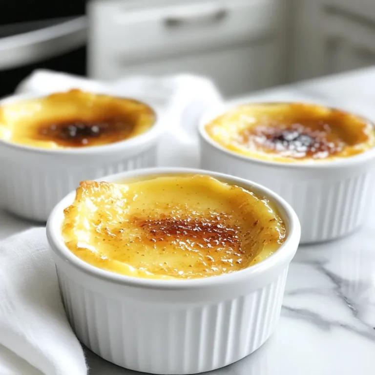- 2 cups heavy cream - 1 vanilla bean, split and seeds scraped - 4 large egg yolks - 1/2 cup granulated sugar (plus extra for topping) - 1 teaspoon vanilla extract - A pinch of salt The main ingredients for vanilla bean crème brûlée are simple. First, heavy cream gives that rich, smooth texture. The vanilla bean adds a burst of flavor. Egg yolks help create the custard base. Granulated sugar sweetens the mix and forms that crunchy top. Vanilla extract enhances the overall taste. A pinch of salt balances the sweetness. - Ramekins - Mixing bowls - Fine-mesh sieve - Kitchen torch or broiler To make this dessert, you need a few tools. Ramekins hold the custard as it bakes. Mixing bowls help combine all the ingredients. A fine-mesh sieve ensures a smooth custard by removing lumps. A kitchen torch or broiler will caramelize the sugar top. Each tool plays an important role in making your crème brûlée a success. {{ingredient_image_1}} - Preheat your oven to 325°F (160°C). - In a medium saucepan, combine 2 cups of heavy cream with the seeds from 1 split vanilla bean and the pod. Heat this mix over medium heat until it starts to simmer. Remove it from heat and let it sit for about 15 minutes. This allows the vanilla flavor to seep in. - Take 4 large egg yolks and 1/2 cup of granulated sugar. Whisk them together in a bowl until the mix turns pale and thick. - Slowly pour the warm cream into the egg yolk mix while whisking. This helps avoid scrambling the eggs. - Strain the mixture through a fine-mesh sieve into a clean bowl. Straining gets rid of any bits of cooked egg. - Place four ramekins in a baking dish. Pour the custard mix evenly into each ramekin. - Add hot water to the baking dish, filling it halfway up the sides of the ramekins. This water bath helps cook the custard evenly. - Bake in the oven for about 30 to 35 minutes. The custard should be set but still a bit wobbly in the center. - Once done, remove the ramekins from the water bath and let them cool to room temperature. Then, refrigerate for at least 2 hours or overnight. To get the best texture, bake low and slow. A low oven temperature helps the custard set gently. This makes it smooth and creamy. Check it around 30 minutes. The center should jiggle a bit. If it jiggles too much, it needs more time. Cooling is key! Let the ramekins cool at room temp first. Then, cover and chill them in the fridge for at least two hours. This helps the flavors blend and the texture firm up. For best results, chill overnight. Caramelizing the sugar is the fun part! If you have a kitchen torch, hold it a few inches above the sugar. Move it in small circles until the sugar melts and turns golden brown. This creates a nice crunch on top. If you don’t have a torch, use your oven’s broiler. Place the ramekins on a baking sheet. Sprinkle sugar on top, then broil them for 2-3 minutes. Watch closely to avoid burning. The sugar should melt and turn golden. Using high-quality vanilla makes a big difference. Look for real vanilla beans or pure vanilla extract. They add rich flavor that will shine through. You can also play with flavors! Add a bit of orange zest for a citrus twist. Or, try a hint of coffee for a deeper taste. Just mix these in when you whisk the egg yolks and sugar. It’s all about finding what you love! Pro Tips Use Fresh Vanilla Beans: Fresh vanilla beans provide a more intense and aromatic flavor than vanilla extract, elevating the overall taste of your crème brûlée. Temperature is Key: Ensure your cream mixture is warm but not boiling when combining with the egg yolks to avoid curdling. This gentle process creates a smooth custard. Strain for Smoothness: Straining the custard mixture through a fine-mesh sieve eliminates any curdled egg bits, ensuring a silky texture in your final dessert. Perfect Sugar Caramelization: When caramelizing the sugar, move the torch in a circular motion to achieve even melting and prevent burning, resulting in a perfect golden crust. {{image_2}} You can change the flavor of your crème brûlée easily. Here are some fun ideas: - Chocolate crème brûlée: Add melted dark chocolate to the cream before mixing it with the egg yolks. This gives a rich taste that chocolate lovers will adore. - Coffee or espresso-infused crème brûlée: Mix in brewed coffee or espresso with the cream. This adds a lovely coffee kick to your dessert. - Seasonal fruit additions: You can also fold in pureed fruits like strawberries or mangoes into the custard. This adds a fresh twist and a pop of color. Want to make your dessert fit your diet? Here are some great swaps: - Dairy-free alternatives: Use coconut cream instead of heavy cream. It gives a nice flavor and keeps it creamy. You can also try almond or soy milk for a lighter version. - Sugar substitutes for lower-calorie options: Swap granulated sugar with stevia or monk fruit sweetener. These choices reduce calories without losing sweetness. Just remember to check the conversion rate on the package for best results. To keep your crème brûlée fresh, cover it tightly with plastic wrap. This stops any odors from the fridge from changing its flavor. You can also place the ramekins in an airtight container. Crème brûlée can last for up to 3 days in the fridge. Just remember to add the sugar topping right before serving to keep that crunchy layer. If you need to reheat your crème brûlée, do it gently. Place the ramekin in a warm water bath for about 10 minutes. This method warms it without making it runny. Avoid using a microwave, as it can ruin the texture. After reheating, you can add fresh sugar and caramelize it for that perfect crisp top. What can I use instead of a kitchen torch? You can use your oven's broiler. Just place the ramekins under the broiler for 2-3 minutes. Keep a close eye to avoid burning. The broiler will caramelize the sugar just like a kitchen torch would. Can I make crème brûlée a day in advance? Yes, you can! Prepare the custard and chill it in the fridge. Just add the sugar and caramelize right before serving. This makes it easy to impress your guests. How do I know when the custard is done baking? The custard should be set around the edges but still slightly jiggly in the center. If it looks too wobbly, it needs more time. Watch closely during the last few minutes to avoid overbaking. Why did my crème brûlée curdle? Curdling happens when the eggs cook too fast. Always whisk the egg mixture while adding the warm cream slowly. This helps keep the eggs from cooking too quickly and getting lumpy. How to fix a too-sweet dessert? If your crème brûlée is too sweet, serve it with fresh fruit. Berries or citrus can balance the sweetness. You can also reduce the sugar in your next batch for a better taste. To make crème brûlée, you need a few key ingredients and tools. Focus on heavy cream, egg yolks, and good vanilla. Follow the steps carefully, from heating the cream to straining the custard. Remember tips for baking and cooling to get the right texture. You can also try fun variations like chocolate or coffee flavors. Store your creations properly and enjoy them later. With practice, you'll make great crème brûlée that impresses everyone. Keep experimenting and have fun in the kitchen!