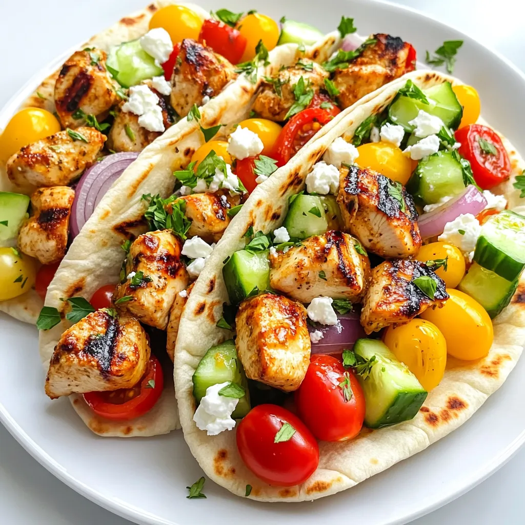 To make Greek chicken souvlaki, you need key ingredients that bring flavor and texture. Here’s what you will need: - 1 lb chicken breast, cut into 1-inch cubes - 3 tablespoons olive oil - 2 tablespoons lemon juice - 2 cloves garlic, minced - 1 teaspoon dried oregano - 1 teaspoon ground cumin - Salt and pepper to taste These ingredients create a tasty marinade that helps the chicken soak up all the great flavors. For a fresh and bright bite, include these ingredients: - 4 pita breads - 1 cup cherry tomatoes, halved - 1 cucumber, diced - ½ red onion, thinly sliced - 1 cup Greek yogurt These fresh items add crunch and creaminess to your pita. They balance the grilled chicken perfectly. While the basic souvlaki is delicious, you can elevate it with these optional toppings: - Fresh parsley, chopped for garnish - Feta cheese, crumbled for topping These extras add color and flavor to your dish. You can mix and match based on your taste! {{ingredient_image_1}} Start by gathering all your ingredients. In a bowl, mix together 3 tablespoons of olive oil, 2 tablespoons of lemon juice, and 2 minced garlic cloves. Add 1 teaspoon of dried oregano and 1 teaspoon of ground cumin. Season with salt and pepper to taste. Whisk everything until well combined. This marinade brings out the best in the chicken. Take 1 pound of chicken breast and cut it into 1-inch cubes. Place the chicken into the bowl with the marinade. Stir well to ensure every piece is coated. Cover the bowl and let the chicken marinate in the fridge. Aim for at least 30 minutes, but 2 hours gives even more flavor. This step is key for juicy, tasty chicken. Preheat your grill or grill pan to medium-high heat. Thread the marinated chicken onto skewers, leaving space between each piece. Grill the skewers for 10 to 12 minutes. Turn them occasionally until the chicken is fully cooked. It should reach an internal temperature of 165°F and have nice char marks. While the chicken cooks, warm 4 pita breads on the grill for 1 to 2 minutes per side. They should be slightly toasted and warm. Once the chicken is done, remove it from the skewers and place it inside each warm pita. To make the best grilled chicken, choose fresh chicken breasts. Cut them into 1-inch cubes for even cooking. Marinate your chicken for at least 30 minutes. This adds flavor and keeps it juicy. Use a mix of olive oil, lemon juice, garlic, and spices. The oil helps to prevent sticking on the grill. Preheat your grill to medium-high heat. This ensures a nice char on the outside. Grill the chicken for 10-12 minutes. Turn them occasionally to cook evenly. The chicken should reach an internal temperature of 165°F. This means it is safe to eat. If you have leftovers, store them right away. Place the chicken and pitas in separate airtight containers. This keeps them fresh longer. Refrigerate the leftovers within two hours of cooking. They will stay good for about three to four days. If you want to keep them longer, freeze the chicken. Wrap it tightly in plastic wrap and foil. This prevents freezer burn. When ready to eat, thaw the chicken in the fridge overnight. For a great serving experience, warm your pita breads first. This makes them soft and easy to fold. Use fresh toppings like cherry tomatoes, cucumbers, and red onions. A dollop of Greek yogurt adds creaminess. Finish with crumbled feta for a salty kick. You can also add fresh parsley on top for color. Serve with a side of tzatziki for extra flavor. For a fun twist, try adding pickled vegetables or olives. Enjoy your meal with friends or family for a true feast! Pro Tips Marinate Longer for Flavor: For the best flavor, marinate the chicken for at least 1 hour, or up to 2 hours if time allows. This allows the spices and lemon to deeply penetrate the meat. Use Skewers Soak: If using wooden skewers, soak them in water for 30 minutes before grilling. This prevents them from burning on the grill. Check Internal Temperature: Ensure your chicken is fully cooked by checking that the internal temperature reaches 165°F. This ensures juicy, tender chicken and food safety. Customize Your Toppings: Feel free to add your favorite toppings! Consider adding olives, bell peppers, or even a spicy sauce for an extra flavor kick. {{image_2}} If you want a meat-free option, try using firm tofu or seitan. Cut them into 1-inch cubes just like the chicken. Marinate the tofu or seitan with the same olive oil, lemon juice, garlic, and spices. Grill them just like you would the chicken. Both options soak up flavors well and add great texture to your meal. You can mix up the marinade for a new taste. Try adding yogurt for a creamy twist. A splash of balsamic vinegar can add a sweet note. For a spicy kick, toss in some red pepper flakes or a dash of hot sauce. Each change brings a new flavor to your souvlaki, making it fun to explore. Pita is great, but you can serve your souvlaki in many ways. Use lettuce wraps for a low-carb choice. You can also serve it over a bed of rice or quinoa for a hearty meal. Try a fresh salad base to make it lighter. Each option gives a new take on this classic dish. To keep your leftover souvlaki fresh, first let it cool down. Place the chicken in an airtight container. Store it in the fridge for up to three days. This keeps it safe to eat later. If you have leftover veggies, store them in a separate container. They stay crisp and fresh this way. You can freeze the chicken souvlaki for later use. Place the cooled chicken in a freezer bag. Remove as much air as possible before sealing. This helps prevent freezer burn. You can also freeze the marinated chicken before cooking. Just make sure to thaw it in the fridge before grilling. When you're ready to eat, reheat the chicken souvlaki for the best taste. You can use a skillet over medium heat. Just add a splash of olive oil to keep it moist. Heat for about 5 minutes, stirring often. If you're in a hurry, you can microwave it. Just heat in short bursts, checking every 30 seconds to avoid overcooking. Enjoy your delicious meal again! The best way to marinate chicken for souvlaki is simple. Use olive oil, lemon juice, garlic, oregano, and cumin. Mix these in a bowl. Add salt and pepper for taste. Place your chicken cubes in the marinade. Stir well to coat each piece. Cover the bowl and refrigerate. Let it sit for at least 30 minutes. This step helps the chicken absorb all the flavors. For even better taste, marinate for up to 2 hours. Yes, you can make Greek chicken souvlaki in the oven. Preheat your oven to 400°F. Thread the marinated chicken onto skewers. Place them on a baking sheet lined with parchment paper. Bake for about 15-20 minutes. Make sure the chicken reaches an internal temperature of 165°F. You can turn the skewers halfway through for even cooking. This method gives you juicy chicken with less mess. Many sides pair well with souvlaki pitas. Here are some great options: - Greek salad: Fresh tomatoes, cucumbers, and feta cheese. - Roasted vegetables: Zucchini and bell peppers work well. - Tzatziki sauce: A cool yogurt dip made with cucumber and garlic. - Rice pilaf: Fluffy rice with herbs and lemon. - Hummus: A creamy chickpea dip that adds flavor. These sides complement the flavors of the souvlaki and make your meal more enjoyable. Greek chicken souvlaki is a fun and tasty dish. We covered the main ingredients and their freshness. You learned how to prepare the marinade and grill the chicken perfectly. Tips for storing leftovers and serving options help to keep it simple. You now know variations, like vegetarian options and flavor twists. Finally, I shared storage and reheating methods to enjoy it longer. With these steps, you can make delicious souvlaki at home, bringing a taste of Greece to your table. Enjoy your cooking journey!