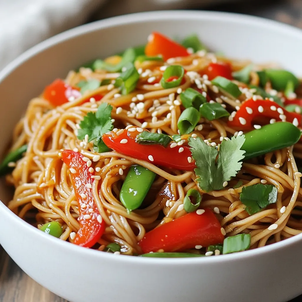 - 200g soba noodles - 2 tablespoons sesame oil - 1 tablespoon chili garlic sauce - 2 tablespoons soy sauce (or tamari for gluten-free) - 1 tablespoon rice vinegar - 1 teaspoon honey or maple syrup - 1 red bell pepper, thinly sliced - 1 cup snap peas, trimmed - 2 green onions, thinly sliced - 1 tablespoon sesame seeds - Fresh cilantro for garnish - Optional: Sriracha for extra heat When you choose your ingredients, aim for the best. Fresh vegetables make a big difference. Look for bright red bell peppers and snap peas that snap when you bend them. Quality soba noodles should be firm and not broken. For sauces, use high-quality sesame oil and soy sauce. This enhances the flavor of your dish. If you have allergies, or if you need alternatives, there are many options. For gluten-free, use tamari instead of soy sauce. If you dislike soba noodles, try rice noodles or whole wheat pasta. For those who can't eat sesame, olive oil works well. You can switch out the vegetables too. Broccoli, carrots, or spinach can add great taste. {{ingredient_image_1}} First, fill a large pot with salted water. Bring it to a boil. Once boiling, add the soba noodles. Cook the noodles for about 4 to 6 minutes. Check the package for exact times. When they are done, drain the noodles. Rinse them in cold water to stop the cooking. This keeps them from getting mushy. Grab a small bowl for the sauce. In this bowl, whisk together sesame oil, chili garlic sauce, soy sauce, rice vinegar, and honey or maple syrup. Mix until it's smooth and well combined. Want more heat? Just add more chili garlic sauce to taste. This sauce gives the noodles their spicy kick. Get a large skillet and add a little sesame oil. Heat it over medium heat. Once hot, add the thinly sliced red bell pepper and snap peas. Stir-fry these veggies for about 2 to 3 minutes. You want them tender but still bright and colorful. This step adds crunch and freshness to your dish. Now, add the cooked soba noodles to your skillet with the veggies. Pour your sauce over everything. Toss all the ingredients together until the noodles are fully coated. Keep tossing for about 2 minutes until everything is heated through. This step mixes all the flavors well. Once mixed, take the skillet off the heat. Transfer the noodle bowl to serving bowls. Top with sliced green onions, sesame seeds, and fresh cilantro. If you like it spicy, drizzle some Sriracha on top. Serve it hot, and enjoy your meal! To change the heat level, you can adjust the chili garlic sauce. If you want it milder, use just one tablespoon. For more heat, add a little more sauce. You can also add Sriracha on top for extra spice. Just remember to taste as you go. This way, you can find the right balance that suits you. Cooking soba noodles is simple. Use a large pot with salted water. Bring it to a boil before adding the noodles. Follow the package instructions for cooking time, usually 4-6 minutes. After cooking, drain the noodles and rinse them in cold water. This stops the cooking and keeps them from getting mushy. For a beautiful presentation, use deep bowls. Heap the noodles in the center of the bowl. Garnish with sliced green onions, sesame seeds, and fresh cilantro. Add a wedge of lime on the side for a zesty touch. Using chopsticks can make eating more fun and engaging. This adds to the overall experience of your meal. Pro Tips Perfect Noodle Texture: Ensure you rinse the soba noodles in cold water immediately after cooking to stop the cooking process and maintain their firm texture. Customize the Heat: Adjust the amount of chili garlic sauce in the dressing according to your spice preference. Start with less and gradually increase for the perfect balance. Colorful Veggies: Use a variety of colorful vegetables like carrots, zucchini, or broccoli for added nutrition and visual appeal. Meal Prep Friendly: This dish is great for meal prep! Store the noodles and sauce separately from the vegetables to keep everything fresh throughout the week. {{image_2}} To make your Spicy Sesame Noodle Bowl vegetarian, simply swap the protein. You can add tofu, which soaks up flavors well. Firm tofu is best. Just press it to remove water, then cube it. Stir-fry the cubes until golden. You can also use tempeh for a nutty taste. Chickpeas are another great choice. They add protein and a nice texture. If you want more protein, consider chicken or shrimp. For chicken, use boneless thighs or breasts. Cook them in the skillet first, then set aside. For shrimp, add them to the pan after the veggies. Cook until they turn pink. Both options boost protein while keeping the dish tasty. You can easily change the flavor too. Try adding fresh ginger for a spicy, warm note. Garlic adds depth; just sauté it with the veggies. For a tangy twist, add lime juice before serving. You can also use different vegetables. Broccoli or carrots work well. Each change brings a new taste to your bowl. To store your Spicy Sesame Noodle Bowl, let it cool first. Place leftovers in an airtight container. This keeps the noodles fresh and prevents them from drying out. Your dish will stay good in the fridge for about 3 days. Make sure to label the container with the date. To reheat, add a splash of water to your noodles. This helps them regain moisture. Heat in a pan over medium heat. Stir often until the noodles are hot, about 5 minutes. You can also use a microwave. Cover the bowl and heat in short bursts, stirring in between. Freezing is a great option if you want to save some for later. Place your cool noodles in a freezer-safe container. They can freeze for up to 2 months. When ready to eat, thaw in the fridge overnight. Reheat as mentioned above for the best results. Soba noodles are thin, brown noodles made from buckwheat flour. They have a nutty flavor. These noodles are popular in Japan and are great for many dishes. They cook quickly, usually in 4-6 minutes. You can enjoy them hot or cold. Yes, you can! To make this dish gluten-free, use tamari instead of soy sauce. Tamari is similar in taste but made without wheat. You can also choose gluten-free soba noodles. Always check the package to ensure they are gluten-free. To make this dish ahead of time, cook the noodles and veggies first. Let them cool fully before storing. Keep the sauce in a separate container. Combine everything when you're ready to serve. This keeps the noodles from getting soggy. You can add many ingredients to this bowl! Try adding cooked chicken or tofu for protein. Chopped carrots, cucumbers, or broccoli can add crunch. Feel free to experiment with different veggies based on your taste. Sesame noodles come from Asian cuisine, especially in China. They are often served cold as a salad or warm with sauce. The dish combines sesame paste or oil with noodles and various toppings. It’s a simple but flavorful meal enjoyed by many. This post covered the key elements of creating a delicious Spicy Sesame Noodle Bowl. We explored the best ingredients to use, cooking methods, and helpful tips for perfecting your dish. You can adapt the recipe to your tastes, with options for different proteins or flavors. Finally, proper storage ensures you enjoy leftovers. Cooking can be simple and fun when you follow these steps. Now, you'll have a tasty meal ready whenever you want!