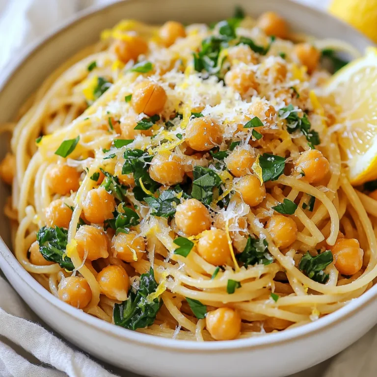 - 8 oz whole wheat pasta (spaghetti or penne) - 3 tablespoons olive oil - 4 garlic cloves, minced - Zest of 1 lemon - 3 tablespoons lemon juice (freshly squeezed) - 1 can (15 oz) chickpeas, drained and rinsed - 1 cup baby spinach - 1/4 cup fresh parsley, chopped - 1 teaspoon red pepper flakes (adjust to taste) - Salt and pepper to taste - Grated Parmesan cheese (optional for serving) This dish shines with its simple, fresh ingredients. Whole wheat pasta is my choice for a hearty base. You can use spaghetti or penne, depending on your mood. The key flavoring ingredients are olive oil, garlic, and lemon. These bring brightness and depth to the pasta. I love using fresh lemon juice and zest for that zesty kick. Chickpeas are the star protein here. Canned chickpeas are easy to use. Just drain and rinse them to get rid of any excess salt. Adding greens is a must! Baby spinach wilts perfectly into the warm pasta. Fresh parsley adds a nice touch of color and flavor. For seasoning, I use red pepper flakes for heat. Adjust it based on your spice tolerance. Don’t forget salt and pepper to enhance all the flavors. If you want, sprinkle some grated Parmesan cheese on top. It adds a creamy finish that pairs well with the lemon and garlic. {{ingredient_image_1}} Start by boiling a large pot of salted water. Use about 1 tablespoon of salt for flavor. Once the water boils, add 8 oz of whole wheat pasta. Cook the pasta for about 8 to 10 minutes until it is al dente. To check if it’s done, taste a piece. Before draining, remember to reserve 1 cup of the pasta water. This water will help later with the sauce. While the pasta cooks, heat 3 tablespoons of olive oil in a large skillet over medium heat. Add 4 minced garlic cloves and 1 teaspoon of red pepper flakes. Sauté the garlic for about 1 to 2 minutes. You will know it’s ready when it smells fragrant and turns slightly golden. If the garlic starts to brown too much, lower the heat. Now, add the drained chickpeas to the skillet. Cook for 3 to 4 minutes until they are warm and a bit crispy. Next, mix in the lemon zest and 3 tablespoons of lemon juice. Stir everything well. Then, add the drained pasta to the skillet. If the mixture seems dry, gradually add some reserved pasta water until it reaches the right texture. Finally, toss in 1 cup of baby spinach. Cook for about 2 minutes until the spinach wilts. Season the dish with salt and pepper to taste. Before serving, mix in 1/4 cup of chopped fresh parsley for a burst of flavor. Serve your Lemon Garlic Chickpea Pasta hot, and sprinkle with grated Parmesan cheese if you like. To get the best garlic flavor, use fresh garlic. Mince it well and sauté it in olive oil. The heat should be medium, so the garlic cooks slowly. Look for a golden color. If it burns, the flavor turns bitter. For spice, red pepper flakes are your friend. Start with one teaspoon. If you want more heat, add more flakes. Taste as you go. Adjust until it’s just right for you. This pasta pairs well with a simple salad. A fresh green salad with lemon vinaigrette works nicely. You can also serve it with roasted vegetables. They add color and flavor. When storing leftovers, place them in an airtight container. They keep well for about three days in the fridge. To keep the pasta fresh, add a little olive oil before sealing. Reheating is easy. Use a skillet over medium-low heat. If the pasta seems dry, add a splash of water. This helps to bring back moisture and flavor. Pro Tips Use Fresh Ingredients: Freshly squeezed lemon juice and minced garlic will elevate the flavors in this dish. Avoid bottled alternatives for the best taste. Adjust Spice Levels: The red pepper flakes add heat, so feel free to adjust the amount based on your spice tolerance. Start with a small amount and increase as desired. Cooking Pasta Al Dente: Be sure to cook the pasta until al dente for the best texture. This will help it hold up against the sauce without becoming mushy. Storing Leftovers: If you have leftovers, store them in an airtight container in the fridge. Reheat gently on the stove with a splash of water to prevent drying out. {{image_2}} You can easily change this dish to fit your needs. For gluten-free options, use gluten-free pasta. Look for brands that mimic the texture of wheat pasta. They usually work well in this recipe. If you need dairy-free alternatives, skip the Parmesan cheese. You can try nutritional yeast for a cheesy flavor. It’s a great option for vegans. You can also add more vegetables to this dish. Try bell peppers, zucchini, or cherry tomatoes. These will add color and nutrients. Just sauté them with the garlic for a few extra minutes. To boost the flavor, you can use different herbs or spices. Basil or thyme can replace parsley. They add a fresh taste that brightens the dish. If you want more heat, add more red pepper flakes. You can also try smoked paprika for a unique flavor twist. For added protein, consider adding meat or tofu. Chicken or shrimp can complement the chickpeas well. If you choose tofu, use firm tofu and sauté it until crispy. This will give you a nice texture contrast. These variations keep the meal exciting and customizable, making it perfect for any occasion! To keep your Lemon Garlic Chickpea Pasta fresh, store it in the fridge. Use airtight containers to seal in the flavors. Glass or BPA-free plastic containers work best. Make sure to cool the pasta to room temperature before placing it in the fridge. This helps prevent condensation. Enjoy your leftovers within three days for the best taste. Reheat your pasta on the stove for the best texture. Add a splash of water or olive oil to help it heat evenly. Stir gently over medium heat until warm. If the pasta seems dry, add a little reserved pasta water. You can also use a microwave, but be careful. Heat it in short bursts and stir in between to ensure it warms evenly. You can enhance this dish with various sauces. A light olive oil drizzle adds richness. You can also use a creamy vegan sauce for a smooth texture. If you like it spicy, try a spicy marinara. For a tangy twist, consider a lemon-basil pesto. Each option brings unique flavors that blend well with the chickpeas and pasta. Yes, you can prepare this dish ahead of time. Cook the pasta and chickpeas, then store them separately. Keep the sauce cool in the fridge. When you are ready to eat, heat the pasta and sauce together. You can also freeze portions for later. Just remember to let it cool before freezing to keep the best taste. To make this dish heartier, add protein. Grilled chicken or shrimp pairs nicely. You can also add more chickpeas for extra fiber. If you want more carbs, toss in some roasted sweet potatoes or serve with crusty bread. These additions will keep you full longer and bring new flavors to the meal. Yes, this dish is entirely vegan. It uses chickpeas, whole wheat pasta, and fresh veggies. If you skip the optional Parmesan cheese, you keep it plant-based. This makes it perfect for anyone following a vegan diet without sacrificing taste or nutrition. Enjoy it guilt-free! This blog post covered how to make a delicious Lemon Garlic Chickpea Pasta. We talked about the key ingredients, from whole wheat pasta to chickpeas and fresh vegetables. I provided step-by-step instructions for cooking and combining everything for perfect flavor. In my final thoughts, remember to enjoy adapting the recipe to fit your taste. Whether you want to change up the veggies or try new spices, it’s all about making it yours. Happy cooking!