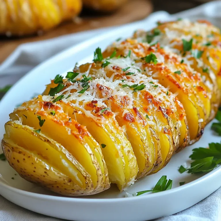 To make Garlic Parmesan Hasselback Potatoes, you will need the following ingredients: - 4 medium-sized russet potatoes - 4 cloves garlic, minced - 1/4 cup unsalted butter, melted - 1/2 cup grated Parmesan cheese - 2 tablespoons olive oil - 1 teaspoon salt - 1 teaspoon black pepper - 1 teaspoon dried thyme - Fresh parsley, chopped for garnish Each ingredient brings its own flavor and texture. The russet potatoes provide a fluffy inside and a crispy outside. Garlic adds a strong, savory taste. Butter enhances richness, while Parmesan offers that iconic cheesy bite. Olive oil helps with browning, and spices like salt, pepper, and thyme give depth to the dish. Lastly, fresh parsley brightens the plate and adds color. Gather these items, and you are ready to create a delightful dish that will impress anyone! {{ingredient_image_1}} - Preheat your oven to 425°F (220°C). - Wash and dry the russet potatoes. Slice them carefully. Aim for thin cuts, about 1/8 to 1/4 inch apart. Do not cut all the way through. This gives the potatoes their unique “fan” look. - In a small bowl, mix melted butter, minced garlic, olive oil, salt, black pepper, and dried thyme. Stir well to combine. This mixture will add great flavor to your potatoes. - Place the sliced potatoes on a baking sheet lined with parchment paper. - Use a brush to apply the garlic-butter mixture generously. Get it between the slices and on top of each potato. - Bake the potatoes for 40-50 minutes. Check for tenderness. The edges should turn golden and crispy. - After about 40 minutes, sprinkle grated Parmesan cheese on top of each potato. Return them to the oven for another 10-15 minutes. The cheese will melt and get a little crispy. - Once done, take the potatoes out and let them cool for a few minutes. Garnish with fresh chopped parsley before serving. To slice your potatoes evenly, use a sharp knife. Place a chopstick or wooden spoon on each side of the potato. This way, you won't cut all the way through. Cut thin slices, about 1/8 to 1/4 inch apart. This creates that lovely fan shape. Take your time. Even cuts will help the potatoes cook evenly. For crispy edges, bake your potatoes at 425°F (220°C). This high heat makes the skins crisp up nicely. Bake for 40-50 minutes until tender. After 40 minutes, add the cheese. This step helps the cheese melt and crisp in the last 10-15 minutes. The result? Perfectly golden, crunchy edges. Choose a good quality Parmesan cheese for the best flavor. Grated Parmesan melts well and adds a nice texture. Look for cheese that feels moist and has a strong, nutty taste. Freshly grated cheese is a great option. It gives a richer flavor than pre-grated cheese. This little change can elevate your dish! Pro Tips Choose the Right Potatoes: Use starchy potatoes like russets for the best texture and flavor, as they crisp up nicely while remaining fluffy inside. Don't Skip the Garlic: For a stronger garlic flavor, let the minced garlic sit in the melted butter for 10 minutes before applying it to the potatoes. Experiment with Toppings: Feel free to add additional toppings like crispy bacon bits, chives, or a drizzle of balsamic glaze for a gourmet touch. Check for Doneness: Use a fork to check if the potatoes are tender by poking them; they should be soft but still hold their shape. {{image_2}} You can easily switch up the herbs in this dish. Adding rosemary gives a nice, earthy taste. Oregano brings a touch of warmth that pairs well with garlic. Feel free to mix and match your favorites. Just a sprinkle of these herbs can elevate the flavor. Fresh herbs work best for a bright taste, while dried herbs are just fine too. While Parmesan cheese is classic, you can try other cheeses. Cheddar adds a sharp flavor that many love. For a creamier texture, go for mozzarella. Feta brings a tangy twist that surprises and delights. Each cheese adds its own special touch to the potatoes. Experiment to find your favorite combo! Making a plant-based version is easy and fun. Swap the butter for olive oil or vegan butter. Use nutritional yeast instead of cheese for a cheesy flavor. You can also add a little lemon juice for brightness. This way, everyone can enjoy these tasty potatoes, no matter their diet! To keep leftover Garlic Parmesan Hasselback potatoes fresh, store them in the fridge. Place them in an airtight container. This helps keep moisture in and prevents them from drying out. They will stay tasty for about 3 to 5 days. If you are using a plate, cover it with plastic wrap. This works well too. To reheat your potatoes, use an oven for the best results. Preheat your oven to 350°F (175°C). Place the potatoes on a baking sheet. Heat them for about 15 to 20 minutes. This keeps the skin crispy and the insides soft. You can also use a microwave if you're in a hurry. Just know that the skin may not be as crispy. Heat them for 1 to 2 minutes, checking every 30 seconds. If you want to freeze your Hasselback potatoes, let them cool first. Wrap each potato tightly in plastic wrap. Then, place them in a freezer bag. They can last up to 2 months in the freezer. When you're ready to eat, let them thaw in the fridge overnight. Reheat them in the oven for the best taste and texture. Yes, you can make these potatoes ahead of time. Prepare them up to the baking step. Store them in the fridge for up to a day. When you are ready to bake, take them out and let them sit for a bit. Preheat your oven. Brush on the garlic-butter mixture and bake as usual. This saves time on busy days. These potatoes pair well with many dishes. Here are some great side options: - Grilled chicken for a hearty meal. - A fresh green salad for a light touch. - Roasted vegetables add color and flavor. - Steak or pork chops for a classic combo. These sides balance the rich taste of the potatoes. Yes, you can use different potato types. Here are some good options: - Yukon gold potatoes for a creamy texture. - Sweet potatoes for a sweet twist. - Red potatoes for a colorful display. Each type offers a unique taste, so feel free to experiment. Look for a few signs to tell if the potatoes are done: - The edges should be crispy and golden brown. - A fork should easily pierce through the potato. - The slices should fan out nicely. These signs mean your potatoes are ready to enjoy! In this blog post, I covered how to make Garlic Parmesan Hasselback Potatoes. I included a detailed list of ingredients and simple steps for preparation. You learned tips for perfect slicing and ways to achieve crispy edges. Variations allow you to get creative with herbs or cheese. Remember to store leftovers properly and reheat for the best taste. With these tips and tricks, you can enjoy this dish anytime. Happy cooking!