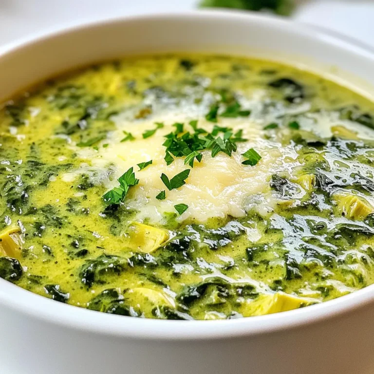 To make the creamy spinach artichoke soup, you need to gather some fresh and tasty ingredients. Here’s what you will need: - 2 tablespoons olive oil - 1 medium onion, chopped - 3 cloves garlic, minced - 1 large potato, peeled and diced - 4 cups vegetable broth - 1 can (14 oz) artichoke hearts, drained and chopped - 4 cups fresh spinach, chopped - 1 teaspoon dried thyme - ½ teaspoon red pepper flakes (adjust to taste) - 1 cup heavy cream (or a dairy-free alternative) - Salt and pepper to taste - ½ cup grated Parmesan cheese (optional, for garnish) - Fresh parsley, chopped (for garnish) Each ingredient plays an important role. The olive oil helps in sautéing the onion and garlic, creating a base of flavor. The onion gives sweetness and depth, while garlic adds a nice punch. The potato thickens the soup and makes it creamy. Artichoke hearts and fresh spinach bring a burst of flavor and nutrients. Thyme adds an earthy taste, and red pepper flakes give just the right kick. Heavy cream makes the soup rich and luscious. Salt and pepper enhance all these flavors, while Parmesan cheese and parsley are optional touches that add taste and color. 1. Start by heating 2 tablespoons of olive oil in a large pot over medium heat. 2. Add 1 medium chopped onion and 3 minced garlic cloves. Sauté until the onion looks clear, about 5 minutes. 3. Next, add 1 large peeled and diced potato to the pot. Stir for a couple of minutes. 4. Pour in 4 cups of vegetable broth and bring it to a boil. 5. Once boiling, lower the heat and let it simmer. Cook until the potatoes are soft, about 15 minutes. 1. Now, stir in 1 can of chopped artichoke hearts, 4 cups of chopped fresh spinach, 1 teaspoon of dried thyme, and ½ teaspoon of red pepper flakes. 2. Cook for another 5 to 7 minutes. Wait until the spinach wilts and reduces in size. 1. Here comes the fun part! Use an immersion blender to puree the soup until it is smooth and creamy. 2. If you don’t have one, carefully transfer the soup to a standard blender in batches. 3. Once blended, return the soup to the pot. Stir in 1 cup of heavy cream for richness. 1. Season your soup with salt and pepper to taste. Adjust as needed for perfect flavor. 2. Serve hot, and don’t forget to garnish! Add ½ cup of grated Parmesan cheese and some chopped fresh parsley on top. Sautéing onion and garlic is key. This step builds deep flavors in your soup. Cook them in olive oil until soft and fragrant. Use medium heat for best results. When blending, aim for a smooth texture. An immersion blender works well. If using a regular blender, let the soup cool slightly first. Blend in batches to avoid spills. Want more heat? Add red pepper flakes slowly, tasting as you go. Start with a pinch, then add more if needed. If you need a dairy-free option, use coconut cream or almond milk instead of heavy cream. These choices keep the soup rich and creamy. Serve your soup with crusty bread or a fresh salad. The bread soaks up the soup perfectly. For garnishes, sprinkle with grated Parmesan cheese and fresh parsley. These add color and flavor, making your dish visually appealing. Enjoy the rich and creamy taste! {{image_2}} You can switch up the greens in this soup. Instead of spinach, try kale or Swiss chard. Both greens offer a different taste and texture. If you want to add protein, consider chicken or tofu. Cooked chicken adds heartiness. Tofu is a great option for a plant-based choice. To deepen the flavor, consider adding fresh herbs. Basil or dill work well with this soup. You can also experiment with spices. A pinch of nutmeg can bring out the creaminess. For brightness, a squeeze of lemon juice is perfect. It adds freshness without overpowering the soup. If you need a gluten-free option, use gluten-free vegetable broth. This keeps the soup safe for those with gluten sensitivities. For a vegan version, swap the heavy cream for coconut cream or a cashew cream. Both options keep the soup rich and creamy without any dairy. Store any leftover soup in airtight containers. Glass or plastic containers work well. Let the soup cool before sealing. This helps keep it fresh. Place the containers in the fridge. It will last for about three days. To reheat, pour the soup into a pot. Warm it on low heat. Stir often to keep it creamy. You can also use a microwave. Heat in short bursts, stirring in between. This keeps the texture smooth. Yes, you can freeze the soup. Pour it into freezer-safe bags or containers. Leave some space at the top for expansion. Label the bags with the date. To thaw, place it in the fridge overnight. You can also use a microwave for faster thawing. Can I use frozen spinach instead of fresh? Yes, you can use frozen spinach. Just thaw and squeeze out excess water. This makes it easier to mix into the soup. How can I thicken the soup more? To thicken the soup, add more potatoes. You can also blend in some extra cream or use a cornstarch slurry. Is this soup healthy? Yes, this soup can be healthy. It has fresh spinach, artichokes, and potatoes. These ingredients pack in vitamins and fiber. How many calories are in creamy spinach artichoke soup? One serving contains around 300 calories. This can vary based on the cream and cheese you use. What are the best sides to serve with this soup? Serve this soup with crusty bread or a green salad. These sides balance the rich flavors nicely. Can I turn this soup into a dip? Absolutely! Just reduce the broth and add more cream. Serve it warm with chips or veggies for a tasty dip. This creamy spinach artichoke soup is packed with flavor and comfort. You learned about the great ingredients, easy steps, and tips to make it just right. Remember, you can mix up flavors and adjust for dietary needs. Whether you serve it warm or as a dip, it always delights. Enjoy sharing this recipe with friends and family.