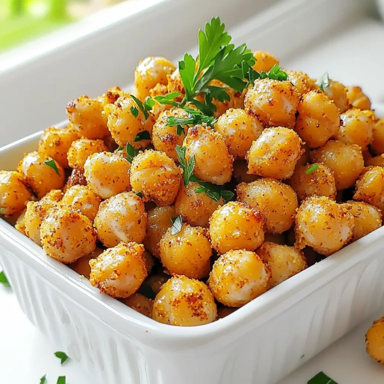 - 1 can (15 oz) chickpeas, drained and rinsed - 1 tablespoon olive oil - 1 teaspoon ranch seasoning mix - 1/2 teaspoon garlic powder - 1/2 teaspoon onion powder - 1/2 teaspoon smoked paprika - Salt and pepper to taste - Fresh parsley, chopped (for garnish) Ranch roasted chickpeas are a great snack. A serving has about 120 calories. They are vegan and gluten-free. This makes them perfect for many diets. You get protein and fiber from chickpeas. Plus, they have low fat. You can feel good about eating them. Enjoy this crunchy snack, knowing it's good for you. First, preheat your oven to 400°F (200°C). This high heat helps the chickpeas get crispy. Next, line your baking sheet with parchment paper. This makes cleanup easy and helps the chickpeas not stick. Open a can of chickpeas. Drain and rinse them under cold water. Rinsing helps wash away extra sodium and makes them healthier. After rinsing, pat them dry with a clean kitchen towel. Removing moisture is key to getting that crunch. In a big mixing bowl, combine the chickpeas with one tablespoon of olive oil. Add one teaspoon of ranch seasoning mix, half a teaspoon of garlic powder, half a teaspoon of onion powder, and half a teaspoon of smoked paprika. Sprinkle in salt and pepper to taste. Toss everything together until the chickpeas are evenly coated. This ensures every bite is full of flavor. Spread the seasoned chickpeas in a single layer on your prepared baking sheet. This helps them roast evenly. Put the baking sheet in the oven and roast for 25-30 minutes. Stir the chickpeas halfway through to help them crisp up all over. When they turn golden brown, they are ready to come out. Let them cool slightly before serving. Enjoy your crunchy, flavorful snack! To get crispy chickpeas, start with drying them well. After rinsing, use a clean towel to pat them dry. This step is vital. If they are wet, they will not crisp up. Next, focus on your oven's heat. Roasting at 400°F (200°C) works best. Bake them for 25 to 30 minutes. Stir them halfway through to ensure even cooking. You want them golden brown and crunchy. Want to make your ranch taste pop? You can add more ranch seasoning if you like. A little extra garlic powder also boosts the flavor. Think about trying other herbs like dill or chives. These can add fun twists to your snacks. You can also mix in spices like cayenne pepper for a kick. Experiment with different flavors to find your favorite blend. Ranch roasted chickpeas make great snacks by themselves. You can serve them in bowls or on trays. They pair well with dips like hummus or yogurt. For storage, keep them in an airtight container. They stay fresh in the fridge for about a week. If you want to reheat them, pop them back in the oven for a few minutes. This helps them regain their crunch. Enjoy your crispy, flavorful treat! {{image_2}} Want to spice things up? You can make a spicy ranch version. Just add cayenne or chili powder. This twist gives a kick that many love. For a fresh taste, try herb-infused blends. Dill and chives can add a lovely flavor. You can mix and match until you find your favorite! You can boost nutrition by adding veggies. Toss in some bell peppers or zucchini for extra color and crunch. Mixing in nuts or seeds can also enhance texture. Almonds or sunflower seeds add a great crunch. Feel free to get creative with what you have! Ranch roasted chickpeas are great in salads or grain bowls. Toss them in with your favorite greens for a crunchy topping. You can also use them in wraps or sandwiches. They add flavor and protein to any meal. Enjoy making them yours! To keep your ranch roasted chickpeas fresh, use an airtight container. This helps prevent moisture from making them soggy. Store them in the fridge for up to five days. After this time, they may lose their crispiness. You can freeze roasted chickpeas for later use. First, let them cool completely. Then, place them in a freezer-safe bag. Remove as much air as possible before sealing. These chickpeas can last in the freezer for up to three months. When you're ready to enjoy them again, reheat the chickpeas in the oven. Set your oven to 400°F (200°C) and heat them for about 10-15 minutes. This helps restore their crunch. Enjoy your snack as if they were freshly made! Yes, you can use dry chickpeas. First, soak 1 cup of dry chickpeas in water overnight. This softens them. The next day, drain and rinse them. Then, cook the chickpeas in boiling water for about 1 hour. They should be tender. After cooking, follow the same steps as with canned chickpeas. Dry them well for the best crunch. You can make your own ranch seasoning at home. Mix these spices for a quick blend: - 1 teaspoon dried dill - 1 teaspoon garlic powder - 1 teaspoon onion powder - 1 teaspoon parsley flakes - Salt and pepper to taste This mix gives a fresh taste. Adjust the amounts to fit your flavor. Yes, these chickpeas are a healthy snack. They are high in protein and fiber. This helps you feel full longer. They are also low in calories. Using olive oil adds healthy fats. Plus, they are vegan and gluten-free. Enjoy them without guilt! Yes, you can use an air fryer. Set it to 400°F (200°C). Cook the chickpeas for 15-20 minutes. Shake the basket halfway through. Check for crispiness. If they need more time, cook a few more minutes. Enjoy your crunchy snack! Ranch Roasted Chickpeas are a tasty snack that you can easily make at home. You learned about the key ingredients, step-by-step instructions, and tips for perfecting them. Remember to dry the chickpeas well for the best crunch. You can even customize flavors or use leftovers in salads and wraps. This snack is not just yummy; it's also healthy and vegan. With these ideas, you can enjoy Ranch Roasted Chickpeas at any time. Happy cooking!