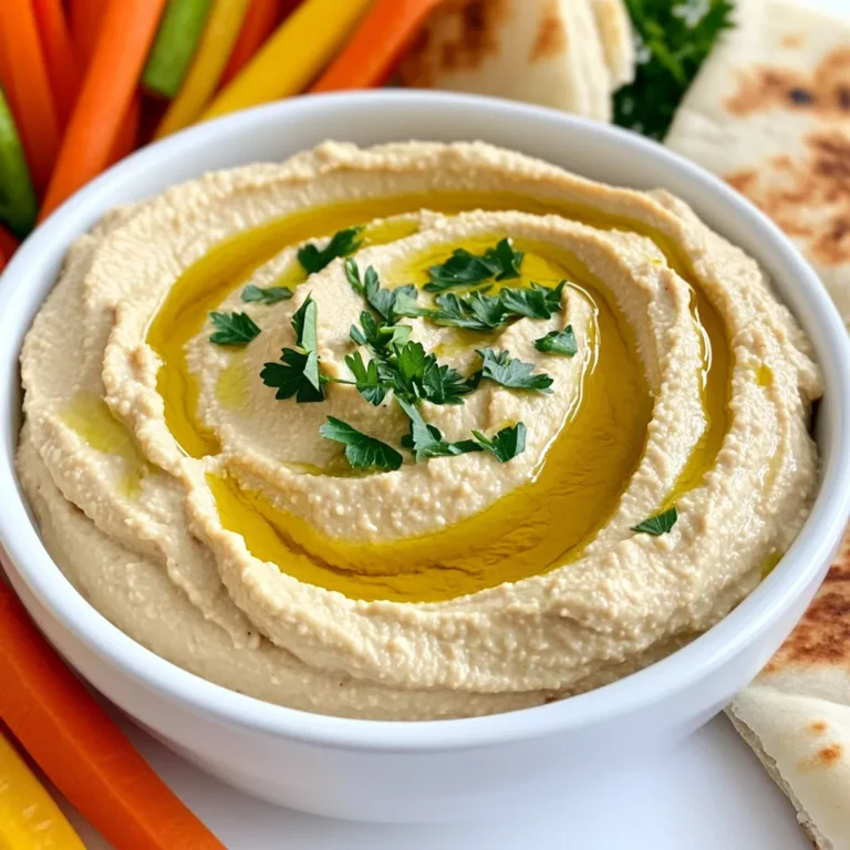 To make creamy roasted garlic hummus, gather these ingredients: - 1 can (15 oz) chickpeas, drained and rinsed - 1/4 cup tahini - 1/4 cup fresh lemon juice (about 1 lemon) - 4 cloves roasted garlic - 3 tablespoons olive oil - 1/2 teaspoon ground cumin - 1/4 teaspoon smoked paprika - Salt to taste - Water (as needed for desired consistency) You can add these for extra flavor and looks: - Fresh parsley for garnish - Olive oil for drizzle This hummus packs a punch of nutrients. Here’s a quick overview: - Chickpeas offer protein and fiber. - Tahini adds healthy fats and calcium. - Olive oil brings heart-healthy benefits. - Lemon juice gives vitamin C and bright flavor. One serving (about 2 tablespoons) has around 70 calories. Enjoy this tasty dip while knowing it’s good for you! Roasting garlic is simple and fun. Start by preheating your oven to 400°F (200°C). Take a whole bulb of garlic and cut off the top. This helps the garlic cook well. Drizzle a bit of olive oil on the cut side. Wrap the bulb in aluminum foil. Roast it in the oven for 30-35 minutes. The garlic will feel soft and smell sweet. Let it cool a bit before handling. Squeeze the roasted garlic out of the skins, and it's ready to use. Now it’s time to blend our hummus. Grab your food processor. Add the drained chickpeas, tahini, fresh lemon juice, and the roasted garlic cloves. Pour in the olive oil, ground cumin, smoked paprika, and a pinch of salt. Turn on the food processor and pulse the mixture. Keep blending until it comes together and looks creamy. You want it smooth and rich. Sometimes, hummus can be too thick. To fix this, add water slowly. Pour in one tablespoon at a time while blending. Check the texture and keep adding until it’s as creamy as you like. If you need more flavor, taste it! Add more salt or lemon juice if you want. This way, your hummus will be just right. To make your creamy roasted garlic hummus shine, focus on quality. Use fresh garlic for roasting. The sweet, rich flavor of roasted garlic makes a big difference. Don’t skip the smoked paprika; it adds depth to the taste. Adjust salt and lemon juice to suit your palate. Taste as you go to get it just right. Serve this hummus with warm pita bread for a classic touch. Fresh veggies like carrots, cucumbers, and bell peppers add crunch. For a fun twist, pair it with olives and pickles. You can also spread it on sandwiches or wraps for added flavor. Hummus makes a great dip for parties, too! If you have leftover hummus, store it in an airtight container. It keeps well in the fridge for about a week. To maintain freshness, drizzle a bit of olive oil on top before sealing. If it thickens, add a little water and blend again for a creamy texture. {{image_2}} To make a spicy version of this hummus, add some heat. You can mix in 1-2 teaspoons of cayenne pepper or red pepper flakes. Blend this with the chickpeas, tahini, lemon juice, and roasted garlic. This adds a nice kick. Adjust the spice level based on your taste. I love how the heat blends with the creamy texture. For a fresh twist, add herbs. Basil, cilantro, or dill work great. Just chop a handful of your chosen herb and mix it in. Blend it well to combine the flavors. This variation brings a vibrant taste and aroma to the dish. You can even use a mix of your favorite herbs for a unique flavor. If you want to skip nuts, don’t worry. You can replace tahini with sunflower seed butter. This keeps the creaminess while being nut-free. You can also use more olive oil to help with texture. Just blend it in until you reach your desired smoothness. This option is perfect for those with nut allergies. Hummus is a tasty dip that packs a lot of nutrients. One serving of hummus gives you protein, fiber, and healthy fats. These nutrients help keep your body strong and full of energy. The chickpeas and tahini in hummus are excellent sources of vitamins and minerals. They also add a creamy texture, making it a perfect spread or dip. Chickpeas are the star of hummus. They are high in protein, which helps build muscles. They also contain fiber, which aids in digestion. Eating fiber-rich foods like chickpeas can help you feel full longer. This can be helpful if you want to maintain a healthy weight. Chickpeas also have vitamins like B6 and folate, which are good for your heart and brain. Olive oil is a healthy fat that adds flavor to hummus. It contains antioxidants that can help protect your body from damage. Using olive oil in hummus can also improve heart health. It helps to lower bad cholesterol levels. When you drizzle olive oil on your hummus, it not only tastes great, but it also boosts the health benefits. Plus, it adds a nice shine to your dish! Yes, you can use raw garlic, but it changes the taste. Raw garlic is sharper and can make the hummus bitter. Roasted garlic gives a sweet, rich flavor. This makes the hummus creamy and smooth. If you prefer a stronger taste, start with one clove and taste as you go. Homemade hummus lasts about five to seven days in the fridge. Store it in an airtight container to keep it fresh. Always check for any change in smell or color. If it looks good, it's likely still good to eat. For best taste, enjoy it within the first few days. If you lack tahini, you have options. You can use peanut butter, sunflower seed butter, or Greek yogurt. These substitutes add creaminess and flavor. You can also skip it altogether, but the hummus will be different. Adjust the other ingredients to maintain a balanced taste. This blog post covered how to make hummus from scratch. We looked at key ingredients, step-by-step instructions, and tips for the best flavor. I shared variations to keep it exciting and highlighted the many health benefits of hummus. In summary, making your own hummus is easy and rewarding. You can customize it to fit your taste and enjoy its nutrition. With the right ingredients and techniques, you’ll create a delicious dip that’s perfect for any occasion. Enjoy your hummus journey!