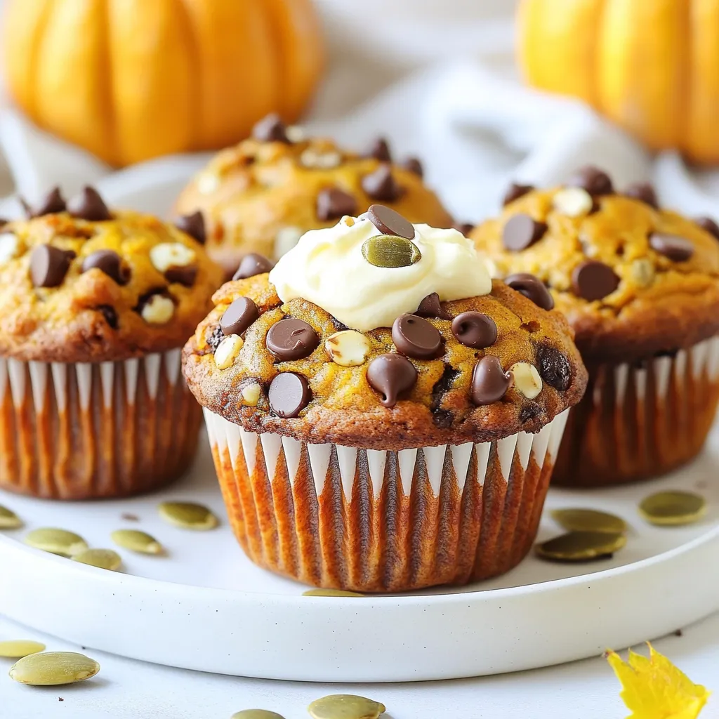 - 1 cup canned pumpkin puree - 1/2 cup unsweetened applesauce - 1/3 cup brown sugar - 1/3 cup granulated sugar - 1/4 cup vegetable oil - 2 large eggs - 1 teaspoon vanilla extract - 1 1/2 cups all-purpose flour - 1 teaspoon baking soda - 1/2 teaspoon baking powder - 1 teaspoon ground cinnamon - 1/2 teaspoon ground nutmeg - 1/4 teaspoon ground ginger - 1/2 teaspoon salt - 1 cup semi-sweet chocolate chips - Optional: Pumpkin seeds for topping You can swap canned pumpkin for fresh pumpkin. Just cook and mash it. Unsweetened applesauce works well as a sugar substitute. If you want less sugar, cut down on both types. You can also use coconut oil instead of vegetable oil for a different taste. For a gluten-free option, use a gluten-free flour blend. If you need vegan muffins, replace eggs with flax eggs. Mix 1 tablespoon of flaxseed meal with 3 tablespoons of water for each egg. Each muffin has about 150 calories. It has 3 grams of protein and 5 grams of fat. You get around 24 grams of carbs. The muffins also have dietary fiber from pumpkin and applesauce. Each muffin provides vitamins A and C, plus iron and potassium. These muffins are a tasty treat that can fit into a balanced diet. {{ingredient_image_1}} Start by setting your oven to 350°F (175°C). This heats it up right away. While the oven warms up, prepare your muffin tin. You can line it with paper liners or spray it with non-stick spray. This keeps the muffins from sticking. In a large bowl, mix the pumpkin puree and applesauce. Add the brown sugar and granulated sugar next. Then, pour in the vegetable oil. Crack the eggs into the bowl and add the vanilla extract. Whisk everything together until smooth. It should look well blended and creamy. Take another bowl and mix the flour, baking soda, baking powder, cinnamon, nutmeg, ginger, and salt. Stir these dry ingredients well so they combine evenly. Now, slowly add this mix to the wet mixture. Stir gently. Be careful not to overmix; just combine until you see no dry flour. Finally, gently fold in the chocolate chips. Make sure every bite has some chocolate! Spoon the batter into the muffin tin. Fill each cup about two-thirds full. For extra crunch, sprinkle some pumpkin seeds on top if you like. Place the muffin tin in your preheated oven. Bake for 18 to 20 minutes. To check if they are done, insert a toothpick into the center of a muffin. If it comes out clean, they are ready! Let the muffins cool for 5 minutes in the tin. Then, transfer them to a wire rack. Let them cool completely before serving. To keep your muffins soft, avoid overmixing the batter. When you add the dry ingredients to the wet mix, stir gently. Stop mixing as soon as you see no dry flour. Lumps are okay! Overmixing makes muffins tough. You want them light and airy. Always preheat your oven to the right temperature. Use a timer so you don’t forget. Bake your muffins until a toothpick comes out clean. If it has batter on it, bake a bit longer. Let them cool in the pan for five minutes. This helps them stay moist. For more flavor, add spices like nutmeg or ginger. You can also use a mix of pumpkin puree and applesauce. This keeps your muffins moist and adds a sweet taste. Consider adding nuts or seeds for crunch. A sprinkle of cinnamon on top before baking is a great touch! Pro Tips Use Fresh Spices: Freshly ground spices enhance the flavor profile of your muffins, making them more aromatic and delicious. Don’t Overmix: Gently fold the batter to keep the muffins light and fluffy. Overmixing can lead to dense muffins. Add Extra Chocolate: For a more indulgent treat, feel free to add a few extra chocolate chips on top before baking. Cool Completely: Allow the muffins to cool completely on a wire rack to maintain their texture and prevent sogginess. {{image_2}} You can make these muffins even better with fun add-ins. Try chopped nuts like walnuts or pecans for a nice crunch. You can also add dried fruits, like cranberries or raisins, for a sweet twist. If you want more spice, add more cinnamon or a pinch of cloves. These changes give your muffins a unique taste. To make these muffins gluten-free, swap the all-purpose flour for gluten-free flour. Look for a blend that works well in baking. For a vegan version, replace the eggs with flax eggs. Mix one tablespoon of flaxseed meal with three tablespoons of water for each egg. Use plant-based oil instead of vegetable oil. These swaps keep the muffins tasty and fluffy. You can change the flavor of these muffins for any holiday. For Halloween, add orange zest or candy corn bits. For Thanksgiving, mix in chopped apples or pecans for a seasonal twist. During Christmas, try adding peppermint extract or a sprinkle of nutmeg on top. Each of these variations makes your muffins special for the occasion. To keep your chocolate chip pumpkin muffins fresh, store them in an airtight container. This will help lock in moisture and flavor. You can place a paper towel at the bottom to absorb excess moisture. Keep the container at room temperature for up to three days. If you want to store them longer, consider freezing. Freezing is a great way to save your muffins for later. First, let the muffins cool completely. Wrap each muffin in plastic wrap tightly. Then, place them in a freezer-safe bag or container. Label the bag with the date. They will stay fresh for up to three months in the freezer. When you're ready to eat a muffin, reheating is simple. You can use a microwave or an oven. For the microwave, heat each muffin for about 20-30 seconds. If you prefer the oven, preheat it to 350°F (175°C) and place the muffin on a baking sheet for about 5-10 minutes. Enjoy them warm for the best taste! Yes, you can use fresh pumpkin. Just cook and puree it. This gives you a fresh taste. Make sure to remove excess water for the best texture. You can make these muffins healthier by using whole wheat flour. Replace some of the sugar with honey or maple syrup. You can also add nuts or seeds for extra nutrition. If you want a change, try using raisins or dried cranberries. You can also use nuts for a crunch. For a fun twist, use white chocolate chips or butterscotch chips. To check if the muffins are done, insert a toothpick in the center. If it comes out clean, they are ready. You can also look for a golden-brown color on top. Yes, these muffins make a great breakfast option! They are tasty and filling. You can enjoy them with a glass of milk or a cup of coffee. You learned about key ingredients for tasty muffins and how to mix them well. I showed you step-by-step instructions for baking and tips to boost flavor. Don’t forget the fun variations you can try, like nuts or spices. Proper storage will keep your muffins fresh longer. Baking muffins is simple and rewarding. With practice, your skills will grow. Enjoy making these treats!