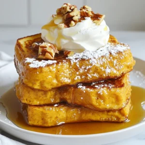 To make this tasty treat, gather these main ingredients: - 4 slices of thick bread (preferably brioche or challah) - 1 cup milk - 1/2 cup canned pumpkin puree - 2 large eggs - 2 tablespoons brown sugar - 1 teaspoon vanilla extract - 1 teaspoon pumpkin pie spice - 1/2 teaspoon cinnamon - A pinch of salt - Butter for cooking These ingredients create a rich and fluffy French toast. The pumpkin puree adds a nice texture and flavor. To make your French toast even better, consider these optional toppings: - Maple syrup - Whipped cream - Chopped pecans These toppings add sweetness and crunch. They also make your dish look more inviting. The type of bread you use matters a lot. Here are some great choices: - Brioche - Challah - Texas toast These breads soak up the pumpkin mixture well. They also give you a soft, tasty bite every time. {{ingredient_image_1}} Start by gathering your ingredients. You need thick bread, milk, pumpkin puree, eggs, brown sugar, vanilla, pumpkin pie spice, cinnamon, and salt. In a large bowl, whisk the milk, pumpkin puree, eggs, brown sugar, vanilla, pumpkin pie spice, cinnamon, and salt. Mix until it is smooth and creamy. This mixture will coat your bread and give it a yummy pumpkin flavor. Next, heat a non-stick skillet or griddle over medium heat. Add a little butter to coat the surface. While the skillet heats, dip each slice of bread into the pumpkin mixture. Let it soak for a few seconds on each side. This helps the bread absorb all the flavors. Once your skillet is ready, place the soaked bread slices on it. Cook for about 3 to 4 minutes until golden brown. Flip them and cook for another 3 to 4 minutes. You want both sides to be nice and brown. After cooking, remove the French toast and keep it warm. Repeat this until all slices are cooked. Serve the French toast warm. Drizzle it with maple syrup for a sweet touch. You can also add a dollop of whipped cream on top for extra creaminess. For a crunchy texture, sprinkle some chopped pecans on your toast. Stack the French toast on a plate and make it look pretty. This makes breakfast a feast for the eyes and the tummy! Enjoy your delicious pumpkin spice French toast! To get that perfect golden brown crust, use thick slices of bread. Brioche or challah works best. Always preheat your skillet on medium heat before cooking. This helps the bread cook evenly. Add a pat of butter to the skillet to keep the toast from sticking. Dip each slice in the pumpkin mixture for a few seconds, soaking both sides well. Cook for about 3-4 minutes on each side. Watch closely so it doesn’t burn. You want that nice golden color. If you have leftover French toast, let it cool first. Place it in an airtight container. You can keep it in the fridge for 2-3 days. For longer storage, freeze the slices. Lay them flat in a single layer, then wrap them well. This way, they won't stick together. When you want to eat them, reheat in a toaster or oven for a crispy texture. Want to amp up the flavor? You can add more spices! A pinch of nutmeg can add a warm touch. You can also try a bit of ginger for a spicy kick. If you love sweet flavors, a dash of vanilla or almond extract works too. Don't be afraid to experiment with your favorite spices for a unique taste! Pro Tips Use Stale Bread: Stale bread absorbs the custard mixture better, resulting in a less soggy French toast. If your bread is fresh, consider toasting it lightly before soaking. Mix it Up: Feel free to add a splash of your favorite liqueur, like rum or bourbon, to the pumpkin mixture for an adult twist on this classic dish. Temperature Control: Keep your skillet at a medium heat to ensure the French toast cooks evenly. Too high, and it will burn before the inside is cooked. Presentation Matters: For a beautiful presentation, stack the French toast, drizzle with syrup, and add a dollop of whipped cream topped with chopped pecans for crunch. {{image_2}} You can easily make gluten-free pumpkin spice French toast. Use gluten-free bread, which is often found in stores. Look for thick slices to keep the texture nice. The rest of the recipe stays the same. Just follow the same steps with your gluten-free bread. If you need a dairy-free option, swap the milk with almond milk or oat milk. Both options work well in this recipe and keep it creamy. For the butter, use coconut oil or a dairy-free spread. These changes will still give you that delicious pumpkin flavor without dairy. Get creative with how you serve your pumpkin spice French toast. Make a French toast casserole by layering slices in a baking dish. Pour the pumpkin mixture over the bread and let it soak. Bake until golden. You can also top it with fruits, nuts, or yogurt. These ideas add a fun twist to a classic dish! To refrigerate your pumpkin spice French toast, let it cool first. Place the slices in an airtight container. Make sure to separate layers with parchment paper to avoid sticking. You can store it in the fridge for up to three days. When ready to enjoy, just reheat it! Freezing is a great option for longer storage. First, cool the French toast completely. Wrap each slice in plastic wrap or foil. Place the wrapped slices in a freezer bag. You can freeze them for up to two months. This way, you can enjoy a tasty breakfast anytime. To reheat, you can use several methods. The oven works well. Preheat it to 350°F (175°C). Place the slices on a baking sheet and warm for about 10 minutes. If you're in a hurry, use a toaster or microwave. Just be careful not to overheat, or they might get soggy. Enjoy your delicious pumpkin spice French toast! For French toast, I like to use thick bread. Brioche or challah works best. These types soak up flavor and hold their shape well. You get a nice, fluffy texture. They also become golden brown and crispy on the outside. Yes, you can use fresh pumpkin. Just make sure to cook and puree it first. This gives a fresh taste. I recommend using a pie pumpkin for the best flavor. It’s sweeter than regular pumpkins. To make this recipe vegan, swap the eggs with flaxseed meal. Mix one tablespoon of flaxseed meal with three tablespoons of water. Let it sit until it thickens. Use almond milk or oat milk instead of regular milk. This keeps the pumpkin spice flavor intact. You can pair it with maple syrup for sweetness. A dollop of whipped cream adds richness. Chopped pecans give a nice crunch, too. Fresh fruit like blueberries or bananas works well. They add color and freshness to your dish. This blog post covered how to make Pumpkin Spice French Toast from start to finish. You learned about the key ingredients, step-by-step cooking, useful tips, and fun variations. Remember, you can customize this dish to your taste and dietary needs. Whether you enjoy classic flavors or explore new options, this recipe remains a favorite. Embrace your creativity in the kitchen, and enjoy every bite of your delicious pumpkin spice treat!