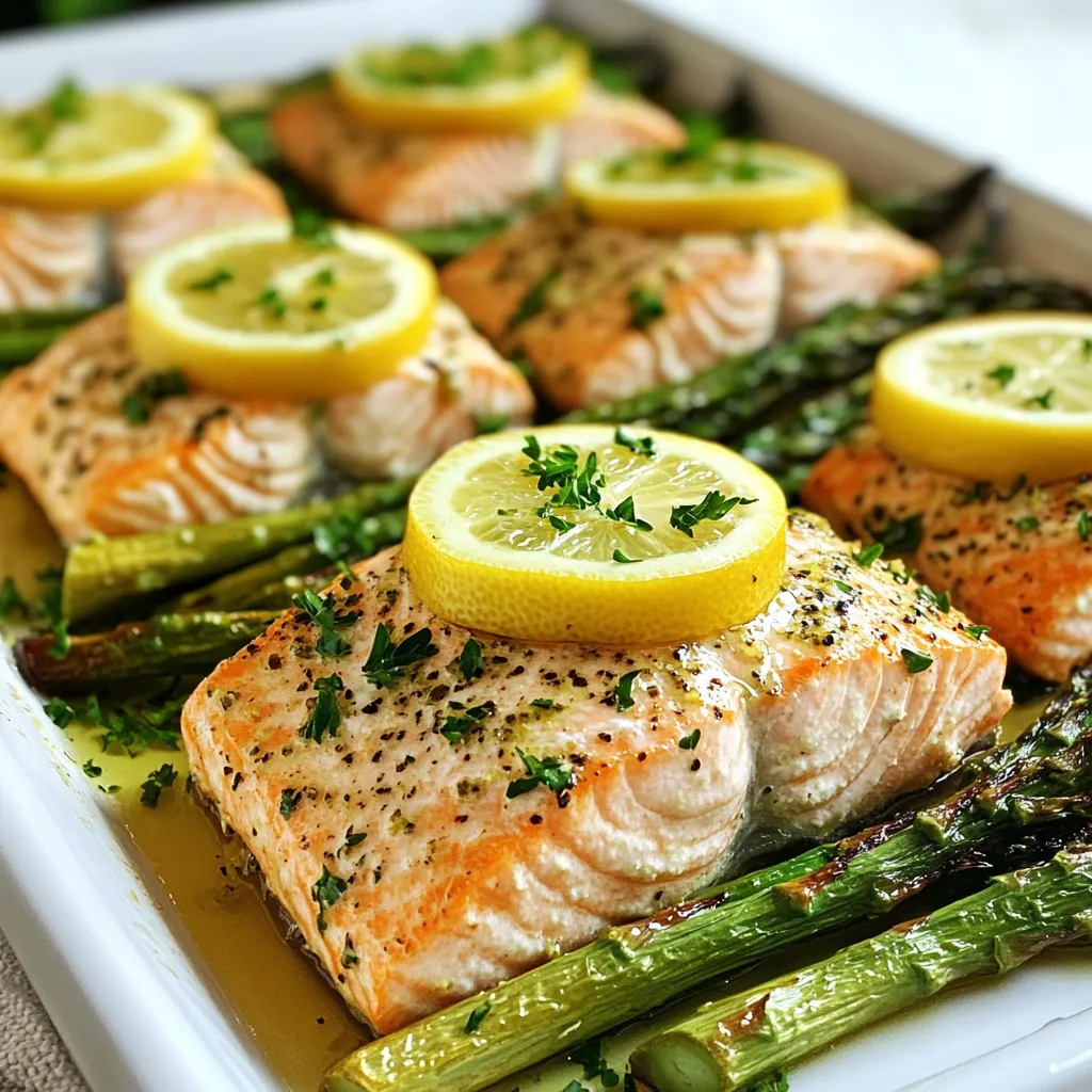 To make Sheet Pan Lemon Herb Salmon and Asparagus, you need simple and fresh ingredients. Each one adds flavor and nutrition to the dish. Here’s what you will need: - 4 salmon fillets (6 oz each) - 1 bunch asparagus, trimmed - 2 tablespoons olive oil - 2 tablespoons fresh lemon juice - 1 tablespoon lemon zest - 3 cloves garlic, minced - 1 teaspoon dried oregano - 1 teaspoon dried thyme - Salt and pepper to taste - Lemon slices, for garnish - Fresh parsley, for garnish These ingredients work together to create a bright and tasty meal. The salmon offers healthy fats and protein. Asparagus adds crunch and vitamins. The lemon and herbs make everything pop with flavor. You can find these ingredients at your local grocery store. {{ingredient_image_1}} First, I preheat the oven to 400°F (200°C). This heat will cook the salmon well. I line a large sheet pan with parchment paper. This step makes cleanup easy and helps the food not stick. Next, I make the lemon herb mixture. In a small bowl, I whisk together: - 2 tablespoons of olive oil - 2 tablespoons of fresh lemon juice - 1 tablespoon of lemon zest - 3 cloves of garlic, minced - 1 teaspoon of dried oregano - 1 teaspoon of dried thyme - Salt and pepper to taste This mixture adds bright flavor to the salmon. Now, I arrange the food on the sheet pan. I place the salmon fillets on one side of the pan. Each fillet gets a generous brush of the lemon herb mixture. On the other side, I add the trimmed asparagus. I drizzle the remaining mixture over the asparagus and season it with more salt and pepper. I place the sheet pan in the hot oven and bake for 15-20 minutes. The salmon should flake easily with a fork, and the asparagus should be tender. For a golden touch, I broil the salmon and asparagus for an extra 2-3 minutes. This gives it a nice color and adds flavor. After baking, I remove the pan and garnish the salmon with lemon slices and freshly chopped parsley. To check if your salmon is done, look for a few signs. The flesh should turn from bright pink to a pale pink color. Use a fork to gently poke the thickest part of the fillet. If it flakes easily, it is ready. The flaking test is simple. Take a fork and gently press down on the salmon. If it separates easily, you achieved perfect doneness. If it resists, give it a few more minutes in the oven. Want to kick up the flavor? Try adding spices like paprika or cumin. These will give your dish a warm, savory twist. You can also add a touch of red pepper flakes for heat. Herbs are another great way to enhance flavor. Instead of oregano and thyme, you can use dill or basil. These herbs pair well with both salmon and asparagus. Garnishing makes your dish pop. Sprinkle fresh parsley over the salmon just before serving. Add lemon slices on top for a bright touch. They also give a fresh aroma and flavor. For serving, place the salmon and asparagus on a large platter. This makes it easy for everyone to help themselves. You can also serve with a side of rice or a fresh salad for a complete meal. Pro Tips Fresh Ingredients: Always use fresh salmon and asparagus for the best flavor and texture. Fresh ingredients can elevate the dish significantly. Marinade Time: If you have extra time, let the salmon marinate in the lemon herb mixture for 30 minutes before cooking. This helps to infuse more flavor. Even Cooking: Make sure to cut the asparagus to a uniform size for even cooking. Thicker stalks may need a few extra minutes in the oven. Garnish for Presentation: Don't skip the garnish! A sprinkle of fresh parsley and lemon slices not only add color but also enhance the dish's overall appeal. {{image_2}} You can switch salmon for other fish. Try trout or cod for a different taste. Both options work well with the lemon herb mix. You can also swap asparagus for green beans or broccoli. These veggies add nice crunch and flavor. Adding citrus fruits can boost flavor. Try oranges or limes for a twist. You can also use spices like paprika or cumin for warmth. Marinating the salmon makes it more tasty. Let it soak in the lemon herb mix for at least 30 minutes before cooking. To make this dish gluten-free, check your seasonings. Most are safe, but always read labels. For low-carb versions, skip the lemon slices and use more veggies. Cauliflower or zucchini are great choices for a filling meal. After enjoying your meal, you may have some leftovers. To store your salmon and asparagus, start by letting them cool to room temperature. Then, place them in an airtight container. Store in the refrigerator for up to three days. If you want to keep them longer, you can freeze your leftovers. Wrap each portion tightly in plastic wrap and then place in a freezer bag. This way, the meal stays fresh for about three months. When you're ready to eat your leftovers, reheating is key. The best way to reheat salmon is in the oven. Preheat your oven to 350°F (175°C). Place the salmon and asparagus on a baking sheet. Cover with foil to keep moisture in. Heat for about 10-15 minutes, or until warmed through. To keep the flavor and texture, avoid using the microwave. Microwaving can make the salmon dry and rubbery. Always check if the salmon is warm in the center before serving. Enjoy your meal just like it was fresh out of the oven! It takes about 15-20 minutes to cook salmon on a sheet pan at 400°F (200°C). The salmon is ready when it flakes easily with a fork. Cooking times may vary slightly depending on the thickness of the fillets. Yes, you can use frozen salmon. Just make sure to thaw it first for even cooking. You can thaw it overnight in the fridge or place it in cold water for quicker results. Adjust the cooking time as needed since frozen salmon may take a few extra minutes to cook. You can pair salmon with many vegetables. Some great options include: - Broccoli - Green beans - Brussels sprouts - Bell peppers - Carrots These veggies add flavor and color to your meal, making it healthy and vibrant. To check if the salmon is fully cooked, use a fork to gently flake it at the thickest part. If it flakes easily and looks opaque, it is done. The ideal internal temperature for cooked salmon is 145°F (63°C). A meat thermometer can help you check this accurately. This guide covered how to cook tasty salmon with asparagus on a sheet pan. We discussed the needed ingredients and prep steps to get started. You learned how to mix the lemon herb mixture and arrange everything on the pan. Tips on perfect cooking and serving ideas added more flavor. Lastly, we explored tasty variations and how to store leftovers. Enjoy this easy recipe anytime. With simple steps, you can make a delicious meal that impresses. Now, get cooking!
