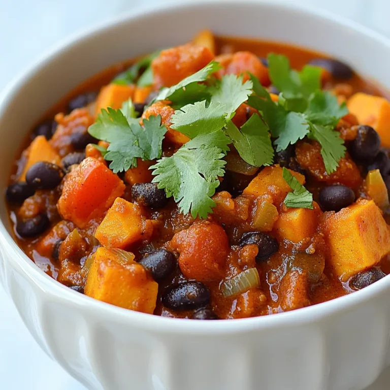 To make this spicy chipotle sweet potato chili, gather these ingredients: - 2 medium sweet potatoes, peeled and diced - 1 can (15 oz) black beans, rinsed and drained - 1 can (15 oz) diced tomatoes with green chilies - 1 bell pepper (red or yellow), diced - 1 large onion, chopped - 4 cloves garlic, minced - 2 tablespoons chipotle in adobo sauce, chopped - 1 teaspoon ground cumin - 1 teaspoon smoked paprika - 1 teaspoon dried oregano - 2 cups vegetable broth - 1 tablespoon olive oil - Salt and pepper to taste - Fresh cilantro, for garnish If you want to change things up, here are some great swaps: - Sweet Potatoes: Use butternut squash or regular potatoes for a different taste. - Black Beans: Any beans work, like kidney or pinto beans. - Vegetable Broth: Chicken broth gives a nice flavor too if you prefer. - Chipotle in Adobo: Try smoked paprika and a little hot sauce for a milder option. - Fresh Cilantro: Parsley or green onions can be used for garnish instead. This chili packs a nutritious punch. Here’s a rough breakdown per serving (for about 4-6 servings): - Calories: 300 - Protein: 10g - Carbohydrates: 55g - Fiber: 12g - Fat: 7g This chili is not just filling; it also gives you good vitamins and minerals. Sweet potatoes add fiber and vitamin A. Black beans boost protein and iron. Enjoy this meal knowing it's both tasty and healthy! {{ingredient_image_1}} First, gather your ingredients. You will need: - 2 medium sweet potatoes, peeled and diced - 1 can (15 oz) black beans, rinsed and drained - 1 can (15 oz) diced tomatoes with green chilies - 1 bell pepper (red or yellow), diced - 1 large onion, chopped - 4 cloves garlic, minced - 2 tablespoons chipotle in adobo sauce, chopped - 1 teaspoon ground cumin - 1 teaspoon smoked paprika - 1 teaspoon dried oregano - 2 cups vegetable broth - 1 tablespoon olive oil - Salt and pepper to taste - Fresh cilantro, for garnish Now, peel and dice the sweet potatoes. Chop the onion and bell pepper. Mince the garlic. This prep makes cooking smooth. Heat a large pot or Dutch oven over medium heat. Add the olive oil. Once hot, toss in the chopped onion and bell pepper. Cook them until they soften, about 5 to 7 minutes. Next, stir in the minced garlic. Cook for one more minute until it smells great. Add your diced sweet potatoes to the pot. Stir everything together well. Pour in the diced tomatoes, vegetable broth, black beans, chipotle, cumin, smoked paprika, oregano, salt, and pepper. Mix it all up. Bring the chili to a boil. Then, lower the heat. Cover the pot and let it simmer for 25 to 30 minutes. Check the sweet potatoes for tenderness. Stir occasionally to avoid sticking. After cooking, taste your chili. Adjust the seasoning if needed. Add more salt, pepper, or chipotle for extra heat. Serve the chili hot, topped with fresh cilantro for a bright finish. To make this chili stand out, use fresh ingredients. Fresh sweet potatoes and herbs enhance the taste. You can also roast the sweet potatoes before adding them. This adds a nice depth of flavor. If you want more spice, add extra chipotle or a pinch of cayenne. Taste as you go to find your perfect heat level. Lastly, let the chili sit for a while before serving. This allows the flavors to meld beautifully. Enjoy the bold flavors and warm spice! When making Spicy Chipotle Sweet Potato Chili, avoid these common mistakes: - Not peeling sweet potatoes: The skin can add a bitter taste. - Skipping the spices: They boost flavor. Don't leave them out! - Overcooking the garlic: It can turn bitter. Cook it just until fragrant. - Not tasting: Always taste as you go. Adjust seasoning as needed. If you like heat, here are ways to amp up the spice: - Add more chipotle: Increase the amount of chipotle in adobo sauce. Start with an extra tablespoon. - Use fresh jalapeños: Dice them and toss them in with the onions. - Try cayenne pepper: Sprinkle in some cayenne for a different heat profile. - Top with hot sauce: A dash of your favorite hot sauce can add a nice kick. Serve your chili with these tasty ideas: - Cornbread: The sweetness pairs well with the chili's heat. - Tortilla chips: Crunchy chips add texture. Serve them on the side. - Sour cream: A dollop cools down the spice. - Avocado slices: Creamy avocado balances the chili's heat. - Fresh cilantro: Garnish with cilantro for a fresh touch. Pro Tips Choose the Right Sweet Potatoes: Opt for firm, unblemished sweet potatoes for the best texture and flavor. Avoid those with soft spots or blemishes. Adjust the Heat: If you’re sensitive to spice, start with half the amount of chipotle in adobo sauce and gradually add more to taste. Meal Prep Friendly: This chili can be made in advance and freezes well. Store in airtight containers for up to 3 months for a quick meal later. Garnish for Freshness: Don't skip the fresh cilantro garnish—it adds a burst of freshness that balances the chili's richness. {{image_2}} This chili is already vegetarian and vegan! It uses sweet potatoes, black beans, and veggies. These ingredients give it great taste and texture. You can also add more beans or different veggies. Try corn, zucchini, or carrots for extra color and flavor. If you want meat, ground beef or turkey works well. Brown the meat before adding the onions and bell peppers. This adds a rich flavor. For a smoky twist, add some diced smoked sausage. Just remember to adjust the cooking time. Good news! This chili is naturally gluten-free. Just check that your broth is gluten-free if you are buying it. You can also serve it over rice or quinoa for a filling meal. Enjoy it without worry! After enjoying your spicy chipotle sweet potato chili, let it cool first. Divide the chili into airtight containers. Store it in the fridge for up to four days. If you want to keep it longer, consider freezing it. To reheat the chili, pour it into a pot. Heat over medium heat until warm. Stir it often to prevent sticking. You can also use the microwave. Transfer it to a microwave-safe bowl and heat in short bursts. Stir between each burst for even heating. To freeze the chili, use freezer-safe containers. Leave some space at the top for expansion. It will stay fresh for up to three months. When you're ready to eat, thaw it in the fridge overnight. Reheat it before serving for the best taste. Yes, you can use fresh tomatoes. Use about four medium-sized tomatoes, chopped. Add a bit of water to keep it juicy. Fresh tomatoes add a bright flavor. Just remember to cook them down a little longer. This chili has a nice kick. The chipotle in adobo sauce gives it heat. If you like it spicier, you can add more chipotle. You can also add hot sauce or fresh jalapeños for extra spice. Taste as you go to find your perfect heat level. You have many great options! Here are some ideas: - Cornbread: Sweet, fluffy cornbread pairs well. - Rice: Serve it over white or brown rice for a filling meal. - Tortilla Chips: Crunchy chips are great for dipping. - Avocado: Sliced avocado adds creaminess and cools the heat. - Sour Cream: A dollop of sour cream or yogurt balances the spice. Feel free to mix and match these options to suit your taste! This blog post covers everything to make Spicy Chipotle Sweet Potato Chili. You learned about the ingredients, substitutions, and nutrition. The step-by-step guide gives clear prep and cooking methods. I shared tips to enhance flavor and avoid common mistakes. Plus, you found ways to modify the chili for different diets. Remember to store leftovers properly for future meals. With this knowledge, you can create a tasty dish that fits your style. Enjoy making chili your own!