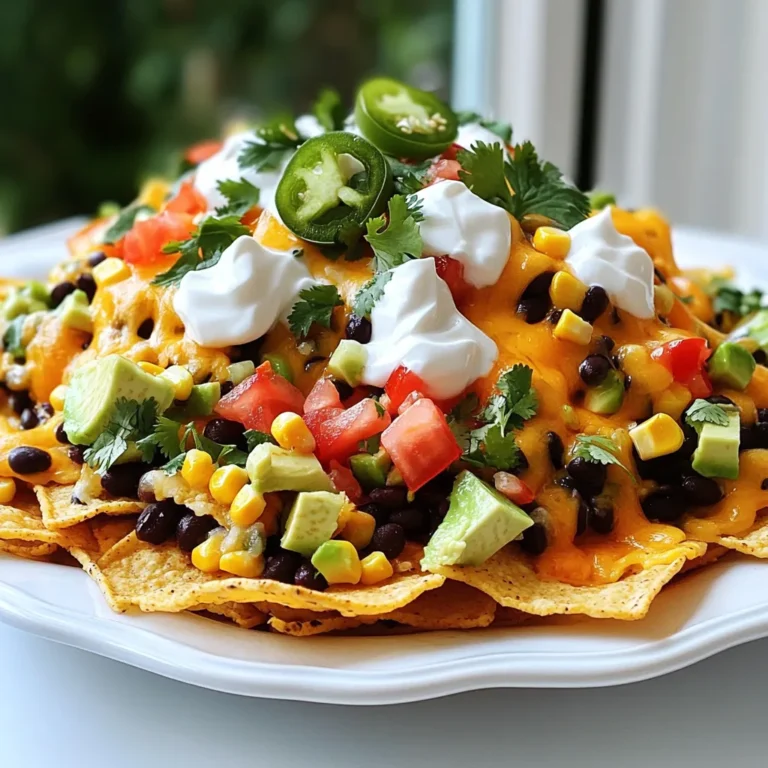 To make your loaded veggie nachos, gather these key ingredients: - 1 bag of tortilla chips (about 12 oz) - 1 cup black beans, drained and rinsed - 1 cup corn (fresh, frozen, or canned) - 1 large tomato, diced - 1 jalapeño, thinly sliced - 1 cup bell peppers (mix of red, yellow, and green), diced - 1 cup shredded cheese (cheddar or a vegan cheese alternative) - 1/2 cup sour cream or Greek yogurt (or vegan alternative) - 1/4 cup fresh cilantro, chopped - 1 avocado, diced - 1 tablespoon olive oil - 1 teaspoon cumin - 1 teaspoon chili powder - Salt and pepper to taste Feel free to customize your nachos! Here are some fun add-ins: - Black olives for a salty kick - Green onions for freshness - Pickled jalapeños for more heat - Sliced radishes for crunch - A drizzle of hot sauce for spice For the best flavor, choose high-quality products: - Use fresh, organic vegetables when possible. - Try a sharp cheddar cheese for a bold taste. - Look for low-sodium black beans for a healthier option. - Select fresh herbs like cilantro for vibrant flavor. These simple choices will elevate your loaded veggie nachos! Start by gathering all your veggies. I love using black beans, corn, tomatoes, jalapeños, and bell peppers. They add great taste and color. In a large bowl, mix one cup of black beans and one cup of corn. If you use canned corn, drain it first. Then, add one diced tomato, one thinly sliced jalapeño, and one cup of diced bell peppers. I like using a mix of red, yellow, and green for fun. Next, drizzle one tablespoon of olive oil over the mix. Add one teaspoon of cumin, one teaspoon of chili powder, salt, and pepper. Stir everything well until coated. Now it’s time to layer the nachos. Preheat your oven to 350°F (175°C). Spread a bag of tortilla chips on a large baking sheet. Make sure they are in one even layer. This helps the nachos cook evenly. Next, take your veggie mixture and distribute it over the chips. Try to cover as much area as you can. Then, sprinkle one cup of shredded cheese on top. I prefer cheddar cheese, but feel free to use a vegan option if you like. Bake the nachos in your preheated oven for about 10 to 15 minutes. You want to see the cheese melt and bubble. Keep an eye on them to avoid burning. Once done, remove the nachos from the oven. Let them cool for a few minutes before adding toppings. Top with dollops of sour cream or Greek yogurt, diced avocado, and chopped cilantro. For extra heat, add more jalapeños if you like. Serve warm and enjoy your tasty, loaded veggie nachos! To make your loaded veggie nachos unique, try different toppings. You can swap black beans for pinto beans. Add some sautéed mushrooms or zucchini for extra flavor. Want more spice? Add more jalapeños or a drizzle of hot sauce. You can also mix in olives or pickled onions. Each topping changes the taste and keeps things fun! For cheese, you have great choices. Cheddar cheese melts well and adds a sharp taste. Monterey Jack gives a creamy texture. For a vegan option, choose a vegan cheese that melts. Nutritional yeast is another option for a cheesy flavor without dairy. Experiment to find your favorite cheese blend! If you have leftover nachos, store them properly. Place them in an airtight container. Keep the sour cream and fresh toppings separate. This helps keep the chips from getting soggy. You can reheat them in the oven at 350°F for about 10 minutes. Enjoy the crunchy goodness again! {{image_2}} To make vegan loaded veggie nachos, swap regular cheese for a vegan cheese. You can use a brand that melts well. Instead of sour cream, try a cashew cream or a store-bought vegan alternative. The flavor stays rich and creamy without using animal products. Want a kick? Add more jalapeños or some sliced serrano peppers. You can also sprinkle red pepper flakes over the nachos before baking. If you enjoy heat, try using pepper jack cheese for an extra spicy twist. If you're gluten-free, choose certified gluten-free tortilla chips. Many brands offer tasty options. You can also use corn tortillas. Just cut them into triangles, bake until crispy, and layer them with your toppings. This way, you still get all the flavor without gluten. Loaded Veggie Nachos can be both tasty and healthy. A serving (about 1/4 of the dish) has around 400-500 calories. The macronutrients in this dish break down like this: - Protein: 15-20 grams - Carbohydrates: 45-55 grams - Fat: 20-25 grams These numbers can vary based on cheese type and toppings. Each ingredient in Loaded Veggie Nachos offers great health benefits: - Black beans provide protein and fiber, aiding digestion. - Corn is a good source of vitamins and minerals. - Tomatoes are rich in antioxidants and support heart health. - Jalapeños can boost metabolism and add flavor. - Bell peppers are high in Vitamin C, boosting immunity. - Avocado offers healthy fats for heart health. - Cilantro adds flavor and may aid in detoxifying the body. These ingredients combine to make a tasty dish full of nutrients. To enjoy Loaded Veggie Nachos without overdoing it, follow these tips: - Use a small plate for serving to control portions. - Limit yourself to one serving at a time. - Pair with a salad or veggie sticks for balance. These steps help you enjoy the nachos while staying mindful of your intake. You can prepare the veggie mix ahead. Just combine the black beans, corn, tomatoes, jalapeños, and bell peppers. Add olive oil, cumin, chili powder, salt, and pepper. Store this mix in the fridge. When ready, layer the tortilla chips and bake. This keeps the chips crunchy and the toppings fresh. Sour cream or Greek yogurt is great on nachos. You can also use guacamole for creaminess. Salsa adds a fresh kick. For a bit of heat, try hot sauce. These sauces make your nachos even more tasty and fun! Yes, you can use an air fryer! Layer the tortilla chips and top them with the veggie mix and cheese. Cook at 350°F for about 5-7 minutes. Check to see if the cheese has melted. This method makes the nachos crispy and quick to prepare. Loaded veggie nachos are fun, tasty, and easy to make. We covered all the key steps, from choosing the right ingredients to baking them perfectly. Customize your nachos to fit your taste with our tips and variations, like vegan or spicy options. Remember to consider the health benefits and portion sizes for a balanced treat. Enjoy your nachos fresh or save leftovers for later. Dive into this simple dish that brings joy to any gathering!