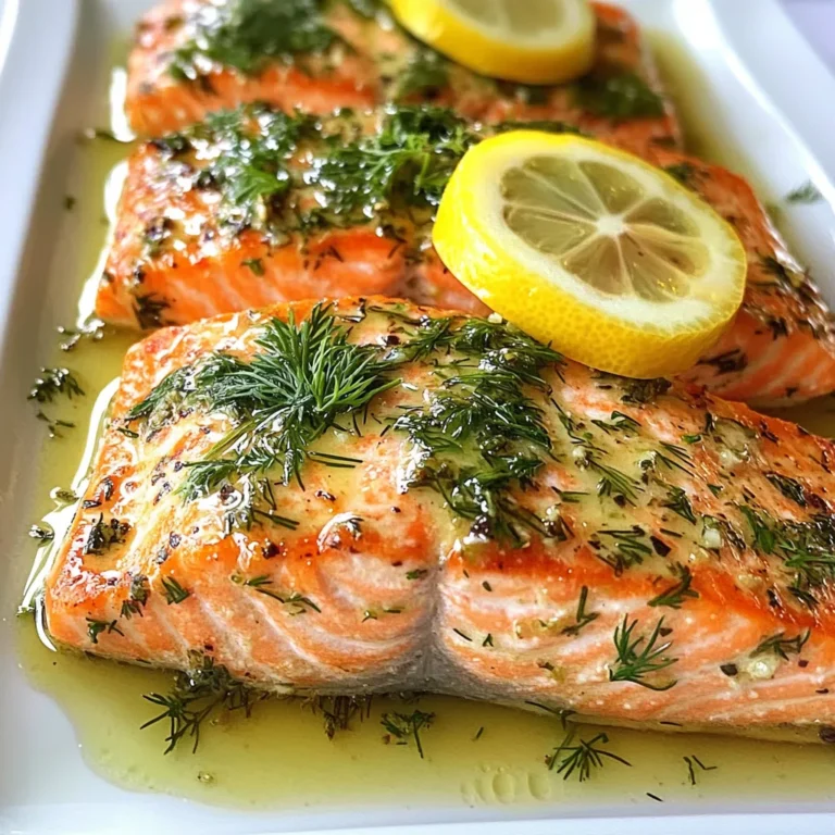 - 4 salmon fillets (6 oz each) - 4 tablespoons unsalted butter - 5 cloves garlic, minced - 2 tablespoons fresh parsley, chopped - 2 tablespoons fresh dill, chopped - 2 tablespoons fresh lemon juice - Zest of 1 lemon - Salt and pepper, to taste The main ingredients in this recipe create a flavor that shines. Salmon is the star. It offers a rich taste and a good source of healthy fats. The unsalted butter adds creaminess. Garlic gives a bold and warm touch. Fresh parsley and dill bring brightness and freshness to the dish. Lemon juice and zest add a nice tang. They balance the richness of the butter and salmon well. Salt and pepper help bring out all these flavors. - Lemon slices - Fresh herb sprigs Using garnishes makes the dish look great and adds flavor. Lemon slices add a zesty touch. Fresh herb sprigs enhance the dish's fresh look. These simple additions create a beautiful plate that is perfect for any meal. {{ingredient_image_1}} - Preheat your oven to 400°F (200°C). - Line a baking sheet with parchment paper. - Pat the salmon fillets dry with paper towels. - Season both sides of the fillets with salt and pepper. - In a small saucepan, melt 4 tablespoons of butter over medium heat. - Once melted, add 5 minced garlic cloves. - Sauté for 1-2 minutes until the garlic smells good. Do not let it burn. - Stir in 2 tablespoons of chopped parsley and dill. - Add 2 tablespoons of lemon juice and the zest of 1 lemon. Mix well. - Place the seasoned salmon on the baking sheet. - Spoon the garlic herb butter over each fillet. Make sure they are well-coated. - Bake for 12-15 minutes. Check if the salmon flakes easily with a fork. - Once cooked, remove from the oven. Let it sit for a minute. - Transfer the salmon to a plate and drizzle with any leftover butter. - Garnish with lemon slices and fresh herbs. How do you tell when salmon is cooked? Salmon is done when it flakes easily with a fork. You can also check the color. Cooked salmon turns from bright pink to a lighter color. The center should still be slightly moist but no longer raw. Use a meat thermometer for precision. The ideal internal temperature is 145°F (63°C). What are the best methods for seasoning salmon? Start with salt and pepper to enhance the natural flavor. You can add garlic for depth and fresh herbs for brightness. Mix herbs like parsley and dill into melted butter. This adds a rich taste. You can also use lemon juice to brighten the dish. Always season both sides of the fillet. What are suggestions for additional herbs and spices? You can try basil, thyme, or tarragon for different flavors. Adding a pinch of paprika gives a nice kick. For a spicy touch, consider red pepper flakes. Fresh herbs work best, but dried herbs can work too. Just use less, as they are more concentrated. What are pairing ideas with side dishes? Garlic butter herb salmon pairs well with many sides. Try roasted vegetables, like asparagus or broccoli. A fresh salad with lemon vinaigrette balances the dish nicely. You can also serve it with rice or quinoa for a filling meal. Mashed potatoes add creaminess and comfort. Pro Tips Choose Fresh Salmon: Opt for fresh, high-quality salmon fillets for the best flavor and texture. Look for vibrant color and firm texture when selecting your fish. Don’t Overcook: Salmon cooks quickly, so keep an eye on it while baking. Remove it from the oven as soon as it flakes easily with a fork to prevent dryness. Customize Herbs: Feel free to experiment with your favorite herbs. Thyme, basil, or even tarragon can add unique flavors to the garlic butter sauce. Serve with Sides: Pair the salmon with a light salad, steamed vegetables, or a grain like quinoa or rice for a complete meal that balances flavors and textures. {{image_2}} You can cook Garlic Butter Herb Salmon in different ways for new flavors. Grilling adds a smoky taste. Just preheat the grill and cook the salmon for about 5-7 minutes on each side. Brush the garlic butter mixture on the salmon before grilling for extra flavor. The fish will have nice grill marks and a crispy texture. Pan-searing is another great option. Heat a skillet over medium-high heat and add butter. Place the salmon skin-side down and cook for 4-5 minutes. Then flip it over and cook for another 3-4 minutes. This method gives you a crispy skin and a soft inside. Both methods are quick and keep the salmon juicy. If you want to switch things up, try different types of fish. Trout, tilapia, or even swordfish work well. Each fish has a unique taste but pairs nicely with garlic and herbs. For a dairy-free version, swap the butter for olive oil or vegan butter. The garlic and herbs will still shine through, giving you a tasty dish. You won’t miss the dairy, and it will still be rich and flavorful. After you enjoy your garlic butter herb salmon, store the leftovers properly. First, let the salmon cool to room temperature. This helps prevent condensation. Then, wrap each fillet tightly in plastic wrap. You can also place them in an airtight container. This keeps the salmon fresh and tasty. I recommend using a glass or BPA-free plastic container. Both options keep the flavor intact. Store it in the fridge for up to three days. To reheat salmon, avoid drying it out. Preheat your oven to 275°F (135°C). Place the salmon on a baking sheet. Add a splash of water or broth to keep moisture. Cover it with foil to trap steam. Heat for about 15 minutes or until warm. You can also use a microwave. Place the salmon on a microwave-safe plate. Cover it with a damp paper towel. Heat in short bursts of 30 seconds until warmed through. Leftover salmon is versatile. Use it in salads or pasta dishes. Flake it into scrambled eggs for breakfast. You can also mix it into a creamy dip for a snack. The options are endless! How long does it take to bake salmon at 400°F? It takes about 12-15 minutes to bake salmon at 400°F. The salmon should flake easily with a fork when done. I recommend checking around the 12-minute mark for perfect doneness. Can I use frozen salmon fillets for this recipe? Yes, you can use frozen salmon fillets. Just make sure to thaw them first. You can leave them in the fridge overnight or use the defrost setting on your microwave. This will help the garlic butter mix well. What are the health benefits of eating salmon? Salmon is very healthy. It is rich in omega-3 fatty acids, which are good for your heart. Salmon also provides a lot of protein, vitamins, and minerals. Eating salmon can help improve brain function and lower inflammation. What’s the best type of salmon for baking? The best types of salmon for baking are Atlantic and King salmon. They are fatty and stay moist while cooking. You can also use Sockeye for a richer flavor. All types are tasty with garlic butter. How do I adjust cooking times for thicker fillets? For thicker fillets, add a few extra minutes to the cooking time. A good rule is to bake for about 4-5 minutes per half-inch of thickness. Always check for doneness by testing if the fish flakes easily. This blog post guides you through making delicious garlic butter herb salmon. We covered key ingredients, from fresh salmon fillets to buttery garlic. I shared simple steps to prep, bake, and store your dish. Plus, I included tips for seasoning and alternative cooking methods. In conclusion, baking salmon is easy and rewarding. With the right ingredients and techniques, you can enjoy a tasty meal. Don't be afraid to try different flavors or cooking methods to make it your own. Enjoy your cooking journey!
