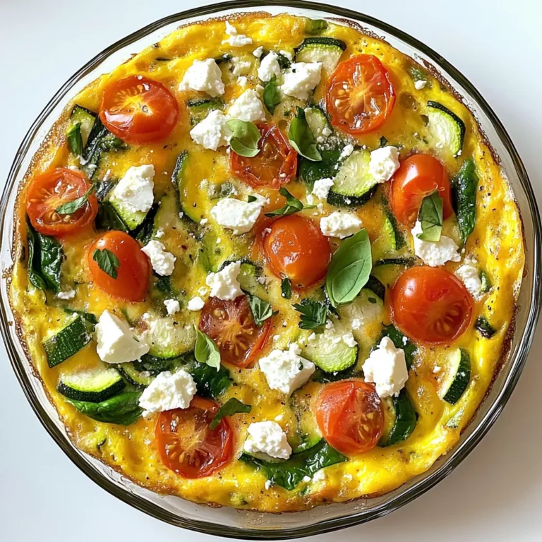 For a tasty veggie loaded frittata, you need these key ingredients: - 6 large eggs - 1/4 cup milk (dairy or non-dairy) - 1 cup spinach, chopped - 1/2 bell pepper, diced (any color) - 1 small zucchini, diced - 1/2 cup cherry tomatoes, halved - 1/4 cup red onion, finely chopped - 1/2 teaspoon garlic powder - Salt and pepper to taste - 1/4 cup feta cheese, crumbled (optional) - 2 tablespoons olive oil - Fresh herbs for garnish (such as parsley or basil) These ingredients come together to create a bright and colorful dish. Eggs form the base, while the veggies add flavor and nutrition. The feta cheese gives a nice salty kick, but it is optional. You can add more flavor with these tasty extras: - Cooked bacon or sausage - Fresh herbs like thyme or dill - Avocado slices on top - Grated cheese like cheddar or mozzarella These add-ins can change the taste of your frittata. They let you customize the dish to match your mood or pantry. If you have dietary needs, don’t worry! Here are some easy swaps: - Use egg whites or a plant-based egg substitute for fewer calories. - Swap the milk with almond or soy milk for a dairy-free option. - Replace feta with nutritional yeast for a vegan option. These substitutions keep the frittata delicious while fitting your diet. Enjoy your cooking! {{ingredient_image_1}} Start by gathering your veggies. You need spinach, bell pepper, zucchini, cherry tomatoes, and red onion. Chop the spinach and dice the bell pepper and zucchini. Halve the cherry tomatoes and finely chop the red onion. These veggies add great taste and nutrients to your frittata. Heat two tablespoons of olive oil in a non-stick, oven-safe skillet over medium heat. Add the red onion and bell pepper. Sauté them for about 2-3 minutes until they soften. Next, add the zucchini and cherry tomatoes. Cook for another 3-4 minutes, stirring often. Finally, stir in the chopped spinach and cook until it wilts, about 1-2 minutes. This mix builds a solid base of flavor. In a large mixing bowl, whisk together six large eggs and 1/4 cup of milk. You can use dairy or a non-dairy option, based on your preference. Keep whisking until the mixture is smooth. Add 1/2 teaspoon of garlic powder, salt, and pepper to taste. This egg base gives your frittata a rich and creamy texture. Once your veggies are ready, pour the egg mixture over them in the skillet. Make sure the eggs cover all the veggies evenly. If you like, sprinkle 1/4 cup of crumbled feta cheese on top for extra flavor. Cook the frittata on the stovetop for about 3-5 minutes. You want the edges to start setting. After that, transfer the skillet to your preheated oven at 375°F (190°C). Bake for 15-20 minutes, or until the center is set and lightly golden. When done, carefully take it out of the oven. Let it cool for a few minutes before slicing. Garnish with fresh herbs like parsley or basil before serving. Enjoy your veggie-loaded frittata! To get a great texture in your frittata, focus on the cooking time. Cook it on the stovetop until the edges start to set. This gives a nice base. Use a non-stick skillet for easy flipping. The oven will finish the cooking, making it fluffy. Keep an eye on it to avoid overcooking. The center should be set but not dry. One common mistake is not whisking the eggs thoroughly. This can lead to uneven cooking. Another mistake is overcrowding the skillet with veggies. This prevents the eggs from cooking properly. Always chop your vegetables into small, even pieces. Lastly, don’t forget to season your egg mixture. Salt and pepper enhance the flavor vividly. Use a large mixing bowl for the egg mixture. A whisk helps blend the eggs and milk well. A good non-stick, oven-safe skillet is key for cooking. A spatula will help you flip the frittata easily. Fresh herbs add a nice touch, so have scissors handy for snipping. These tools will help you make a delicious frittata quickly. Pro Tips Use Fresh Vegetables: Fresh vegetables not only enhance the flavor but also provide more nutrients. Choose seasonal produce for the best taste. Whisk Eggs Thoroughly: Ensure you whisk the eggs and milk well to incorporate air, which will help the frittata rise and become fluffy. Customize with Herbs: Experiment with different herbs like thyme or dill to add unique flavors to your frittata. Check for Doneness: The frittata should be set in the middle but still slightly jiggly. It will continue to cook after being removed from the oven, so avoid overcooking. {{image_2}} You can change up the veggies in your frittata. Feel free to use what you have. Some great choices are: - Kale - Broccoli - Mushrooms - Carrots Each of these adds its own flavor and nutrients. For example, broccoli gives a nice crunch. Mushrooms add a rich taste. Mixing different veggies keeps each frittata unique. Adding protein makes the frittata heartier. You can include cooked meats like: - Ham - Bacon - Sausage If you prefer plant-based options, try: - Tofu - Tempeh - Black beans These options boost protein levels and add more flavor. Just remember to cook meats before adding them to the egg mix. You can easily make your frittata dairy-free or vegan. To do this, use: - Plant-based milk, like almond or soy - Nutritional yeast instead of cheese for a cheesy taste You can also replace eggs with a mix of ground flaxseed and water. This gives a similar texture. These changes keep your frittata tasty and friendly for all diets. To keep your veggie loaded frittata fresh, let it cool first. Once cooled, slice it into portions. Place the slices in an airtight container. Store them in the fridge for up to four days. Avoid stacking the slices directly on top of each other to keep them from sticking. When you're ready to enjoy the frittata again, preheat your oven to 350°F (175°C). Place the frittata slices on a baking sheet. Cover them with foil to keep moisture in. Heat for about 10-15 minutes until warm. You can also reheat slices in the microwave for 1-2 minutes. Just check to make sure they don't get too hot. If you want to save some for later, freeze the frittata. Wrap each slice tightly in plastic wrap. Then, place them in a freezer-safe bag or container. Be sure to label the bag with the date. The frittata can last for up to three months in the freezer. To thaw, place it in the fridge overnight before reheating. Yes, you can make a frittata without eggs! Instead, use chickpea flour or silken tofu. Mix these with water and spices to create a batter. This gives you a similar texture and flavor. You can add your favorite veggies just like in a regular frittata. Baking a frittata takes about 15 to 20 minutes. Preheat your oven to 375°F (190°C) first. Once you pour the egg mixture over the veggies, cook it on the stovetop for 3 to 5 minutes. Then, transfer your skillet to the oven to finish cooking. Fresh herbs add great taste to your frittata. I love using parsley, basil, or chives. You can also try thyme or dill for a unique twist. Just sprinkle them on top before serving for a burst of flavor. This blog post covered how to make a veggie-loaded frittata. We discussed key ingredients, the best steps to cook it, and ways to avoid mistakes. Use the tips shared for perfect texture and flavor. You can try different veggies and proteins to suit your taste or diet. Storing leftovers is easy, and reheating is simple too. Now, you have all you need to enjoy a tasty frittata. Try making it today and impress your family or friends with your skills!