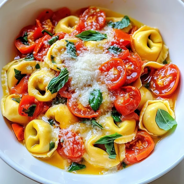 - 2 tablespoons olive oil - 3 cloves garlic, minced - 1 can (14 oz) diced tomatoes, undrained - 4 cups vegetable broth - 1 package (9 oz) cheese tortellini (fresh or frozen) - 1 teaspoon dried Italian seasoning - 1/2 teaspoon red pepper flakes (optional) - Salt and pepper to taste - 1 cup fresh basil leaves, chopped - 1/2 cup heavy cream (or coconut cream for a dairy-free option) - Grated Parmesan cheese for serving When I create One Pot Tomato Basil Tortellini, I use simple and fresh ingredients. Olive oil adds a rich flavor. Minced garlic gives the dish a warm aroma. Diced tomatoes provide juiciness, while vegetable broth adds depth. Cheese tortellini makes it hearty and filling. For seasoning, I like to add dried Italian seasoning. It brings a nice herb mix. Red pepper flakes can give a bit of heat, but you can skip them if you want a milder taste. Salt and pepper enhance the flavors, while fresh basil leaves add a bright touch. I often stir in heavy cream for a creamy finish. If you prefer a dairy-free option, coconut cream works great. Finally, I sprinkle grated Parmesan cheese on top for extra flavor. These ingredients come together to create a warm and tasty meal. It’s quick to make, perfect for busy days. With this mix, you can enjoy a comforting dish in just 20 minutes! - Heat 2 tablespoons of olive oil in a large pot over medium heat. - Add 3 cloves of minced garlic and sauté for about 1 minute. - Be careful not to burn the garlic; you want it fragrant. - Next, stir in 1 can of diced tomatoes, undrained, and 4 cups of vegetable broth. - Bring the mixture to a gentle boil, and watch it bubble. - Once boiling, add 1 package of cheese tortellini, 1 teaspoon of dried Italian seasoning, and 1/2 teaspoon of red pepper flakes if you like spice. - Stir well to combine all the ingredients. - Reduce heat to medium-low and let it simmer for 5-7 minutes. - Stir occasionally to keep the tortellini from sticking to the pot. - Check if the tortellini is cooked through and tender. - Once the tortellini is ready, stir in 1 cup of chopped fresh basil and 1/2 cup of heavy cream. - Season with salt and pepper to taste. - Let it cook for an additional 2-3 minutes until warmed through. - Serve hot and garnish with grated Parmesan cheese and extra basil leaves if you wish. How do you avoid overcooking tortellini? To prevent overcooking, keep an eye on the time. Fresh tortellini cooks in about 5-7 minutes. Frozen tortellini may need an extra minute. Stir it gently to check for doneness. You want it tender but not mushy. Should you use fresh or frozen tortellini? I prefer fresh tortellini for its soft texture. It cooks quickly and absorbs flavors well. Frozen tortellini is a great option too. It’s easy to store and saves time. Just remember to adjust the cooking time slightly. What herbs and spices do you recommend? Adding fresh basil is key. It brings a bright flavor. You can also add thyme or oregano for more depth. A pinch of red pepper flakes adds a nice kick. Taste as you go to find your perfect mix. How can you serve with extra garnishes? Garnishing elevates your dish. A sprinkle of grated Parmesan cheese adds richness. Extra basil leaves on top offer a fresh look. You can also drizzle a bit of olive oil for shine. Serve it hot for the best experience. {{image_2}} Making it dairy-free You can easily make this dish dairy-free. Simply swap heavy cream for coconut cream. This change keeps the dish rich and creamy without dairy. Choose a dairy-free cheese for topping, too. Many brands offer great options that melt well. Vegetarian or vegan modifications This dish is already vegetarian. To make it vegan, just ensure you use vegan tortellini. Many stores carry plant-based options now. Check labels to avoid dairy. You can also use vegetable broth to keep it vegan-friendly. Alternatives to tortellini If you want a change, try different pasta shapes. Shells or penne work great in this dish. You can also use gluten-free pasta if needed. Just keep an eye on the cooking time to ensure it stays tender. Substituting for different sauces While this recipe uses tomato and basil flavors, feel free to mix it up. For a creamier taste, try adding Alfredo sauce. You can also use pesto for a fresh twist. Each option brings a new flavor profile to the dish. After you enjoy your One Pot Tomato Basil Tortellini, store any leftovers in an airtight container. Keep it in the fridge for best results. Try to eat it within 3 days for the best taste. If you want to store it longer, freeze it. In the freezer, it can last for up to 2 months. To reheat your tortellini, use a pot on low heat. This helps keep the flavors fresh. You can also use the microwave. If you choose this method, heat it in short bursts. Stir in between to avoid hot spots. Add a splash of broth or cream if it seems dry. Always check to make sure it is heated through without overcooking. Can I use different types of pasta? Yes, you can use other types of pasta. Just remember that cooking time may change. For example, smaller pasta shapes may cook faster, while larger shapes may take longer. Keep an eye on them as they cook to avoid overdoing it. How can I make this recipe gluten-free? To make this dish gluten-free, use gluten-free tortellini. Many stores sell this option now. You can also substitute the broth with gluten-free vegetable broth. Just check the labels to ensure they fit your needs. What can I substitute for heavy cream? You can use coconut cream as a dairy-free option. Another option is to blend silken tofu with a bit of water. This gives a nice creamy texture without dairy. Is it possible to use fresh tomatoes instead of canned? Yes, you can use fresh tomatoes. If you do, chop about 4-5 medium-sized tomatoes. You will need to cook them longer to break down and release their juices. What can I serve alongside this dish? This meal pairs well with a fresh salad or garlic bread. A simple green salad adds a nice crunch. Garlic bread brings a warm, comforting touch to the meal. Can I double the recipe for a larger group? Absolutely! Just double all the ingredients. Use a larger pot to fit everything. Keep an eye on cooking time, as it may take a bit longer for the tortellini to cook through. This blog discussed how to make a tasty tortellini dish. We covered the main ingredients, like olive oil, garlic, and tortellini, and how to cook them step by step. I shared useful tips for great flavor and variations to meet different diets. Lastly, I explained how to store leftovers and answered key questions. Making this dish allows you to enjoy a wholesome meal with family or friends. Remember, cooking is fun, so feel free to experiment! Enjoy your tortellini journey!