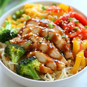 - 2 boneless, skinless chicken breasts, thinly sliced - 8 oz (225 g) rice noodles - 1 cup broccoli florets - 1/2 cup bell peppers, sliced (red and yellow) - 1 carrot, julienned - 3 green onions, chopped - 1/4 cup teriyaki sauce - 1 tablespoon soy sauce - 1 tablespoon honey - 2 tablespoons sesame oil - 2 cloves garlic, minced - 1 teaspoon ginger, grated - Sesame seeds for garnish These ingredients come together to create a tasty meal. The chicken adds protein, while the veggies offer crunch and color. Rice noodles provide a nice base, soaking up that rich sauce. This dish serves four, making it great for family meals. Each serving has about: - Calories: 400 - Protein: 25g - Carbohydrates: 50g - Fat: 15g - Fiber: 3g These numbers can vary based on your choices, but this meal is balanced and satisfying. Do you need to make swaps? Here are some ideas: - Chicken: Use tofu or shrimp for a different protein. - Noodles: Try whole wheat or egg noodles if you can't find rice noodles. - Vegetables: Swap in snap peas, zucchini, or bok choy for variety. - Sauce: Use coconut aminos instead of soy sauce for a soy-free option. These changes can help you customize the meal to fit your taste or dietary needs. Feel free to experiment! {{ingredient_image_1}} Start by boiling water in a pot. Once it boils, add the rice noodles. Cook them according to the package instructions. This usually takes about 5 to 7 minutes. After cooking, drain the noodles and set them aside. This step is key for getting the right texture. In a small bowl, mix the following ingredients: - 1/4 cup teriyaki sauce - 1 tablespoon soy sauce - 1 tablespoon honey - 2 cloves garlic, minced - 1 teaspoon ginger, grated Stir them until combined. This sauce adds a sweet and savory flavor to the dish. Set it aside for later. Heat 1 tablespoon of sesame oil in a large skillet or wok over medium-high heat. Add 2 thinly sliced chicken breasts. Cook for about 5 to 7 minutes until the chicken is cooked and lightly browned. Next, add 1 cup broccoli florets, 1/2 cup sliced bell peppers, and 1 julienned carrot. Stir-fry these for another 3 to 4 minutes. The veggies should be tender but still crisp. Lower the heat and add the cooked noodles to the skillet. Pour the prepared sauce over the noodles. Toss everything together for about 2 to 3 minutes. Make sure all the ingredients are well coated and heated through. Finally, drizzle 1 tablespoon of sesame oil over the dish and toss once more. Add 3 chopped green onions and mix them in. This brings freshness and flavor to your meal. Serve the Sweet Teriyaki Chicken Noodles in bowls and top with sesame seeds for garnish. Enjoy! I love using rice noodles for Sweet Teriyaki Chicken. They soak up flavors well. You can also use egg noodles or udon for a thicker bite. Both options bring a nice texture. Choose noodles that cook quickly. This saves time and keeps dinner fast. To keep chicken tender, slice it thinly. This helps it cook evenly. Cook over medium-high heat. This avoids drying out the chicken. Use a meat thermometer to check for doneness. Aim for 165°F (75°C). Let the chicken rest for a few minutes before serving. This keeps it juicy. For extra flavor, try adding fresh herbs like cilantro or basil. A squeeze of lime juice brightens the dish. You can also toss in some chili flakes for heat. If you want a sweeter taste, add more honey. Feel free to play around with the teriyaki sauce too. Each change can create a new twist on this dish. Pro Tips Slice Chicken Thinly: Thinly slicing the chicken allows it to cook quickly and evenly, ensuring a tender texture in your dish. Don’t Overcook Noodles: Follow the package instructions closely, as overcooked noodles can become mushy and lose their appealing texture. Add Vegetables Last: To maintain their bright colors and crunch, add the vegetables towards the end of the cooking process. Garnish for Flavor: A sprinkle of sesame seeds not only adds visual appeal but also enhances the nutty flavor of the dish. {{image_2}} You can easily make Sweet Teriyaki Noodles vegetarian. Replace chicken with firm tofu. Use the same sauce and cook the tofu until golden. Tofu has a great texture and soaks up the flavor well. You can also try tempeh for a nutty taste. Both options keep it delicious and healthy. To make a gluten-free version, swap regular soy sauce for tamari. It gives the same salty flavor without gluten. Also, use rice noodles, as they are naturally gluten-free. This way, everyone can enjoy the meal without worry. Adding more vegetables can boost nutrition and flavor. Try snap peas, zucchini, or mushrooms. Just chop them up and toss them in with the other veggies. They add color and crunch to your dish. You can mix and match based on what you have at home. Enjoy experimenting with flavors! You can store Sweet Teriyaki Chicken Noodles in an airtight container. Make sure to let the dish cool first. Place it in the fridge within two hours of cooking. It will stay fresh for about three to four days. If you want to keep it longer, freezing is a good option. To reheat, you can use the microwave or a stovetop. If using a microwave, place the noodles in a safe bowl. Heat on high for about two minutes, stirring halfway through. For stovetop reheating, add a splash of water in a pan. Heat over medium until warm, stirring often. To freeze, portion the noodles into freezer-safe bags. Remove as much air as possible before sealing. Label each bag with the date. You can freeze them for up to three months. To cook, thaw overnight in the fridge. Reheat as explained above for best results. Teriyaki sauce is a sweet and savory sauce from Japan. It blends soy sauce, sugar, and mirin. You can find it in most supermarkets. This sauce gives food a delicious glaze and rich flavor. You can use it on meats, fish, and veggies. It is great for grilling or stir-frying. The mix of sweet and salty makes teriyaki sauce a favorite in many dishes. Yes, you can make Sweet Teriyaki Chicken Noodles ahead of time. You can prep the chicken and veggies in advance. Store them in the fridge for up to two days. Cook the noodles right before serving for the best taste. You can also make the sauce ahead. Just keep it in an airtight container. When you're ready, just heat everything together. This makes it easy for busy weeknights. You can easily customize this recipe to fit your taste. Add your favorite vegetables like snap peas or mushrooms. For spice, add red pepper flakes or sriracha. If you want a different protein, use shrimp or tofu. You can also swap rice noodles for whole grain or zucchini noodles. The options are endless! This lets you create a meal your whole family will love. This article covered the key parts of making sweet teriyaki chicken noodles. We explored important ingredients, cooking steps, and helpful tips. You learned how to choose noodles, ensure chicken is tender, and add your favorite flavors. We also discussed variations for different diets and how to store leftovers. In the end, you now have the tools to create a tasty meal that fits your needs. Enjoy cooking and feel free to experiment for your perfect dish!
