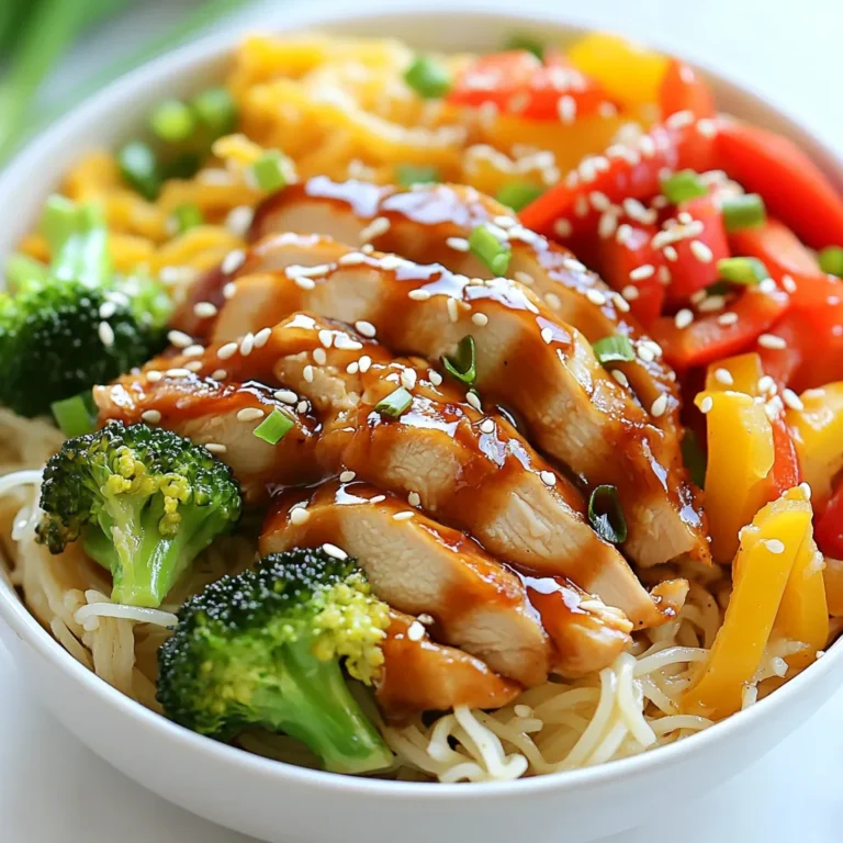 - 2 boneless, skinless chicken breasts, thinly sliced - 8 oz (225 g) rice noodles - 1 cup broccoli florets - 1/2 cup bell peppers, sliced (red and yellow) - 1 carrot, julienned - 3 green onions, chopped - 1/4 cup teriyaki sauce - 1 tablespoon soy sauce - 1 tablespoon honey - 2 tablespoons sesame oil - 2 cloves garlic, minced - 1 teaspoon ginger, grated - Sesame seeds for garnish These ingredients come together to create a tasty meal. The chicken adds protein, while the veggies offer crunch and color. Rice noodles provide a nice base, soaking up that rich sauce. This dish serves four, making it great for family meals. Each serving has about: - Calories: 400 - Protein: 25g - Carbohydrates: 50g - Fat: 15g - Fiber: 3g These numbers can vary based on your choices, but this meal is balanced and satisfying. Do you need to make swaps? Here are some ideas: - Chicken: Use tofu or shrimp for a different protein. - Noodles: Try whole wheat or egg noodles if you can't find rice noodles. - Vegetables: Swap in snap peas, zucchini, or bok choy for variety. - Sauce: Use coconut aminos instead of soy sauce for a soy-free option. These changes can help you customize the meal to fit your taste or dietary needs. Feel free to experiment! {{ingredient_image_1}} Start by boiling water in a pot. Once it boils, add the rice noodles. Cook them according to the package instructions. This usually takes about 5 to 7 minutes. After cooking, drain the noodles and set them aside. This step is key for getting the right texture. In a small bowl, mix the following ingredients: - 1/4 cup teriyaki sauce - 1 tablespoon soy sauce - 1 tablespoon honey - 2 cloves garlic, minced - 1 teaspoon ginger, grated Stir them until combined. This sauce adds a sweet and savory flavor to the dish. Set it aside for later. Heat 1 tablespoon of sesame oil in a large skillet or wok over medium-high heat. Add 2 thinly sliced chicken breasts. Cook for about 5 to 7 minutes until the chicken is cooked and lightly browned. Next, add 1 cup broccoli florets, 1/2 cup sliced bell peppers, and 1 julienned carrot. Stir-fry these for another 3 to 4 minutes. The veggies should be tender but still crisp. Lower the heat and add the cooked noodles to the skillet. Pour the prepared sauce over the noodles. Toss everything together for about 2 to 3 minutes. Make sure all the ingredients are well coated and heated through. Finally, drizzle 1 tablespoon of sesame oil over the dish and toss once more. Add 3 chopped green onions and mix them in. This brings freshness and flavor to your meal. Serve the Sweet Teriyaki Chicken Noodles in bowls and top with sesame seeds for garnish. Enjoy! I love using rice noodles for Sweet Teriyaki Chicken. They soak up flavors well. You can also use egg noodles or udon for a thicker bite. Both options bring a nice texture. Choose noodles that cook quickly. This saves time and keeps dinner fast. To keep chicken tender, slice it thinly. This helps it cook evenly. Cook over medium-high heat. This avoids drying out the chicken. Use a meat thermometer to check for doneness. Aim for 165°F (75°C). Let the chicken rest for a few minutes before serving. This keeps it juicy. For extra flavor, try adding fresh herbs like cilantro or basil. A squeeze of lime juice brightens the dish. You can also toss in some chili flakes for heat. If you want a sweeter taste, add more honey. Feel free to play around with the teriyaki sauce too. Each change can create a new twist on this dish. Pro Tips Slice Chicken Thinly: Thinly slicing the chicken allows it to cook quickly and evenly, ensuring a tender texture in your dish. Don’t Overcook Noodles: Follow the package instructions closely, as overcooked noodles can become mushy and lose their appealing texture. Add Vegetables Last: To maintain their bright colors and crunch, add the vegetables towards the end of the cooking process. Garnish for Flavor: A sprinkle of sesame seeds not only adds visual appeal but also enhances the nutty flavor of the dish. {{image_2}} You can easily make Sweet Teriyaki Noodles vegetarian. Replace chicken with firm tofu. Use the same sauce and cook the tofu until golden. Tofu has a great texture and soaks up the flavor well. You can also try tempeh for a nutty taste. Both options keep it delicious and healthy. To make a gluten-free version, swap regular soy sauce for tamari. It gives the same salty flavor without gluten. Also, use rice noodles, as they are naturally gluten-free. This way, everyone can enjoy the meal without worry. Adding more vegetables can boost nutrition and flavor. Try snap peas, zucchini, or mushrooms. Just chop them up and toss them in with the other veggies. They add color and crunch to your dish. You can mix and match based on what you have at home. Enjoy experimenting with flavors! You can store Sweet Teriyaki Chicken Noodles in an airtight container. Make sure to let the dish cool first. Place it in the fridge within two hours of cooking. It will stay fresh for about three to four days. If you want to keep it longer, freezing is a good option. To reheat, you can use the microwave or a stovetop. If using a microwave, place the noodles in a safe bowl. Heat on high for about two minutes, stirring halfway through. For stovetop reheating, add a splash of water in a pan. Heat over medium until warm, stirring often. To freeze, portion the noodles into freezer-safe bags. Remove as much air as possible before sealing. Label each bag with the date. You can freeze them for up to three months. To cook, thaw overnight in the fridge. Reheat as explained above for best results. Teriyaki sauce is a sweet and savory sauce from Japan. It blends soy sauce, sugar, and mirin. You can find it in most supermarkets. This sauce gives food a delicious glaze and rich flavor. You can use it on meats, fish, and veggies. It is great for grilling or stir-frying. The mix of sweet and salty makes teriyaki sauce a favorite in many dishes. Yes, you can make Sweet Teriyaki Chicken Noodles ahead of time. You can prep the chicken and veggies in advance. Store them in the fridge for up to two days. Cook the noodles right before serving for the best taste. You can also make the sauce ahead. Just keep it in an airtight container. When you're ready, just heat everything together. This makes it easy for busy weeknights. You can easily customize this recipe to fit your taste. Add your favorite vegetables like snap peas or mushrooms. For spice, add red pepper flakes or sriracha. If you want a different protein, use shrimp or tofu. You can also swap rice noodles for whole grain or zucchini noodles. The options are endless! This lets you create a meal your whole family will love. This article covered the key parts of making sweet teriyaki chicken noodles. We explored important ingredients, cooking steps, and helpful tips. You learned how to choose noodles, ensure chicken is tender, and add your favorite flavors. We also discussed variations for different diets and how to store leftovers. In the end, you now have the tools to create a tasty meal that fits your needs. Enjoy cooking and feel free to experiment for your perfect dish!