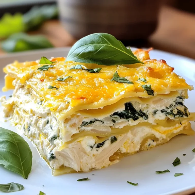 - 9 lasagna noodles - 2 cups cooked chicken, shredded - 2 cups fresh spinach, chopped - 3 cups ricotta cheese - 2 cups shredded mozzarella cheese - 1 cup grated Parmesan cheese - 3 cups Alfredo sauce (store-bought or homemade) - 1 teaspoon garlic powder - 1 teaspoon onion powder - Salt and pepper to taste In this Chicken Spinach Alfredo Lasagna, you need a few key ingredients. First, lasagna noodles form the base. You will also use cooked chicken, which brings protein and flavor. Fresh spinach adds a nice color and nutrition. Next, cheese plays a big role. Ricotta cheese gives a creamy texture. Shredded mozzarella cheese melts beautifully on top, while grated Parmesan cheese adds a salty kick. For seasoning, Alfredo sauce is a must. It ties everything together with its rich taste. Garlic powder and onion powder add depth. Don't forget salt and pepper; they are essential for balance. {{ingredient_image_1}} 1. Preheating the Oven: Start by setting your oven to 375°F (190°C). This step is key for even cooking. 2. Cooking Lasagna Noodles: In a large pot, boil salted water. Add the lasagna noodles and cook until al dente. Follow the package instructions for timing. Once done, drain the noodles and set them aside. 1. Mixing Chicken and Spinach: In a large bowl, combine 2 cups of shredded chicken and 2 cups of chopped spinach. Mix these well to distribute the flavors evenly. 2. Incorporating Cheese and Seasonings: Add 3 cups of ricotta cheese, 1 teaspoon of garlic powder, 1 teaspoon of onion powder, salt, and pepper to the chicken and spinach mix. Stir until all ingredients blend smoothly. 1. Layering Instructions: In a 9x13 inch baking dish, spread a thin layer of Alfredo sauce on the bottom. Place three lasagna noodles over the sauce. 2. Adding the Final Touches: Spoon half of your chicken and spinach filling over the noodles. Sprinkle a third of the mozzarella and Parmesan cheese on top. Drizzle with more Alfredo sauce. Repeat this process. End with a final layer of noodles, Alfredo sauce, and the last of the mozzarella and Parmesan cheese. 1. Covering and Baking: Cover your baking dish with foil. Spray the foil with cooking spray to stop sticking. Bake in the oven for 25 minutes. 2. Browning the Cheese: After 25 minutes, remove the foil and bake for another 15 minutes. Watch for the cheese to become bubbly and golden brown. 1. Cooling Time: After baking, remove the lasagna from the oven. Let it cool for 10-15 minutes before slicing. This helps the layers set. 2. Serving Suggestions: Slice the lasagna and serve it warm. You can garnish with fresh basil leaves if you like. Enjoy your rich and creamy delight! Homemade vs. Store-Bought You can use store-bought Alfredo sauce for quick meals. It saves time and still tastes great. If you want to make it at home, use cream, butter, and Parmesan cheese. This option gives you more control over the flavors. I prefer homemade, but both work well in Chicken Spinach Alfredo Lasagna. Flavor Enhancements Add garlic powder and onion powder to your sauce for extra flavor. A pinch of nutmeg can also boost the taste. If you like it spicy, consider adding red pepper flakes. These small changes make a big difference. Refrigerating and Freezing You can store leftover lasagna in the fridge for up to three days. To freeze, wrap it tightly in plastic wrap and then aluminum foil. It can last for about three months in the freezer. Just remember to label it with the date. Reheating Recommendations To reheat, use the oven at 350°F (175°C). Cover it with foil to keep it moist. Heat for about 20-30 minutes. If using a microwave, heat in short bursts, stirring in between. This method helps avoid hot spots. Pairing with Side Dishes Serve your lasagna with a fresh green salad or garlic bread. A light salad balances the rich flavors of the dish. Garlic bread adds a nice crunch and flavor. Garnishes and Condiments Top your lasagna with fresh basil leaves or a sprinkle of extra Parmesan. You can also drizzle some olive oil for added richness. These simple touches elevate the dish and make it look fancy. Pro Tips Use Fresh Spinach: Fresh spinach adds a vibrant flavor and nutrients to your lasagna. If using frozen, make sure to thaw and drain it thoroughly to avoid excess moisture. Mix Cheeses for Flavor: Combine ricotta with different cheeses like mascarpone or cream cheese for a richer filling. This will enhance the creaminess of your lasagna. Let It Rest: Allow the lasagna to cool for 10-15 minutes after baking. This helps the layers set, making it easier to slice and serve. Garnish for Presentation: Fresh basil leaves not only add color but also a burst of freshness to your dish. Sprinkle them on top just before serving for a beautiful finish. {{image_2}} Using Ground Turkey or Beef You can switch the chicken for ground turkey or beef. Both options add great flavor. Ground turkey makes it lighter, while beef gives a richer taste. Cook the meat before mixing it with the other filling ingredients. Vegetarian Options For a vegetarian version, leave out the meat. You can add mushrooms or zucchini for a hearty feel. Chickpeas also work well for protein. Mix them with the spinach and cheese for a tasty filling. Low-Fat Cheese Choices Using low-fat cheese helps cut calories. Look for low-fat ricotta or reduced-fat mozzarella. These options still taste good and keep the creaminess. Your lasagna will be lighter but just as satisfying. Using Whole Wheat Noodles Whole wheat noodles can replace regular ones. They have more fiber and nutrients. This small change boosts the healthiness of your dish. Cook them al dente for the best texture. Spicing It Up with Herbs Fresh herbs like basil or thyme can enhance the flavor. Simply sprinkle them in the filling or on top. This adds freshness and a lovely aroma. Experiment with different herbs for your favorite taste. Adding Extra Vegetables You can sneak in more veggies for extra nutrition. Try adding bell peppers, carrots, or broccoli. Chop them small and mix them with the filling. This keeps your lasagna colorful and healthy. Yes, you can make this lasagna ahead of time. To do this, follow these steps: - Prepare the lasagna as directed. - Cover it tightly with plastic wrap or foil. - Store it in the fridge for up to 2 days before baking. - You can also freeze it for up to 3 months. Just make sure it’s tightly wrapped. When ready to bake, let it sit at room temperature for 30 minutes. This helps it cook evenly. You can tell the lasagna is fully cooked by checking for these signs: - The cheese on top is golden brown and bubbly. - The edges of the lasagna are slightly crispy. - A knife inserted in the middle comes out hot. These signs show that your lasagna has cooked through and is ready to enjoy. Yes, freezing leftover lasagna is easy. Here’s how to do it right: - Let the lasagna cool completely after baking. - Cut it into servings for easier thawing. - Wrap each piece in plastic wrap and then foil. This keeps it fresh. - Store it in an airtight container or heavy-duty freezer bag. You can freeze it for up to 3 months. To reheat, thaw it overnight in the fridge, then bake at 350°F (175°C) until hot. If you need to substitute ricotta cheese, try these options: - Cottage cheese is a great choice. Blend it for a smoother texture. - Cream cheese can work too, but it’s richer, so use less. - Greek yogurt adds a nice tang and creaminess. These alternatives will still give you a creamy filling for your lasagna. Each serving of Chicken Spinach Alfredo Lasagna is rich and filling. A standard serving size is about one-sixth of the entire dish. This portion contains roughly 550 to 600 calories. This calorie count includes all the creamy goodness from the cheeses and the Alfredo sauce. In every serving, you get a good mix of macronutrients: - Protein: Around 35 grams, thanks to the chicken and cheese. - Carbohydrates: About 45 grams, mostly from the lasagna noodles. - Fats: Roughly 25 grams, which come from the cheeses and the Alfredo sauce. This balance makes it a comforting meal, providing energy and satisfaction. Chicken Spinach Alfredo Lasagna is not just tasty; it also packs key nutrients: - Calcium: The ricotta, mozzarella, and Parmesan cheeses supply a good amount of calcium for strong bones. - Vitamin A: Fresh spinach boosts your intake of Vitamin A, important for vision and skin health. - Iron: The chicken and spinach provide iron, vital for healthy blood. This dish gives you a nice mix of flavors and essential nutrients. Enjoying this lasagna means treating your taste buds and nourishing your body! This lasagna is a delightful mix of flavors and textures. You start with layers of noodles, chicken, and fresh spinach, then add creamy cheeses with rich seasonings. After baking, you get a golden, bubbly finish that is hard to resist. Remember, you can make this dish ahead of time, use different meats or veggies, and even store leftovers with ease. With these tips, you'll create a meal everyone loves. Enjoy your cooking, and don't be afraid to experiment!