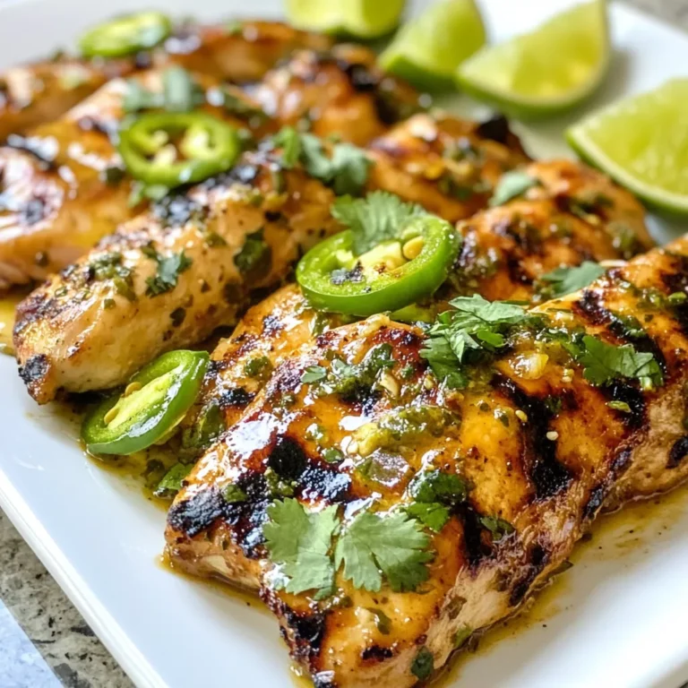 - 4 boneless, skinless chicken breasts - 2 fresh jalapeños, finely chopped (seeds removed for less heat) - Zest of 2 limes - 1/4 cup fresh lime juice - 2 tablespoons olive oil - 4 cloves garlic, minced - 1 tablespoon honey - 1 teaspoon cumin - 1 teaspoon smoked paprika - Salt and pepper to taste - Fresh cilantro for garnish When you prepare this dish, make sure to measure carefully. Use a measuring cup for the lime juice and olive oil. Fresh lime juice makes the flavor bright. Zest the limes before squeezing for the best taste. Chop the jalapeños finely for even flavor. If you want a milder dish, remove the seeds and ribs. They hold most of the heat. Mince the garlic well to release its flavor. You can adjust the recipe based on what you have. If you cannot find fresh jalapeños, use pickled jalapeños for a different taste. Lime zest can be replaced with lemon zest if needed. Olive oil is great, but avocado oil works too. Honey adds a nice sweetness. If you prefer, you can swap honey with maple syrup or agave nectar. Each change will give the dish a unique twist. {{ingredient_image_1}} To start, gather all your ingredients. You need four boneless, skinless chicken breasts. In a medium bowl, mix the chopped jalapeños, lime zest, lime juice, olive oil, minced garlic, honey, cumin, smoked paprika, salt, and pepper. Stir well to make a tasty marinade. Next, take your chicken and place it in a resealable plastic bag or a shallow dish. Pour the marinade over the chicken. Make sure every piece is covered. Seal the bag or cover the dish and refrigerate for at least one hour. For the best flavor, marinate for up to four hours. Marinating is key for juicy and flavorful chicken. The lime juice tenderizes the chicken and adds zest. The jalapeños give a nice kick. If you want less heat, remove the seeds. If you like it spicy, leave them in. The longer you marinate, the more flavor the chicken will absorb. For best results, flip the chicken in the marinade halfway through. This way, every piece gets equal flavor. Preheat your grill to medium-high heat. This helps the chicken cook evenly. Remove the chicken from the marinade and toss out the leftover marinade. Grill the chicken for about six to eight minutes on each side. You want to reach an internal temperature of 165°F (75°C). Look for nice grill marks, too. Once cooked, let the chicken rest for five minutes. This keeps it juicy. Finally, slice it and garnish with fresh cilantro and lime wedges for a bright finish. To get juicy chicken, start with fresh breasts. Use a marinade with lime juice, garlic, and olive oil. This mix keeps the chicken moist. Marinate for at least one hour. If you have time, four hours is better. The longer it sits, the more flavor it absorbs. Grill on medium-high heat for a nice sear. Use a meat thermometer to check for doneness. The chicken should reach 165°F (75°C). Let it rest for five minutes after grilling. This helps retain the juices. One common mistake is skipping the marinade. Without it, your chicken may taste bland. Another error is overcooking the chicken. This will dry it out and make it tough. Avoid using high heat at first. It can char the outside while leaving the inside raw. Also, do not crowd the grill. Give each piece enough space to cook evenly. Lastly, don’t forget to discard the marinade. It’s been in contact with raw chicken and can cause foodborne illness. Having the right tools makes grilling easier. Here’s what I recommend: - Grill tongs: These help flip the chicken without piercing it. - Meat thermometer: This ensures your chicken cooks fully. - Grill brush: Clean your grill grates before and after cooking. - Marinating container: Use a resealable bag or shallow dish for marinating. - Spatula: A flat spatula helps lift the chicken off the grill. With these tools, you can grill like a pro. Enjoy your Jalapeño Lime Grilled Chicken! Pro Tips Marinate Longer for Better Flavor: For the best flavor, marinate the chicken for at least 4 hours or overnight. This allows the spices and lime to penetrate the meat deeply. Adjust Heat Levels: If you prefer a milder dish, remove the seeds from the jalapeños. For more heat, leave some seeds in or add a few extra jalapeños. Let It Rest: After grilling, allow the chicken to rest for at least 5 minutes. This helps retain the juices, making the chicken more tender and flavorful. Add a Smoky Flavor: Consider using a wood plank for grilling or adding wood chips to your grill for an extra smoky flavor that complements the spices. {{image_2}} You can turn this dish into spicy chicken skewers. Start by cutting the chicken breasts into cubes. Then, mix the marinade just like before. Thread the chicken onto skewers, alternating with bell peppers and onions. Grill them the same way, cooking for about 10-12 minutes. This gives you a fun, shareable dish perfect for parties. You can try different flavors too! Here are some ideas: - Mango Habanero: Replace jalapeños with habaneros and add fresh mango. - Cilantro Lime: Use chopped cilantro and lime juice for a fresh twist. - BBQ Twist: Add your favorite BBQ sauce to the marinade for a smoky flavor. Feel free to experiment with spices and herbs to make it your own. The key is to keep the balance of acidity and spice. If you don't have a grill, you can still enjoy this dish. Use your oven or stovetop. - Oven: Preheat your oven to 400°F (200°C). Place the marinated chicken on a baking tray and cook for 20-25 minutes, until it reaches 165°F (75°C). - Stovetop: Heat a skillet over medium heat. Add a little oil and cook the chicken for about 6-8 minutes on each side. This method gives a nice sear and keeps the chicken juicy. Each method gives you a tasty result. Enjoy your cooking adventure! To store leftover Jalapeño Lime Grilled Chicken, let it cool first. Place the chicken in an airtight container. This keeps it fresh. You can store it in the fridge for up to four days. If you want it to last longer, consider freezing it. To reheat the chicken, use the oven or microwave. If using the oven, set it to 350°F (175°C). Place the chicken on a baking sheet and cover it with foil. Heat for about 15-20 minutes. If using a microwave, place the chicken on a microwave-safe plate. Heat on high for 1-2 minutes, checking to avoid overcooking. For freezing, wrap the chicken tightly in plastic wrap. Then place it in a freezer bag, removing as much air as possible. You can freeze it for up to three months. When ready to eat, thaw it overnight in the fridge before reheating. Enjoy your delicious chicken even later! You should marinate the chicken for at least 1 hour. This time allows the flavors to soak in. If you have more time, let it sit for up to 4 hours. The longer it marinates, the more flavor the chicken will have. Just remember to keep it in the fridge while it marinates. Yes, you can leave the seeds in the jalapeños if you want more heat. The seeds hold a lot of spice. If you like it spicy, add them to your marinade. If you prefer a milder taste, remove the seeds before chopping the jalapeños. You can always taste the marinade to see if it’s spicy enough for you. To ensure chicken is cooked through, use a meat thermometer. The chicken should reach an internal temperature of 165°F (75°C). This step is important for food safety. Grill the chicken for about 6-8 minutes on each side. Look for nice grill marks and a firm texture. Let it rest for 5 minutes after grilling. This helps keep the juices inside. This article walked you through essential ingredients, preparation tips, and step-by-step grilling instructions. You learned how to avoid common mistakes and enhance flavor with marinating techniques. Variations like spicy jalapeño lime chicken add fun to your meals. Proper storage and reheating tips keep leftovers fresh. Grilling chicken can be simple and rewarding. With these tips, you can master it! Enjoy your deliciously grilled chicken, and don’t forget to experiment!