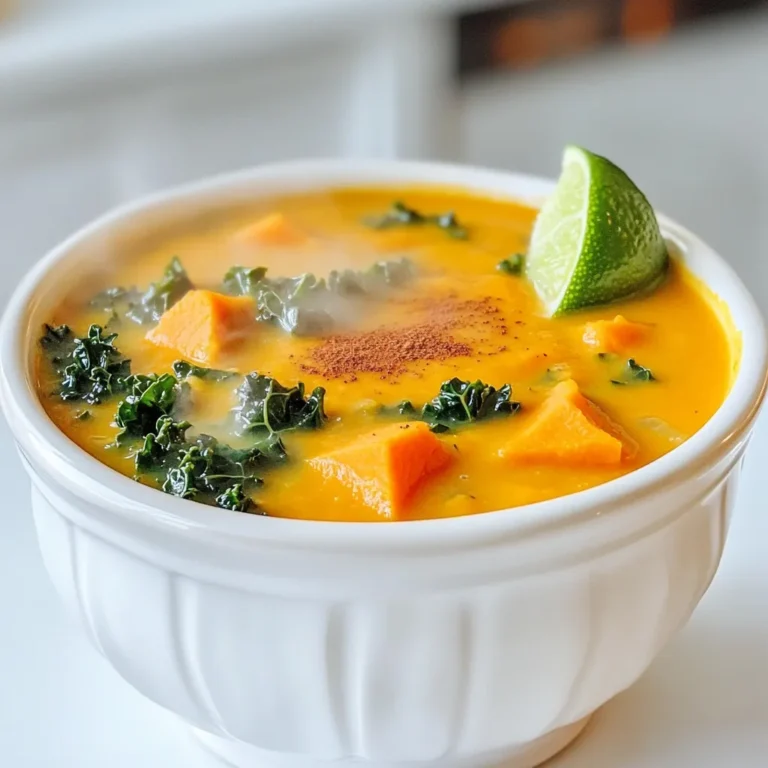 - 2 large sweet potatoes, peeled and cubed - 1 bunch kale, torn into bite-sized pieces (stems removed) - 1 medium onion, diced - 2 cloves garlic, minced - 4 cups vegetable broth - 1 can (14 ounces) coconut milk - 1 teaspoon ground cumin - 1 teaspoon smoked paprika - 1 tablespoon olive oil - Salt and pepper to taste - Juice of 1 lime Sweet potatoes are rich in vitamins A and C. They boost your immune system. Kale is full of antioxidants and fiber. It helps improve digestion. Onion adds flavor and contains quercetin, which fights inflammation. Garlic has many health benefits, such as supporting heart health. Coconut milk provides healthy fats and a creamy texture. Using vegetable broth makes this soup plant-based and full of flavor. If you don't have sweet potatoes, try using butternut squash instead. Spinach is a great substitute for kale if you prefer something milder. You can swap coconut milk for almond milk for a lighter version. Use chicken broth instead of vegetable broth if you want a non-vegetarian option. If you can't find ground cumin, smoked paprika can add a nice flavor too. To start, gather your ingredients. You will need: - 2 large sweet potatoes, peeled and cubed - 1 bunch kale, torn into bite-sized pieces - 1 medium onion, diced - 2 cloves garlic, minced - 4 cups vegetable broth - 1 can (14 ounces) coconut milk - 1 teaspoon ground cumin - 1 teaspoon smoked paprika - 1 tablespoon olive oil - Salt and pepper to taste - Juice of 1 lime First, peel and cube the sweet potatoes. Next, tear the kale into small pieces. Remove the tough stems. Dice the onion and mince the garlic. In a large pot, heat the olive oil over medium heat. Add the diced onion and sauté for about 5 minutes. Cook until the onion turns translucent. This adds a nice base flavor. Next, stir in the minced garlic, ground cumin, and smoked paprika. Sauté for another minute until the kitchen fills with a lovely aroma. Now, add the cubed sweet potatoes to the pot. Pour in the vegetable broth and bring it to a boil. Reduce the heat and let it simmer for about 15 minutes. You want the sweet potatoes to be tender. After that, use an immersion blender to puree the soup. If you don’t have one, carefully transfer the soup to a countertop blender in batches. Blend until smooth. Return the blended soup to low heat. Stir in the coconut milk and mix until well combined. Finally, add the kale pieces. Cook for an additional 5 minutes. This lets the kale wilt but still keeps some texture. For the best texture, blend the soup really well. You want it creamy and smooth. If you like some chunks, blend only half. When you add the coconut milk, do it slowly. This helps it mix in better. If the soup is too thick, add more broth. If it’s too thin, simmer a bit longer. Remember to season with salt, pepper, and fresh lime juice. This brings out the flavors. Taste and adjust as needed. Enjoy your savory sweet potato kale soup! To make your soup burst with flavor, try adding fresh herbs. Cilantro or parsley adds bright notes. You can also use fresh thyme for a warm touch. For spice lovers, a pinch of red pepper flakes gives a nice kick. Adjust these herbs based on your taste. Always taste the soup as you go. This helps you find the perfect balance of flavors. Serve the soup hot for the best experience. A sprinkle of smoked paprika on top adds color and flavor. You can also add a squeeze of lime juice for brightness. For extra creaminess, top with a dollop of sour cream or yogurt. If you want a heartier meal, serve the soup with a side salad. This gives you a healthy mix of flavors and textures. Bread is a great side for this soup. A crusty baguette or warm pita works well. You can also try cornbread for a fun twist. Toppings can include croutons for crunch or seeds for a nutty flavor. If you like, add avocado slices for creaminess. Experiment with different pairings to find your favorite match! {{image_2}} You can boost the protein in your sweet potato kale soup easily. For a vegan option, add canned beans like black beans or chickpeas. They add great texture and flavor. If you prefer meat, shredded chicken works well. Just stir it in after blending the soup. This adds heartiness and makes the dish more filling. This soup is already vegan and gluten-free! You can keep it that way by using vegetable broth and coconut milk. Make sure to check labels on any canned goods. Some brands add gluten. This soup fits many diets while still being tasty and rich. You can change this soup based on what is fresh. In spring, add peas or asparagus for a new twist. In fall, try pumpkin or butternut squash. These vegetables mix well with sweet potatoes and keep the soup creamy. You can also add carrots or celery for added crunch. Using seasonal vegetables gives the soup different flavors and colors. To keep your sweet potato kale soup fresh, let it cool first. Once cool, pour the soup into an airtight container. Make sure to seal it tightly. Store it in the fridge for up to five days. This soup tastes even better after a day in the fridge as the flavors blend. When you're ready to enjoy your soup again, reheat it gently. Pour the soup into a pot and warm it over medium heat. Stir often to avoid sticking. You can also use a microwave. Heat in 30-second bursts, stirring in between, until warm. If you want to save some soup for later, freezing is a great option. Use freezer-safe containers or resealable bags. Leave some space at the top, as soup expands when frozen. It will stay good for up to three months. To thaw, place it in the fridge overnight. Then, reheat as mentioned above for a warm meal. Yes, you can use fresh sweet potatoes. In fact, I recommend it! Fresh sweet potatoes give the soup a rich, natural sweetness. Just peel and cube them as the recipe states. They add great texture and nutrients. When you cook them, they will blend perfectly. The soup will last about 3 to 5 days in the fridge. Make sure to store it in an airtight container. This helps keep it fresh. If you want it to last longer, consider freezing some. Just remember to let it cool before putting it away. Absolutely! A slow cooker is perfect for this soup. Just add all the ingredients and set it on low. Let it cook for about 6 to 8 hours. At the end, use an immersion blender to puree it. This method makes the flavors mingle even better. If you need a substitute for coconut milk, try almond milk or oat milk. Both will work well and give a nice creamy texture. For a richer taste, you can use heavy cream. Just remember, it may change the flavor a bit, but it will still be delicious! In this post, we explored how to make Sweet Potato Kale Soup. We covered the main ingredients, their health benefits, and smart substitutions. You learned step-by-step cooking instructions and tips for great texture. We shared ways to enhance flavor and the best serving options. Variations let you add protein or adapt for dietary needs. Lastly, we discussed how to store and reheat leftovers. I hope you feel ready to make this soup your own and enjoy a delicious meal!
