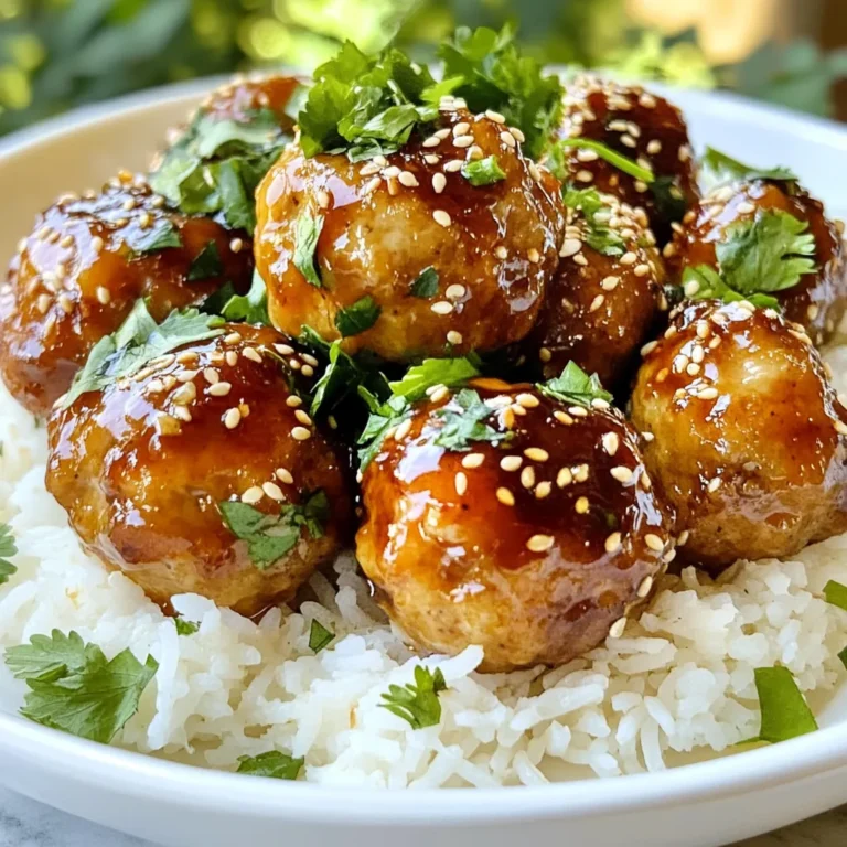 To make tasty teriyaki chicken meatballs, gather these main ingredients: - 1 pound ground chicken - 1/4 cup panko breadcrumbs - 1/4 cup finely chopped green onions - 1 teaspoon grated fresh ginger - 1 clove garlic, minced - 1 egg, beaten - 1 tablespoon soy sauce (low sodium) - 1 tablespoon sesame oil - 1/4 cup teriyaki sauce (store-bought or homemade) These ingredients come together to create a juicy and flavorful base for your meatballs. The ground chicken forms the main part, while breadcrumbs help with texture. Green onions add freshness, and garlic and ginger bring in a nice kick. For a finishing touch, consider these optional garnishes: - 1 tablespoon sesame seeds (for garnish) - Fresh cilantro or parsley (for garnish) These garnishes add visual appeal and extra flavor. The sesame seeds add crunch, while herbs like cilantro or parsley provide freshness. Serve your meatballs with these sides for a complete meal: - Steamed jasmine rice - Quinoa - Stir-fried vegetables These sides complement the meatballs well. The rice or quinoa absorbs the teriyaki sauce, making every bite delightful. Stir-fried veggies add color and nutrients to your plate. {{ingredient_image_1}} Start by preheating your oven to 400°F (200°C). This makes sure the meatballs cook evenly. Line a baking sheet with parchment paper. This helps prevent sticking and makes cleanup easy. In a large bowl, combine these ingredients: - 1 pound ground chicken - 1/4 cup panko breadcrumbs - 1/4 cup finely chopped green onions - 1 teaspoon grated fresh ginger - 1 clove garlic, minced - 1 egg, beaten - 1 tablespoon soy sauce (low sodium) - 1 tablespoon sesame oil Mix them well, but don’t over-mix. Over-mixing can make the meatballs tough. You want a nice, soft mixture that holds together. With wet hands, scoop about 1 tablespoon of the mixture. Roll it into a ball. Place each meatball on the baking sheet. Repeat until you shape about 15 to 20 meatballs. Bake them in the preheated oven for 15 to 20 minutes. Check if they are done by cutting one in half. It should not be pink inside. While the meatballs bake, warm 1/4 cup of teriyaki sauce in a small saucepan over medium heat. Once the meatballs are done, transfer them to a large bowl. Pour the warm teriyaki sauce over them. Toss gently to coat each meatball evenly. Transfer the glazed meatballs to a serving platter. For garnish, sprinkle sesame seeds on top. Add fresh cilantro or parsley for color. You can serve them on a bed of steamed jasmine rice or quinoa. Drizzle more teriyaki sauce on top for extra flavor. Enjoy your tasty meal! To make tender meatballs, start with fresh ground chicken. Fresh meat has a better texture. Mix all the ingredients gently. Over-mixing can make them tough. When you shape the meatballs, use wet hands. This keeps the mixture from sticking to your hands. Bake at 400°F for 15-20 minutes. This temperature cooks them evenly and keeps them juicy. If you can’t find ground chicken, you can use ground turkey. It has a similar taste and texture. Ground beef or pork work well too, but they will change the flavor. For a lighter option, try ground turkey breast. It has less fat but can be drier. If you want a vegetarian dish, use chickpeas or lentils. Just mash them and mix with your ingredients. For a fun presentation, serve meatballs on skewers. It makes them easy to grab for parties. You can place them over a bed of jasmine rice or quinoa for a nice touch. Drizzle extra teriyaki sauce on top for more flavor. Garnish with sesame seeds and fresh herbs like cilantro or parsley. This adds color and makes the dish look great. Pro Tips Use Fresh Ingredients: Fresh ginger and garlic will provide a more vibrant flavor compared to their dried counterparts. Always opt for fresh when possible! Don't Overmix: When combining the meatball ingredients, mix just until incorporated. Overmixing can lead to tough meatballs. Check for Doneness: To ensure your meatballs are cooked through, use a meat thermometer. The internal temperature should reach 165°F (75°C). Customize the Glaze: Feel free to add spices or chili flakes to the teriyaki sauce for an extra kick! Experimenting can lead to delicious variations. {{image_2}} You can change the flavor of your teriyaki chicken meatballs by using different sauces. Try using hoisin sauce for a sweeter touch. If you enjoy spicy food, add sriracha to your teriyaki sauce. A bit of lime juice can give a fresh kick. You can also mix in some peanut sauce for a nutty flavor. Each sauce adds a new twist, making your meal unique. You can cook your meatballs in an air fryer or an oven. The air fryer gives a crispy outside while keeping the inside moist. Cook them at 375°F (190°C) for about 10-12 minutes. The oven method is simple too. You bake them at 400°F (200°C) for 15-20 minutes. Both methods work well, so choose what you have on hand. Adding vegetables to your meatballs boosts nutrition and flavor. Finely chop bell peppers, carrots, or zucchini. Mix them in with the other ingredients. You can also add spinach or kale for a green touch. These veggies will blend nicely and keep the meatballs moist. Plus, it’s a great way to sneak in some extra nutrients! After you enjoy your teriyaki chicken meatballs, you may have some left. Store them in an airtight container. Place them in the fridge for up to three days. Make sure the meatballs are cooled before you store them. This helps keep them fresh longer. To reheat, you can use the oven or microwave. For the oven, preheat it to 350°F (175°C). Place the meatballs on a baking sheet and cover with foil. Heat for about 10-15 minutes. If you use the microwave, place the meatballs in a microwave-safe dish. Heat for 1-2 minutes. Make sure they are hot all the way through. You can freeze teriyaki chicken meatballs for later meals. Place the cooled meatballs in a single layer on a baking sheet. Freeze them for about an hour. Once frozen, transfer them to a freezer bag. Squeeze out the air before sealing. They can last for up to three months in the freezer. To serve, thaw them in the fridge overnight before reheating. Yes, you can use ground turkey instead of chicken. Turkey adds its own flavor and is leaner. Just like chicken, mix it with panko and spices. The cooking time stays the same. Turkey meatballs might be a bit drier. To fix this, add more sauce or a bit of broth. Making teriyaki sauce at home is easy. Here’s a simple recipe: - 1/2 cup soy sauce - 1/4 cup brown sugar - 1 tablespoon rice vinegar - 1 tablespoon sesame oil - 1 teaspoon grated ginger - 1 clove garlic, minced 1. In a small saucepan, combine all the ingredients. 2. Heat over medium until the sugar dissolves. 3. Let it simmer for 5-10 minutes until it thickens. This sauce is sweet and savory. It’s perfect for glazing meatballs or drizzling over rice. Steamed jasmine rice is a great choice. Its fluffy texture complements the meatballs well. You can also use brown rice for a nutty flavor. Quinoa is another healthy option. It adds protein and has a unique taste. Whatever you choose, serve the meatballs on top for a tasty meal. You now have a complete guide to making teriyaki chicken meatballs. We covered key ingredients, step-by-step instructions, and helpful tips. Exploring variations and storage options makes this dish even more versatile. Remember, you can easily swap ingredients and sauces. This will keep your meals exciting. With the right preparation, you can create tender, tasty meatballs every time. Enjoy your cooking adventure, and savor each bite!
