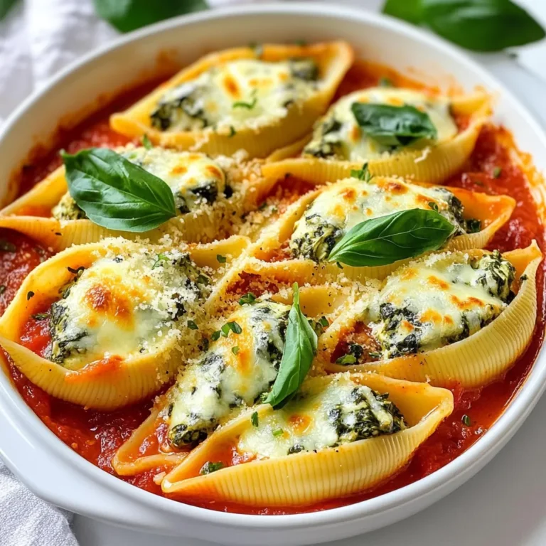 - 20 large jumbo pasta shells - 2 cups ricotta cheese - 1 cup shredded mozzarella cheese - 1/2 cup grated Parmesan cheese - 2 cups fresh spinach, chopped - 1 egg - 2 cloves garlic, minced - 1 teaspoon dried oregano - 1/2 teaspoon salt - 1/4 teaspoon black pepper - 2 cups marinara sauce - 1/4 teaspoon red pepper flakes (optional) - Fresh basil for garnish When you gather your ingredients for creamy spinach stuffed shells, it’s best to use fresh items. Jumbo pasta shells are key. They hold the creamy filling well. Ricotta cheese gives a rich texture. The mozzarella melts beautifully, while Parmesan adds a sharp bite. Fresh spinach brings both color and nutrition. I like to use two cloves of garlic for a punch of flavor. Dried oregano adds a classic Italian touch. Don’t forget salt and black pepper to season your dish. Marinara sauce adds moisture and taste. If you like some heat, add red pepper flakes. Finally, fresh basil makes a lovely garnish. Make sure you have everything ready before you start. This way, you can focus on creating a delicious dinner. You will love how these simple ingredients come together! {{ingredient_image_1}} First, cook the jumbo pasta shells in a large pot of salted boiling water. Follow the package instructions. You want them to be al dente, which means they should still be firm. When they are done, drain the shells. Rinse them under cold water to stop the cooking process. This also helps prevent sticking. In a large mixing bowl, combine the ricotta cheese, half of the mozzarella cheese, and Parmesan cheese. Add the chopped spinach, egg, minced garlic, dried oregano, salt, black pepper, and red pepper flakes if you want some heat. Mix it all well. You want a nice creamy consistency that will hold together. Spread a thin layer of marinara sauce on the bottom of a 9x13 inch baking dish. Take each cooked pasta shell and stuff it with the creamy spinach mixture. Use a spoon to pack it in well. Place the stuffed shells on top of the marinara sauce in the dish. Pour the remaining marinara sauce over the shells. Sprinkle the rest of the mozzarella cheese on top. Cover the baking dish with aluminum foil. Bake in your preheated oven at 350°F (175°C) for 25 minutes. After that, remove the foil and bake for another 10-15 minutes. You want the cheese to be bubbly and golden. When it’s done, let it cool for a few minutes. Add fresh basil on top for some color and flavor before serving. You can swap ingredients if needed. Try cottage cheese in place of ricotta. For a twist, use goat cheese for a tangy flavor. Fresh herbs like parsley or thyme can add depth. Use them instead of dried oregano for a fresh taste. You can also add more garlic for a stronger flavor. A pinch of nutmeg can enhance the creaminess too. Pair your stuffed shells with a fresh salad. A simple green salad with lemon dressing works well. Garlic bread or crusty rolls are great for dipping too. For presentation, serve the shells on a large platter. Drizzle extra marinara sauce over the top. Add fresh basil leaves for a pop of color. You can make the filling ahead of time. Store it in the fridge for up to two days. This way, you save time on busy nights. If you want to freeze, assemble the dish first. Cover it well and freeze for up to three months. When ready, bake it straight from the freezer. Just add a few extra minutes to the baking time. Pro Tips Use Fresh Spinach: Fresh spinach will provide a brighter flavor and better texture compared to frozen spinach. Make sure to wash and chop it well before using. Cheese Variations: Feel free to experiment with different cheeses. Adding feta or goat cheese can introduce a delicious tanginess to your filling. Make Ahead: You can prepare the stuffed shells in advance and store them in the fridge for up to 24 hours before baking. Just cover the dish tightly with foil. Garnish for Flavor: Adding a sprinkle of freshly grated Parmesan or a drizzle of olive oil before serving can enhance the dish's flavor profile significantly. {{image_2}} You can mix in many different vegetables in your creamy spinach stuffed shells. Try adding chopped mushrooms for an earthy taste. Zucchini or bell peppers can add a nice crunch. Seasonal veggies like asparagus or butternut squash can brighten your dish. You can even use leftover vegetables from your fridge. Just chop them up and mix them in. For a heartier meal, add cooked chicken or sausage to the filling. Shredded rotisserie chicken works great. If you like sausage, use sweet or spicy Italian sausage for extra flavor. You can also use ground turkey or beef as a tasty alternative. This addition can make the dish more filling and satisfying. Cheese is the star of this dish. While ricotta and mozzarella are classic, feel free to explore. Try using goat cheese for a tangy twist. Feta cheese can add a salty kick. If you want a vegan option, use cashew cheese or tofu. These can mimic the creamy texture without dairy. Experiment with your favorite cheeses to find what you love best. To store leftover creamy spinach stuffed shells, let them cool first. Place them in an airtight container. You can cover the dish with plastic wrap if you don’t have one. Make sure the shells stay moist. They will last in the fridge for about three days. If you want to freeze the stuffed shells, follow these steps: 1. Cool the shells completely after baking. 2. Place them in a single layer on a baking sheet. 3. Freeze for about two hours until firm. 4. Transfer the shells to a freezer-safe container or a heavy-duty freezer bag. 5. Label the container with the date. For thawing and reheating, do this: 1. Move the shells from the freezer to the fridge a day before you want to eat them. 2. Preheat your oven to 350°F (175°C). 3. Place the thawed shells in a baking dish. 4. Cover with marinara sauce and sprinkle mozzarella on top. 5. Bake for about 25 minutes or until heated through. To make creamy spinach stuffed shells, start by cooking 20 large jumbo pasta shells in salted boiling water. Cook them until al dente, then drain and rinse. In a bowl, mix 2 cups ricotta cheese, 1 cup shredded mozzarella, 1/2 cup grated Parmesan, 2 cups chopped spinach, 1 egg, and spices. Next, spread marinara sauce in a baking dish. Stuff each shell with the mixture and place them in the dish. Pour more marinara over the shells and top with remaining mozzarella. Bake at 350°F for 25 minutes, covered, then uncover for 10-15 minutes until golden. Yes, you can use frozen spinach. Just make sure to thaw and drain it before mixing. This keeps the filling creamy and helps avoid excess water. Frozen spinach is a great time-saver. Baking creamy spinach stuffed shells takes about 35 to 40 minutes. Bake them covered for 25 minutes, then uncover and bake for an additional 10 to 15 minutes. This ensures the cheese gets bubbly and golden. You can serve spinach stuffed shells with a simple side salad. A fresh garden salad pairs well with the dish. Garlic bread also makes a great addition. Feel free to add some roasted vegetables for extra flavor. Yes, you can prepare the dish in advance. Stuff the shells and place them in the baking dish, then cover and refrigerate. Bake them the next day. This makes for an easy dinner on a busy night! In this blog post, we explored making creamy spinach stuffed shells. We covered the key ingredients, step-by-step instructions, and helpful tips. We also discussed variations and storage info. Remember, you can customize this dish based on your taste and what you have on hand. Cooking can be fun and creative. Enjoy making these tasty shells for yourself or loved ones!