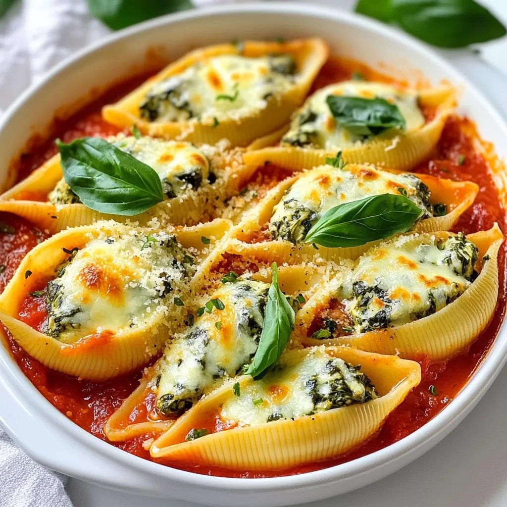 - 20 large jumbo pasta shells - 2 cups ricotta cheese - 1 cup shredded mozzarella cheese - 1/2 cup grated Parmesan cheese - 2 cups fresh spinach, chopped - 1 egg - 2 cloves garlic, minced - 1 teaspoon dried oregano - 1/2 teaspoon salt - 1/4 teaspoon black pepper - 2 cups marinara sauce - 1/4 teaspoon red pepper flakes (optional) - Fresh basil for garnish When you gather your ingredients for creamy spinach stuffed shells, it’s best to use fresh items. Jumbo pasta shells are key. They hold the creamy filling well. Ricotta cheese gives a rich texture. The mozzarella melts beautifully, while Parmesan adds a sharp bite. Fresh spinach brings both color and nutrition. I like to use two cloves of garlic for a punch of flavor. Dried oregano adds a classic Italian touch. Don’t forget salt and black pepper to season your dish. Marinara sauce adds moisture and taste. If you like some heat, add red pepper flakes. Finally, fresh basil makes a lovely garnish. Make sure you have everything ready before you start. This way, you can focus on creating a delicious dinner. You will love how these simple ingredients come together! {{ingredient_image_1}} First, cook the jumbo pasta shells in a large pot of salted boiling water. Follow the package instructions. You want them to be al dente, which means they should still be firm. When they are done, drain the shells. Rinse them under cold water to stop the cooking process. This also helps prevent sticking. In a large mixing bowl, combine the ricotta cheese, half of the mozzarella cheese, and Parmesan cheese. Add the chopped spinach, egg, minced garlic, dried oregano, salt, black pepper, and red pepper flakes if you want some heat. Mix it all well. You want a nice creamy consistency that will hold together. Spread a thin layer of marinara sauce on the bottom of a 9x13 inch baking dish. Take each cooked pasta shell and stuff it with the creamy spinach mixture. Use a spoon to pack it in well. Place the stuffed shells on top of the marinara sauce in the dish. Pour the remaining marinara sauce over the shells. Sprinkle the rest of the mozzarella cheese on top. Cover the baking dish with aluminum foil. Bake in your preheated oven at 350°F (175°C) for 25 minutes. After that, remove the foil and bake for another 10-15 minutes. You want the cheese to be bubbly and golden. When it’s done, let it cool for a few minutes. Add fresh basil on top for some color and flavor before serving. You can swap ingredients if needed. Try cottage cheese in place of ricotta. For a twist, use goat cheese for a tangy flavor. Fresh herbs like parsley or thyme can add depth. Use them instead of dried oregano for a fresh taste. You can also add more garlic for a stronger flavor. A pinch of nutmeg can enhance the creaminess too. Pair your stuffed shells with a fresh salad. A simple green salad with lemon dressing works well. Garlic bread or crusty rolls are great for dipping too. For presentation, serve the shells on a large platter. Drizzle extra marinara sauce over the top. Add fresh basil leaves for a pop of color. You can make the filling ahead of time. Store it in the fridge for up to two days. This way, you save time on busy nights. If you want to freeze, assemble the dish first. Cover it well and freeze for up to three months. When ready, bake it straight from the freezer. Just add a few extra minutes to the baking time. Pro Tips Use Fresh Spinach: Fresh spinach will provide a brighter flavor and better texture compared to frozen spinach. Make sure to wash and chop it well before using. Cheese Variations: Feel free to experiment with different cheeses. Adding feta or goat cheese can introduce a delicious tanginess to your filling. Make Ahead: You can prepare the stuffed shells in advance and store them in the fridge for up to 24 hours before baking. Just cover the dish tightly with foil. Garnish for Flavor: Adding a sprinkle of freshly grated Parmesan or a drizzle of olive oil before serving can enhance the dish's flavor profile significantly. {{image_2}} You can mix in many different vegetables in your creamy spinach stuffed shells. Try adding chopped mushrooms for an earthy taste. Zucchini or bell peppers can add a nice crunch. Seasonal veggies like asparagus or butternut squash can brighten your dish. You can even use leftover vegetables from your fridge. Just chop them up and mix them in. For a heartier meal, add cooked chicken or sausage to the filling. Shredded rotisserie chicken works great. If you like sausage, use sweet or spicy Italian sausage for extra flavor. You can also use ground turkey or beef as a tasty alternative. This addition can make the dish more filling and satisfying. Cheese is the star of this dish. While ricotta and mozzarella are classic, feel free to explore. Try using goat cheese for a tangy twist. Feta cheese can add a salty kick. If you want a vegan option, use cashew cheese or tofu. These can mimic the creamy texture without dairy. Experiment with your favorite cheeses to find what you love best. To store leftover creamy spinach stuffed shells, let them cool first. Place them in an airtight container. You can cover the dish with plastic wrap if you don’t have one. Make sure the shells stay moist. They will last in the fridge for about three days. If you want to freeze the stuffed shells, follow these steps: 1. Cool the shells completely after baking. 2. Place them in a single layer on a baking sheet. 3. Freeze for about two hours until firm. 4. Transfer the shells to a freezer-safe container or a heavy-duty freezer bag. 5. Label the container with the date. For thawing and reheating, do this: 1. Move the shells from the freezer to the fridge a day before you want to eat them. 2. Preheat your oven to 350°F (175°C). 3. Place the thawed shells in a baking dish. 4. Cover with marinara sauce and sprinkle mozzarella on top. 5. Bake for about 25 minutes or until heated through. To make creamy spinach stuffed shells, start by cooking 20 large jumbo pasta shells in salted boiling water. Cook them until al dente, then drain and rinse. In a bowl, mix 2 cups ricotta cheese, 1 cup shredded mozzarella, 1/2 cup grated Parmesan, 2 cups chopped spinach, 1 egg, and spices. Next, spread marinara sauce in a baking dish. Stuff each shell with the mixture and place them in the dish. Pour more marinara over the shells and top with remaining mozzarella. Bake at 350°F for 25 minutes, covered, then uncover for 10-15 minutes until golden. Yes, you can use frozen spinach. Just make sure to thaw and drain it before mixing. This keeps the filling creamy and helps avoid excess water. Frozen spinach is a great time-saver. Baking creamy spinach stuffed shells takes about 35 to 40 minutes. Bake them covered for 25 minutes, then uncover and bake for an additional 10 to 15 minutes. This ensures the cheese gets bubbly and golden. You can serve spinach stuffed shells with a simple side salad. A fresh garden salad pairs well with the dish. Garlic bread also makes a great addition. Feel free to add some roasted vegetables for extra flavor. Yes, you can prepare the dish in advance. Stuff the shells and place them in the baking dish, then cover and refrigerate. Bake them the next day. This makes for an easy dinner on a busy night! In this blog post, we explored making creamy spinach stuffed shells. We covered the key ingredients, step-by-step instructions, and helpful tips. We also discussed variations and storage info. Remember, you can customize this dish based on your taste and what you have on hand. Cooking can be fun and creative. Enjoy making these tasty shells for yourself or loved ones!
