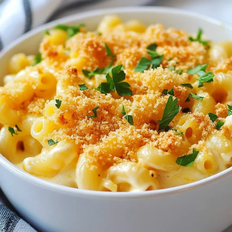 To make Greek Yogurt Mac and Cheese, you need simple and tasty ingredients. Here’s what you will need: - 2 cups elbow macaroni - 1 tablespoon olive oil - 2 cloves garlic, minced - 2 tablespoons all-purpose flour - 2 cups milk (whole or low-fat) - 1 cup Greek yogurt (plain) - 2 cups sharp cheddar cheese, grated - 1 cup mozzarella cheese, grated - 1 teaspoon Dijon mustard - Salt and pepper to taste - ½ teaspoon smoked paprika (optional) - ⅓ cup breadcrumbs (for topping) - Fresh parsley, chopped (for garnish) Each ingredient plays a big role in creating this creamy dish. The elbow macaroni serves as the base and gives that classic shape. Olive oil adds flavor, and garlic gives a nice aroma. Flour thickens the sauce, while milk makes it creamy. Greek yogurt adds tanginess and creaminess. Sharp cheddar and mozzarella bring rich flavors and melt beautifully. Dijon mustard adds a hint of zest, while smoked paprika enhances the taste. Finally, breadcrumbs create a crunchy topping, and parsley adds freshness. These ingredients blend together to create a comforting meal that is both creamy and delicious. {{ingredient_image_1}} Boil a large pot of water. Add a bit of salt to it. When the water bubbles, add 2 cups of elbow macaroni. Cook for 8-10 minutes until it is al dente. Drain the pasta and set it aside for later. In a large saucepan, heat 1 tablespoon of olive oil over medium heat. Add 2 cloves of minced garlic. Sauté it for about one minute until it smells nice. Next, stir in 2 tablespoons of all-purpose flour. Cook this for another minute until it turns golden brown. Whisk in 2 cups of milk slowly. Stir until the mix is smooth. Bring it to a simmer and let it cook for 2-3 minutes. It will thicken a bit. Next, reduce the heat. Stir in 1 cup of Greek yogurt, 2 cups of sharp cheddar cheese, and 1 cup of mozzarella cheese. Add 1 teaspoon of Dijon mustard, a pinch of salt, and pepper. Mix until all the cheese melts and the sauce is creamy. Now, add the cooked macaroni to the cheese sauce. Stir well to coat all the pasta with the creamy sauce. Preheat the oven to 350°F (175°C). Transfer the mac and cheese mix into a greased baking dish. Spread it out evenly. In a small bowl, mix ⅓ cup of breadcrumbs with a drizzle of olive oil and a pinch of salt. Sprinkle this mixture over the mac and cheese in the baking dish. Bake for 20-25 minutes. You want it to be bubbly and golden brown on top. To achieve the right creaminess in your mac and cheese, focus on the balance of ingredients. Start by cooking the roux well. This helps thicken the sauce without lumps. When you add the milk, whisk it in slowly. This makes for a smooth blend. Using Greek yogurt adds a creamy texture and tangy flavor. Mix it in on low heat to keep it smooth. Don't rush this step. The cheese should melt slowly for the best results. Greek yogurt is a healthier choice. It has more protein than regular yogurt. This helps make your dish more filling. Plus, it’s lower in fat, which is great for those watching their diet. Greek yogurt also contains probiotics. These are good for your gut health. This means your comfort food can actually support your wellness. Who knew mac and cheese could be good for you? For side dishes, consider a fresh salad. A simple green salad pairs well and adds crunch. You might also try roasted vegetables on the side. They bring color and flavor. For toppings, try adding extra cheese on top before baking. Or sprinkle some crispy bacon for added flavor. Fresh herbs, like parsley, not only look nice but also add freshness. Enjoy your creamy comfort dish in style! Pro Tips Use High-Quality Cheese: Opt for freshly grated cheese rather than pre-packaged varieties for a creamier texture and better flavor. Experiment with Cheeses: Feel free to mix different types of cheese like gouda or fontina for a unique twist on the classic flavor. Add Vegetables: Incorporate steamed broccoli, spinach, or roasted red peppers to enhance nutrition and add color to your dish. Make It Ahead: Prepare the mac and cheese in advance and store it in the fridge. Just bake it when you're ready to serve! {{image_2}} You can mix and match cheeses for your mac and cheese. Try using Gouda, Parmesan, or a blend of all three. Each cheese adds a unique taste. For a sharper flavor, use aged cheddar. If you prefer a milder cheese, stick with mozzarella or Havarti. This flexibility lets you create a dish that suits your taste. You can even experiment with vegan cheese for a dairy-free version. Spices and vegetables elevate your dish. Add garlic powder or onion powder for extra flavor. If you love a kick, sprinkle in some cayenne pepper or chili flakes. For a fresh taste, toss in chopped spinach or roasted red peppers. These additions not only enhance the taste but also add color. You can also mix in herbs like thyme or basil for a fresh twist. This way, each bite is a new experience. You can choose different pasta shapes for this dish. Gluten-free pasta works well if you need a gluten-free option. Whole grain pasta adds fiber and a nutty flavor. You can also use penne or shells for a fun texture. Each type of pasta changes the way the sauce coats it. This lets you customize your meal to your diet and preferences. Try different shapes to see which one you like best. To keep your Greek yogurt mac and cheese fresh, store leftovers in an airtight container. Make sure to let it cool to room temperature first. Refrigerate within two hours of cooking. It stays good for up to three days. When you’re ready to eat, check for any signs of spoilage, like an off smell or unusual texture. Yes, you can freeze Greek yogurt mac and cheese! To do this, let it cool completely first. Then, transfer it into a freezer-safe container. Leave some space at the top to allow for expansion. It can last up to three months in the freezer. When you want to enjoy it again, just thaw it in the fridge overnight. The best way to reheat Greek yogurt mac and cheese is in the oven. Preheat your oven to 350°F (175°C). Place the mac and cheese in an oven-safe dish and cover it with foil. Heat for about 20 minutes, or until hot throughout. You can also use a microwave, but be careful not to overheat. Stir every minute until warmed. Yes, you can use low-fat Greek yogurt in this dish. It will change the texture a bit. Low-fat yogurt may not be as creamy as whole-fat yogurt. The taste will still be good, but it may feel thinner. If you want a richer flavor, stick with whole-fat Greek yogurt. Absolutely! This recipe is very kid-friendly. Kids love mac and cheese, and this version packs in extra protein and flavor. The creamy sauce is smooth and tasty. You can even sneak in some veggies if your kids are open to it. Broccoli or peas work great in this dish! Yes, this dish is great for making ahead. You can prepare it and store it in the fridge for a day. Just follow the steps up to baking. When ready to eat, preheat the oven and bake it. This saves time on busy nights. If you want to freeze it, let it cool first. Then, wrap it well and store it for up to three months. In this blog post, we explored making a tasty Greek yogurt mac and cheese. We discussed the ingredients needed, from elbow macaroni to sharp cheddar. I shared step-by-step instructions so you can cook with ease. You learned useful tips to enhance flavor and health. Plus, I offered variations to keep things fun. Storing and reheating leftovers was also covered. Now, you have everything you need to create this dish for your family. Enjoy cooking this creamy, nutritious meal!