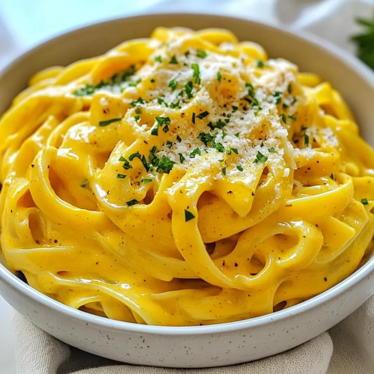 - 12 oz fettuccine pasta - 1 cup pumpkin puree - 1 cup heavy cream - 1/2 cup grated Parmesan cheese - 2 tablespoons unsalted butter - 3 cloves garlic, minced - 1/2 teaspoon nutmeg - Salt and pepper to taste - Fresh parsley for garnish (optional) To make creamy pumpkin Alfredo pasta, you need a few key ingredients. The fettuccine pasta forms the base of the dish. The pumpkin puree gives a lovely color and rich flavor. The heavy cream adds a smooth texture and creaminess to your sauce. Next, you’ll want some grated Parmesan cheese. It brings a salty kick and depth. The unsalted butter helps to sauté the garlic, which gives a fragrant base. Minced garlic adds a punch of flavor. The nutmeg enhances the warmth of the pumpkin. Lastly, add salt and pepper for taste. If you like, you can sprinkle fresh parsley on top to brighten the dish. These ingredients work together to create a rich, flavorful dish. Each bite will warm you up and bring a taste of fall to your table. {{ingredient_image_1}} 1. First, bring a large pot of salted water to a boil. 2. Add the fettuccine pasta and cook until it is al dente, following the package instructions. 3. Before draining, reserve one cup of the pasta water. This water helps adjust the sauce later. 4. Drain the pasta and set it aside. 1. In a large skillet, melt two tablespoons of unsalted butter over medium heat. 2. Add three cloves of minced garlic to the skillet and sauté for about one minute. Cook until fragrant but avoid burning the garlic. 3. Next, mix in one cup of pumpkin puree and one cup of heavy cream. Stir well until combined. 4. Let the sauce simmer for three to four minutes. Stir occasionally to keep it from sticking. 5. Then, add half a cup of grated Parmesan cheese and half a teaspoon of nutmeg. Stir until the cheese melts and the sauce becomes creamy. 6. If the sauce is too thick, gradually add some reserved pasta water until you reach your desired consistency. 1. Carefully add the cooked fettuccine pasta to the skillet with the sauce. 2. Toss the pasta gently to coat it with the creamy pumpkin Alfredo sauce. 3. Finally, season to taste with salt and pepper. Enjoy this rich and flavorful dish! To make this dish rich, start with the right amount of heavy cream. Use one cup of cream for a velvety texture. If the sauce feels too thick, add reserved pasta water slowly. This helps you control the sauce's thickness without losing flavor. Spices can really boost the taste of your dish. Nutmeg is key here, but you can also add a dash of cinnamon for warmth. For a fresh touch, consider garnishing with parsley. It adds color and a hint of freshness. Be careful with garlic. Sauté it on medium heat for about one minute. If you cook it too long, it burns and tastes bitter. Timing is important when you mix pasta and sauce. Add the pasta right after you finish the sauce. This keeps everything warm and melds the flavors beautifully. Pro Tips Choose the Right Pumpkin: Use pure pumpkin puree for the best flavor. If using fresh pumpkin, roast it until soft and then puree for a more intense taste. Adjust the Creaminess: If you prefer a lighter sauce, substitute some of the heavy cream with low-fat milk or vegetable broth without losing the creaminess. Don’t Skip the Nutmeg: Nutmeg adds a warm, earthy flavor that complements the pumpkin. Be sure to use fresh nutmeg for an extra aromatic boost. Perfect Pasta Toss: Make sure to add the pasta to the sauce while it's still hot. This helps the sauce cling better and enhances the overall flavor of the dish. {{image_2}} For those who want to enjoy this dish while keeping their diet in mind, I have some great options. If you're vegetarian, you can simply skip any meat and still enjoy the creamy pumpkin Alfredo. This dish is rich and satisfying on its own. If you need a gluten-free option, swap out the fettuccine for gluten-free pasta. Many brands offer great alternatives that taste just as good. Look for chickpea or brown rice pasta for added protein and fiber. Want to amp up the flavor? You can add protein like chicken, shrimp, or even crispy bacon. Cook the protein separately and toss it in at the end. This will add texture and make the dish more filling. You can also include veggies to boost the nutrition. Spinach or mushrooms work well in this sauce. Just sauté them before adding the pumpkin puree for a great mix of flavors. To make the sauce your own, try different types of cheese. While Parmesan is classic, adding mozzarella or gouda can create a unique taste. Each cheese brings its own flavor, making the dish fun to explore. If you want to spice things up, consider adding herbs or seasonings. A dash of red pepper flakes can add heat, while fresh thyme or rosemary can add a fragrant touch. Adjust these according to your taste for a personal twist on this creamy pumpkin Alfredo. To keep your creamy pumpkin Alfredo pasta fresh, store it in an airtight container. Make sure to cool the pasta to room temperature first. Place it in the fridge within two hours of cooking. This way, it stays safe to eat. Your leftovers will last up to three days in the fridge. You can enjoy it later, but the sooner, the better for taste. When you want to enjoy your pasta again, use gentle heat. The microwave works well if you cover the dish. Add a splash of water or cream to prevent dryness. Heat it in short bursts, stirring in between. For longer storage, you can freeze the pasta. Place it in a freezer-safe container and it can last for up to three months. Just remember to thaw it in the fridge before reheating. Enjoy every creamy bite! You can use milk mixed with butter as a substitute for heavy cream. For every cup of cream, use 3/4 cup of milk and 1/4 cup of melted butter. This mix gives a similar richness. You can also try coconut milk for a dairy-free option. It adds a nice flavor without losing creaminess. Making homemade pumpkin puree is easy. Start with a small pumpkin. Cut it in half and scoop out the seeds. Place the halves cut-side down on a baking sheet. Bake at 350°F (175°C) for about 45 minutes. Let it cool, then scoop out the flesh and blend until smooth. Store it in your fridge for up to a week. Yes, you can use other types of pasta. Here are some good options: - Penne - Rigatoni - Bowtie Each type has its unique texture. Cooking times may vary: - Penne: 11-13 minutes - Rigatoni: 12-14 minutes - Bowtie: 10-12 minutes Just check the package for the best cooking time. Make sure to cook it al dente for the best results! This blog post guides you through making a creamy pumpkin fettuccine. We covered the main and additional ingredients, step-by-step instructions, and tips for success. Remember to assess your sauce’s creaminess and flavor. You can customize it with proteins or veggies, too. Store leftovers properly to enjoy later. I hope you’re excited to try this comforting dish. Happy cooking!