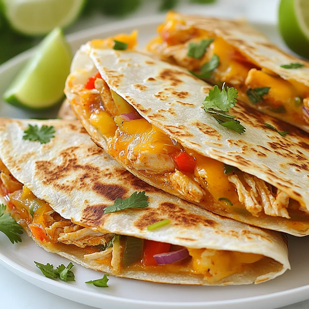 - 2 cups cooked chicken, shredded - 1 tablespoon chipotle in adobo sauce, minced - 1 teaspoon cumin - 1 teaspoon smoked paprika - 1 cup sharp cheddar cheese, grated - 1 cup Monterey Jack cheese, grated - 1 small red onion, thinly sliced - 1 bell pepper (any color), thinly sliced - 4 large flour tortillas - 2 tablespoons olive oil - Salt and pepper to taste - Fresh cilantro, chopped (for garnish) - Lime wedges (for serving) These ingredients create a tasty base for spicy chipotle chicken quesadillas. You get a mix of flavors and textures that work well together. The chicken gives you protein, while the cheese adds creaminess. - Avocado slices - Black beans, drained and rinsed - Jalapeños for extra heat - Corn for sweetness - Different cheeses like pepper jack or mozzarella Feel free to get creative with your quesadillas! Adding avocado makes them creamy. Black beans add fiber. You can swap or mix in any of these options to fit your taste. - For chicken, I recommend Perdue or Tyson. - Look for La Preferida for chipotle in adobo sauce. - For cheese, I love Cabot or Tillamook. - Use fresh produce from local farmers or brands like Organic Girl. Choosing good brands makes a big difference in flavor. Fresh ingredients lead to a more delicious meal. Quality matters, so pick what feels best for you! {{ingredient_image_1}} Start by shredding 2 cups of cooked chicken. In a large bowl, mix the chicken with 1 tablespoon of minced chipotle in adobo sauce. Add in 1 teaspoon of cumin and 1 teaspoon of smoked paprika. Season with salt and pepper to taste. Stir the mixture well. This step ensures that every piece of chicken gets that spicy kick. Next, heat 1 tablespoon of olive oil in a large skillet over medium heat. Add 1 small sliced red onion and 1 sliced bell pepper. Sauté these veggies for about 5 to 7 minutes. Cook until they are tender and slightly caramelized. Once done, take them off the heat and set them aside. This adds sweetness and texture to your quesadilla. In the same skillet, add another tablespoon of olive oil. Place one large flour tortilla in the pan. On one half of the tortilla, layer the chicken mixture. Follow with a mix of 1 cup of grated sharp cheddar and 1 cup of grated Monterey Jack cheese. Top with the sautéed vegetables. Fold the tortilla over, creating a half-moon shape. Cook for about 3 to 4 minutes on each side. Look for a golden brown color and melted cheese. Remove from the skillet and place on a cutting board. Repeat this process with the remaining tortillas. Once all are cooked, slice into wedges and enjoy! To cook the best quesadillas, use medium heat. This allows the cheese to melt without burning the tortilla. Always preheat your pan. A hot skillet helps achieve a crispy texture. Use enough oil to coat the pan lightly. This adds flavor and helps with browning. Flip the quesadilla carefully with a spatula. This prevents spilling the filling. Cook until both sides are golden brown. This usually takes about 3-4 minutes per side. If you have leftover quesadillas, store them in an airtight container. Place parchment paper between layers to avoid sticking. Refrigerate for up to three days. For longer storage, freeze them. Wrap each quesadilla in plastic wrap and place in a freezer bag. They can last up to three months in the freezer. When ready to eat, thaw them in the fridge overnight. Then reheat in a skillet or oven for the best taste. Serve your spicy chipotle chicken quesadillas with fresh lime wedges. The citrus brightens the dish beautifully. Add a side of salsa for extra flavor. Guacamole or sour cream also pairs well. Consider a light salad on the side for a fresh crunch. You can also serve it with Mexican rice or beans for a complete meal. This makes the dish more filling and satisfying. Pro Tips Use Fresh Ingredients: Always opt for fresh vegetables and high-quality cheese to enhance the flavor of your quesadillas. Customize Your Heat Level: Adjust the amount of chipotle in adobo sauce based on your spice tolerance; you can add more for extra heat or omit it for a milder version. Perfectly Crisp Tortillas: Ensure your skillet is hot enough before adding the tortillas; this helps achieve a crispy texture without burning. Experiment with Fillings: Feel free to mix in other ingredients like black beans, corn, or different types of cheese for a unique twist on the classic quesadilla. {{image_2}} You can easily make a vegetarian version of these quesadillas. Swap the chicken for black beans or grilled mushrooms. Both options add great flavor and texture. You can also use tofu. Just make sure to season it well. The spices in the recipe work nicely with these proteins, too. Want to adjust the heat? You can add more or less chipotle. If you prefer milder flavors, use less or skip it entirely. You can also choose sweet bell peppers for a sweeter taste. For extra heat, add sliced jalapeños. This way, everyone can enjoy their quesadillas just the way they like. Get creative with your fillings! Add some black beans or corn for a nice twist. They bring extra texture and flavor. You can even toss in some spinach or kale. These greens add nutrition without changing the taste much. Feel free to mix and match until you find your favorite combo. To store uncooked quesadilla filling, first let it cool down. Place the chicken, spices, and veggies in an airtight container. This keeps the flavors fresh. You can store it in the fridge for up to two days. If you need more time, freeze it for up to three months. Just remember to label the container with the date. After cooking, let the quesadillas cool before storing. Cut them into wedges for easy handling. Place them in an airtight container. In the fridge, they can last up to three days. For longer storage, freeze the wedges. They will stay fresh for about three months. Wrap them well in plastic wrap before putting them in a freezer bag. To reheat quesadillas, use a skillet for the best taste. Heat the skillet over medium heat. Place the quesadilla wedges in the pan and cook for about 2-3 minutes on each side. This keeps them crispy. You can also microwave them, but they may become soft. If using a microwave, heat for about 30 seconds and check. Enjoy your tasty leftovers! Chipotle in adobo sauce is a spicy, smoky pepper. It comes from jalapeños that have been dried and smoked. Then, they are packed in a rich tomato sauce. This sauce adds heat and flavor to dishes like our quesadillas. It gives a deep, smoky taste that makes every bite exciting. You can find it in cans at most grocery stores. Yes, you can use different types of cheese. While I love sharp cheddar and Monterey Jack, other options work well too. Try pepper jack for extra spice, or goat cheese for a creamy touch. Mixing cheeses can also add unique flavors. Just make sure they melt well for that gooey quesadilla experience. Many sides pair well with spicy chipotle chicken quesadillas. Fresh guacamole adds creaminess and balances the heat. Salsa or pico de gallo gives a bright, fresh touch. You can also add a side salad for crunch. Lime wedges are great too, adding zesty flavor to every bite. To make this recipe gluten-free, use corn tortillas instead of flour tortillas. Corn tortillas are tasty and hold up well. Check the labels on your ingredients to ensure they are gluten-free. Many brands offer gluten-free cheese and sauces. Enjoy your spicy chipotle chicken quesadillas without worry! This article covers everything you need for great quesadillas. We discussed the best ingredients, how to cook them, and tips for storing leftovers. Remember, you can customize the flavors to fit your taste. You can also try different proteins and spice levels to keep it fun. Now, with these steps and ideas, you can make tasty quesadillas anytime. Enjoy your cooking adventure!