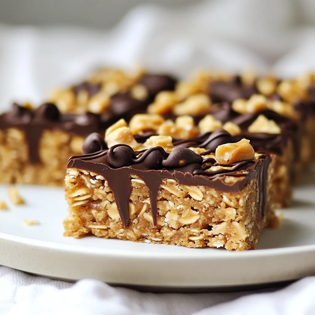 - 2 cups rolled oats - 1 cup natural peanut butter - 1/2 cup honey or maple syrup These three ingredients form the heart of the bars. The rolled oats give a nice base, while peanut butter adds creaminess and flavor. Honey or maple syrup sweetens the bars, making them a tasty treat. - 1/4 cup chia seeds - 1/2 cup dark chocolate chips - 1/2 cup shredded coconut You can mix in chia seeds for extra nutrition. Dark chocolate chips bring a rich taste. Shredded coconut adds a chewy texture, making the bars even more delightful. - 1 teaspoon vanilla extract - 1/4 teaspoon salt Vanilla extract enhances all the flavors. A pinch of salt balances the sweetness, making each bite more enjoyable. These seasonings are small but mighty in flavor! {{ingredient_image_1}} - Preheat oven to 350°F (175°C). - Line an 8x8 inch square baking pan with parchment paper. Start by preheating your oven. This step is key for even baking. Next, take your baking pan, and line it with parchment paper. Leave some paper hanging over the edges. This will help you lift the bars out later. - Combine oats, chia seeds, shredded coconut, and salt in a large bowl. In a large bowl, mix the rolled oats, chia seeds, shredded coconut, and salt. Stir these together well. This blend forms the base of your bars and gives great texture. - Warm peanut butter and honey in the microwave. - Stir in vanilla extract. Now, grab another bowl. Warm the peanut butter and honey together in the microwave for about 20-30 seconds. This makes them easier to mix. Once warm, stir in the vanilla extract. This adds a nice flavor to your bars. - Mix wet and dry ingredients together. - Adjust texture with water if needed. Pour the warm peanut butter mixture into the bowl with dry ingredients. Mix until everything combines well. If it feels too dry, add a tablespoon of water. This helps to bind the mixture. - Gently fold in dark chocolate chips. Now, take your dark chocolate chips and gently fold them into the mix. Make sure they spread evenly. The chocolate adds a rich taste to your bars. - Press mixture into the pan and bake for 15-20 minutes. - Cool before slicing. Press the mixture firmly into the lined baking pan. Make sure it spreads evenly. Bake for 15-20 minutes. You want the edges to be slightly golden. Once done, let it cool for about 10 minutes. Then lift the bars out using the parchment paper. Place them on a wire rack to cool fully before slicing. Enjoy your homemade treats! Pack your ingredients tightly for the best texture. This makes the bars firm and easy to cut. If the mix is too dry, add a tablespoon of water or more honey. This helps to bind everything well. To know when your bars are done, check for golden edges. They should feel set but still soft in the middle. After baking, let them cool in the pan for about 10 minutes. This step makes cutting easier later. Serve bars on a wooden platter for a nice look. Drizzle melted chocolate over the top for extra flair. You can also sprinkle crushed nuts or sea salt for a tasty finish. These small touches make your bars stand out! Pro Tips Use Natural Peanut Butter: Opt for natural peanut butter without added sugars or oils for a healthier and more flavorful base. Customize Sweetness: Adjust the amount of honey or maple syrup to suit your taste, or use a sugar alternative if desired. Press Firmly: Make sure to press the mixture firmly into the pan to achieve a dense and chewy texture in your bars. Storage Tips: Store the bars in an airtight container at room temperature for up to a week, or refrigerate for longer shelf life. {{image_2}} You can easily change the flavor of these bars. Try using almond or cashew butter in place of peanut butter. This swap gives a new taste, while keeping the rich texture. You can also use different types of chocolate. Milk chocolate adds sweetness, while dark chocolate gives a nice bite. White chocolate can add creaminess too. Feel free to mix and match to find your favorite flavors! If you want a vegan option, swap honey for maple syrup or agave nectar. These sweeteners work well and keep the bars sticky. You can also use certified gluten-free oats to make this treat gluten-free. Just check the label to ensure they are safe and suitable for your needs. This way, everyone can enjoy these tasty bars without worry. To make your bars even healthier, consider adding dried fruits or seeds. Chopped nuts, raisins, or cranberries add a nice chew and flavor. You can also mix in protein powder for a more filling snack. This boost makes these bars great for post-workout fuel or a hearty breakfast. Customize your bars to fit your taste and nutritional needs! To keep your peanut butter chocolate oat bars fresh, store them in an airtight container. This will help lock in moisture and flavor. You can keep them at room temperature for easy access. If you prefer, you can also store them in the refrigerator. This may change the texture slightly, making them firmer. When stored at room temperature, these bars last about one week. If you want them to last longer, consider freezing them. Wrap each bar in plastic wrap and place them in a freezer bag. They can stay fresh in the freezer for up to three months. Just remember to label the bag with the date. If you like your bars warm, you can reheat them. Place a bar in the microwave for about 10-15 seconds. This will make the chocolate a little melty and the peanut butter warm. If you prefer a chilled treat, enjoy them straight from the fridge. Both ways are delicious! You can easily make these bars nut-free by using sun butter or soy nut butter. Both options taste great and keep the texture smooth. You can also try using seed butters like pumpkin seed butter. These swaps let you enjoy the same yummy flavor without nuts. Yes, you can use quick oats. They will change the texture a bit. Your bars may be softer and less chewy. If you want a firmer bar, stick with rolled oats. They give a better bite and hold up well. You can boost nutrition by adding: - Dried fruits like cranberries or raisins - Seeds such as pumpkin or sunflower seeds - Protein powder for extra energy These ingredients add flavor and nutrition to your bars. Yes, these bars are great for meal prep! You can make a big batch and store them. Just cut them into squares and keep them in an airtight container. This way, you'll always have a healthy snack ready. You can replace honey with maple syrup or agave syrup. Both options work well. They will change the taste slightly, but they still taste sweet and delicious. Just keep the same amount for a good balance. To prevent crumbling, pack the mixture tightly into the pan. Press down firmly when spreading it out. If it feels too dry, add a tablespoon of water. This helps hold the bars together and makes them easier to cut. These tasty bars are easy to make and packed with good stuff. We covered the main ingredients, step-by-step instructions, and tips for great results. I shared ideas for variations and storage, too. Remember, you can adjust flavors and textures to suit your taste. Whether you want a quick snack or a fun treat, these bars fit the bill. Enjoy making them and feel proud of your delicious creation!