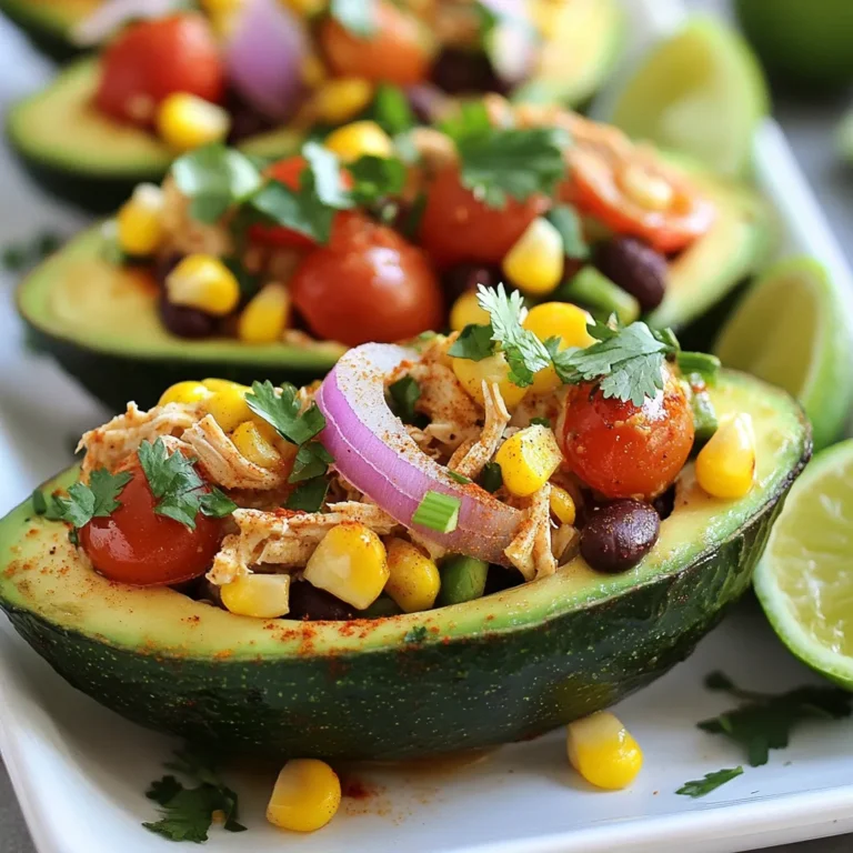 - 2 ripe avocados - 1 cup cooked chicken, shredded - 1 tablespoon Cajun seasoning - 1/2 cup cherry tomatoes, halved - 1/4 cup red onion, finely chopped - 1/4 cup corn, canned or frozen (thawed) - 1/4 cup black beans, drained and rinsed - 1/4 cup cilantro, chopped - 2 tablespoons lime juice - Salt and pepper to taste When I make Cajun chicken stuffed avocados, I love using ripe avocados. They add a creamy texture. You want them to be soft to the touch but not brown inside. Fresh ingredients make a big difference in flavor. Each ingredient brings something special to this dish. The cooked chicken is the base. I shred it to mix well with the spices. Cajun seasoning adds a nice kick. It has spices like paprika and cayenne. You can adjust the amount based on your taste. Cherry tomatoes add sweetness. Their bright color makes the dish pop. The red onion offers a crisp bite. Corn adds sweetness too. Black beans give protein and fiber. They make the dish filling. I like to add fresh cilantro for a burst of flavor. Lime juice brightens everything up. It balances the rich avocado. Salt and pepper bring all the flavors together. Each serving has about 350 calories. You get 15 grams of carbs and 25 grams of protein. The fat comes mainly from the avocado. It's healthy fat that you need in your diet. You can change the protein to fit your needs. Try shrimp or tofu for a twist. Switch the Cajun seasoning for taco seasoning if you want a different taste. You can use other veggies too. Bell peppers or spinach work great! {{ingredient_image_1}} To start, slice the avocados in half. Take out the pit and scoop a bit of the flesh from each half. This makes room for the filling. Set the removed avocado flesh aside for later. Next, grab a mixing bowl. Add the shredded chicken and sprinkle in the Cajun seasoning. Mix it well. You want every piece of chicken coated with the spices. Now, it’s time to make the filling. In the bowl with the chicken, add the halved cherry tomatoes, chopped red onion, corn, black beans, and chopped cilantro. Squeeze the lime juice over the mix. This adds great flavor and helps combine everything. Stir gently to mix all ingredients. Add salt and pepper to taste. Take the reserved avocado flesh and mash it lightly with a fork. Then, fold it into the chicken mixture. Be careful not to mash it too much! Now, fill each avocado half with the Cajun chicken mixture. Pack it in lightly for stability. For a beautiful dish, place the stuffed avocados on a serving platter. Garnish them with fresh cilantro leaves for a pop of color. You can pair these stuffed avocados with a simple side salad or tortilla chips. Both add nice crunch and flavor. Enjoy every bite! To keep leftover stuffed avocados fresh, wrap them tightly in plastic wrap or foil. Store them in the fridge. This helps slow down the browning of the avocado. Use them within a day or two for the best taste. For the ingredients, keep cooked chicken in an airtight container. This helps it stay moist and flavorful. Store chopped veggies in separate containers to keep them crisp. For the chicken, I recommend grilling or baking. Both methods add great flavor. Cook chicken until it reaches an internal temperature of 165°F. This keeps it safe to eat. Proper seasoning is key for Cajun chicken. The Cajun seasoning blends spices like paprika, garlic, and cayenne. This mix brings out the chicken's natural taste. It also adds a nice kick that makes your dish memorable. Prep your ingredients in advance for quick assembly. Cook the chicken and chop the veggies the day before. This makes it easy to throw the dish together on busy days. Store each component separately. This keeps everything fresh and tasty. When you're ready, just mix it all together and stuff the avocados. Enjoy a delicious meal in minutes! Pro Tips Choose Ripe Avocados: For the best flavor and texture, ensure your avocados are perfectly ripe. They should yield slightly to gentle pressure when squeezed. Customize Your Seasoning: Feel free to adjust the amount of Cajun seasoning to suit your taste. You can also experiment with different spice blends for a unique twist. Use Fresh Ingredients: Fresh herbs and ripe tomatoes will enhance the overall flavor. Try to use freshly chopped cilantro and juicy cherry tomatoes for the best results. Serve Immediately: Stuffed avocados are best enjoyed fresh. If you need to prepare them in advance, keep the filling and avocado halves separate until serving to prevent browning. {{image_2}} You can change the flavor of your Cajun chicken stuffed avocados by using different spices. Try adding smoked paprika, garlic powder, or cumin for a new twist. For a vegetarian or vegan version, swap the chicken with black bean mash or sautéed mushrooms. This keeps the dish hearty and delicious while being plant-based. To make your dish even more exciting, think about adding cheese. A sprinkle of feta or shredded cheddar takes it up a notch. You can also mix in other veggies like bell peppers or spinach for added nutrition. If you want to switch up your avocados, use Hass, Bacon, or even Florida avocados. Each type brings its own unique taste and texture. You can easily adjust the heat in this dish. Use more or less Cajun seasoning based on your taste. If you want a milder option for kids, skip the spice or use just a pinch. For heat lovers, add diced jalapeños or a dash of hot sauce to the mix. This way, everyone can enjoy their meal just the way they like it. You can store stuffed avocados in the fridge for up to two days. After that, they may lose quality. If you want to freeze them, be careful. Freezing can change the texture of the avocado and chicken. It’s best to freeze only the chicken filling, not the avocados. For storing, use airtight containers. Glass or plastic containers work well. Make sure they seal tight. Look for signs of spoilage, such as browning or an off smell. If you see these, throw them away. To reheat the stuffed mixture, use a microwave or stove. Heat it slowly to keep the texture. Aim for a temperature of 165°F (74°C) for safety. Avoid reheating the avocados, as they can become mushy. No, I do not recommend using raw chicken. It is important to cook chicken to 165°F to kill harmful bacteria. You can use leftover chicken or rotisserie chicken for this dish. If you do use raw chicken, make sure to cook it fully before shredding. Look for avocados that are slightly soft when you press them gently. They should give a little but not feel mushy. Dark green to black skin often means they are ripe. If they are hard, leave them on the counter for a few days. Check them daily to see if they have softened. These stuffed avocados pair well with a light salad or tortilla chips. You can also serve them with a refreshing drink like iced tea or lemonade. A simple cucumber salad adds a nice crunch and balances the flavors. You now have a clear and tasty guide to Cajun Chicken Stuffed Avocados. We covered the ingredients, preparation steps, and tips for success. Experiment with flavor and storage options to fit your needs. Don’t forget about the fun variations to mix things up! Enjoy creating this dish at home and impressing your guests. Each bite offers a burst of taste and nutrition that you’ll love. Embrace your culinary skills and enjoy every moment.