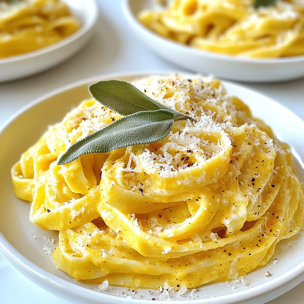 To create this creamy delight, gather these ingredients: - 12 oz fettuccine or your pasta of choice - 1 cup canned pumpkin puree - 1 cup heavy cream - 1 cup grated Parmesan cheese - 2 tablespoons olive oil - 1 small onion, finely chopped - 3 cloves garlic, minced - 1 teaspoon dried sage (or 1 tablespoon fresh sage, chopped) - Salt and pepper to taste - Optional: Crushed red pepper flakes for heat - Fresh sage leaves for garnish Fettuccine is a great choice for this dish. Its flat shape holds the sauce well. You can also use penne, spaghetti, or even gluten-free pasta. The key is to pick a pasta that you enjoy. Each type brings its own charm to the meal. Quality matters in cooking. Use fresh ingredients when possible. Choose a good brand for pumpkin puree and heavy cream. Fresh sage adds vibrant flavor. Opt for freshly grated Parmesan cheese for the best taste. A little care in choosing your ingredients will elevate the dish. {{ingredient_image_1}} Start by boiling salted water in a large pot. Add 12 oz of fettuccine. Cook it until al dente, about 8-10 minutes. Reserve 1 cup of pasta water before draining the pasta. Set the pasta aside for later. In a large skillet, heat 2 tablespoons of olive oil over medium heat. Add 1 small, finely chopped onion. Sauté until it becomes translucent, which takes about 5 minutes. Next, stir in 3 minced garlic cloves and 1 teaspoon of dried sage. Cook for an extra minute until you smell the fragrance. Lower the heat to low. Add 1 cup of canned pumpkin puree and 1 cup of heavy cream to the skillet. Stir well to combine everything. Let it gently simmer. Mix in 1 cup of grated Parmesan cheese. Keep stirring until the cheese melts, making the sauce creamy. If it's too thick, add some of the reserved pasta water until it reaches your preferred consistency. Now, add the cooked pasta to the skillet. Gently toss the pasta in the creamy pumpkin sauce. Make sure every piece is coated well. Season with salt, pepper, and crushed red pepper flakes if you want some heat. Serve the creamy pumpkin sage pasta hot. Garnish with fresh sage leaves for a nice touch. This adds color and a lovely aroma. Enjoy your delicious meal! To achieve a rich and creamy sauce, focus on a few key steps. First, always use heavy cream. It provides the best texture. If you want a lighter option, use half-and-half. Next, make sure to stir the sauce gently. This helps it blend well. If the sauce gets too thick, add a bit of reserved pasta water. This gives it the right consistency. Finally, let the sauce simmer gently. This allows the flavors to blend nicely. You can make this dish even better with some fun extras. Try adding crushed red pepper flakes for heat; a little spice goes a long way. Fresh herbs, like thyme or rosemary, can add depth. You might also consider sautéing mushrooms with the onions. They add an earthy flavor that pairs well with pumpkin. Lastly, a splash of lemon juice can brighten the dish. Just a teaspoon will do! To make sure your creamy pumpkin sage pasta turns out great, watch out for a few common errors. First, don’t overcook your pasta. It should be al dente, or it will become mushy. Second, avoid cooking the sauce on high heat. This could make it separate and lose creaminess. Also, be careful with salt. Always taste before you add more. Lastly, do not skip the garnishing step. Fresh sage leaves add visual appeal and flavor. Pro Tips Use Fresh Sage: Fresh sage adds a vibrant flavor to the dish. If possible, opt for fresh over dried for a more aromatic experience. Adjust Creaminess: If the sauce is too thick, gradually add the reserved pasta water to achieve your desired consistency without losing flavor. Enhance Flavor with Spices: Consider adding a pinch of nutmeg or cinnamon to the sauce for a warm, seasonal twist that complements the pumpkin. Perfect Pasta Cooking: Always cook pasta al dente, as it will continue to cook slightly when tossed with the hot sauce, ensuring the perfect texture. {{image_2}} You can easily make this dish vegetarian or vegan. For a vegetarian version, just use vegetable broth instead of chicken broth. If you want it vegan, swap heavy cream with coconut milk or cashew cream. You can also replace Parmesan cheese with nutritional yeast for a cheesy flavor. Want to boost your meal? Add cooked chicken, shrimp, or sausage to the pasta. For a plant-based option, try chickpeas or lentils. These proteins will give you more texture and flavor. You can play with different herbs and spices. Try thyme or rosemary for a unique taste. If you like heat, add crushed red pepper flakes. A little nutmeg can also enhance the pumpkin flavor. Feel free to experiment! You can store any leftover creamy pumpkin sage pasta in an airtight container. Keep it in the fridge for up to three days. Make sure it cools down before sealing the container. This helps maintain its creamy texture and flavor. To reheat, place the pasta in a skillet over low heat. Add a splash of water or cream to help loosen the sauce. Stir gently until heated through. You can also microwave it in a bowl with a cover. Heat in short bursts of 30 seconds, stirring in between. If you want to freeze the pasta, store it in a freezer-safe container. It can last up to three months. However, the sauce may change a bit in texture. To thaw, leave it in the fridge overnight. Reheat on the stove or in the microwave, adding a bit of cream if it seems too thick. Yes, you can make this dish ahead of time. Cook the pasta and sauce separately. Store them in airtight containers. When you are ready to eat, just reheat both parts. Mixing them together right before serving keeps the pasta fresh and tasty. To thicken the sauce, cook it longer over low heat. This lets some water evaporate. You can also add more cheese, which makes it richer. If it’s still thin, mix in a bit of cornstarch or flour mixed with water. This will help it set up nicely. If you want a lighter option, use half-and-half or coconut milk. Both will add creaminess but with fewer calories. You can also try cashew cream or silken tofu for a vegan option. Each choice brings its own flavor, so pick what you like best. Yes, you can use gluten-free pasta. Many brands offer great options that taste just as good. Make sure to check the cooking time, as gluten-free pasta may need a different amount of time to cook. This way, everyone can enjoy this creamy pumpkin sage pasta! This blog post covered everything you need for creamy pumpkin sage pasta. We outlined key ingredients, suggested pasta types, and highlighted quality tips. You learned step-by-step instructions for the perfect dish, plus tips for a creamy sauce. We explored variations like vegetarian options and storing methods. In short, you have all the tools to craft a delicious meal. Trust these steps to impress your family and friends. Enjoy your cooking adventure!