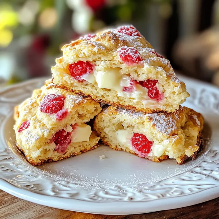 To make Raspberry White Chocolate Scones, gather these ingredients: - 2 cups all-purpose flour - 1 tablespoon baking powder - 1/4 teaspoon salt - 1/4 cup granulated sugar - 1/2 cup unsalted butter, cold and cubed - 1/2 cup heavy cream - 1 large egg - 1 teaspoon vanilla extract - 3/4 cup fresh raspberries - 1/2 cup white chocolate chips - Extra cream for brushing - Raw sugar for sprinkling For the flour, you can use whole wheat flour for a nuttier taste. If you want a dairy-free option, try coconut cream instead of heavy cream. You can swap the white chocolate chips for dark chocolate chips if you prefer a richer flavor. Use frozen raspberries if fresh ones are not available; just be careful not to overmix. Always pick fresh raspberries; they should be firm and bright red. For butter, choose unsalted for better control over the scone's sweetness. Use pure vanilla extract instead of imitation for a more natural taste. When it comes to chocolate, select high-quality white chocolate chips for a creamy melt. These choices will enhance your scones and elevate your baking experience! {{ingredient_image_1}} First, set your oven to 400°F (200°C). This high heat helps the scones rise well. Next, line a baking sheet with parchment paper. This prevents the scones from sticking and makes cleanup easy. In a large bowl, combine 2 cups of all-purpose flour, 1 tablespoon of baking powder, 1/4 teaspoon of salt, and 1/4 cup of granulated sugar. Whisk these dry ingredients together until they mix well. This step ensures that the baking powder spreads evenly. In another bowl, whisk together 1/2 cup of heavy cream, 1 large egg, and 1 teaspoon of vanilla extract. Mix until it looks smooth. Now, pour this wet mixture into the dry ingredients. Stir gently until just combined. Be careful not to overmix. This will keep the scones light and fluffy. Turn the dough onto a floured surface. Shape it into a disc that is about 1 inch thick. Use a sharp knife to cut the disc into 8 wedges. Place each wedge on the prepared baking sheet. Make sure to leave some space between each scone. Brush the tops of the scones with extra cream for a golden finish. Sprinkle raw sugar on top for a nice crunch. Bake for 18-22 minutes. Check for a golden color and a clean toothpick when inserted. Let the scones cool for a few minutes on the baking sheet before moving them to a wire rack. Enjoy them warm for the best taste! To get that soft and fluffy scone, handle your dough gently. Overmixing can ruin the texture. When you mix wet and dry ingredients, stir just until combined. The dough should be a bit sticky. Use cold butter and cream; this helps create layers. One big mistake is using warm butter. Cold butter makes a lighter scone. Another error is not measuring flour correctly. Too much flour can make the scones dry. Avoid pressing the dough too hard when shaping it. Keep it light and airy for the best results. If you have leftover scones, store them in an airtight container. They stay fresh for about two days at room temperature. For longer storage, freeze them. Wrap each scone in plastic wrap and place them in a freezer bag. They last up to three months in the freezer. Just reheat them in the oven when you're ready to enjoy! Pro Tips Use Cold Butter: Make sure your butter is very cold. This helps create flaky layers in the scones as the butter melts during baking. Don’t Overmix: When combining the wet and dry ingredients, mix just until combined. Overmixing can lead to tough scones. Fresh Raspberries: Use fresh raspberries for the best flavor and texture. If using frozen, be careful as they can make the dough too wet. Brush with Cream: Brushing the tops with cream before baking gives the scones a beautiful golden color and a slightly crunchy texture. {{image_2}} You can switch out raspberries for other fruits. Blueberries work great in this recipe. Strawberries also add a nice sweet touch. You could even try diced peaches or cherries. Just make sure the fruit is fresh and ripe. This keeps your scones tasting amazing. While white chocolate is sweet, you can try dark or milk chocolate instead. Dark chocolate gives a rich flavor that pairs well with fruit. Milk chocolate adds extra sweetness, perfect for those who love a sweeter bite. You can mix and match chocolate types for fun flavor combos. To make these scones gluten-free, use a gluten-free flour blend. Look for one that has a good mix of ingredients. For a dairy-free version, swap the butter for coconut oil or a vegan butter. Use almond or oat milk in place of heavy cream. These adaptations keep the scones tasty and enjoyable for everyone! Raspberry white chocolate scones taste amazing with jams. I love to serve them with raspberry jam. It adds a fruity burst that matches the scones. You can also try clotted cream for a rich touch. Honey or lemon curd works too. Each spread adds a unique flavor twist. A warm cup of tea pairs perfectly with these scones. Try a nice Earl Grey or chamomile tea. Coffee is another great choice, especially a smooth latte. If you want something fruity, a berry smoothie is refreshing. Each drink enhances the scone experience. Serve the scones warm for the best taste. I like to dust them with powdered sugar. Place them on a pretty plate to impress your guests. You can also add fresh raspberries on the side. Use a small bowl for jams or clotted cream. The colors and textures make the meal look special. You can tell scones are done when they turn golden brown. A toothpick inserted in the center should come out clean. If it has wet dough on it, give them a few more minutes. The tops should feel firm to the touch. Yes, you can freeze unbaked scones! Shape the scones and place them on a baking sheet. Freeze them for about an hour, then transfer them to a freezer bag. They can last in the freezer for up to three months. When ready to bake, add a few extra minutes to the baking time. To reheat scones, preheat your oven to 350°F (175°C). Place the scones on a baking sheet. Heat them for about 5 to 10 minutes. This method keeps them soft and warm. You can also microwave them for about 15 seconds but they may become a bit tough. You can enhance the flavor of scones by adding spices. A pinch of cinnamon or nutmeg works well. You can also try adding citrus zest, like lemon or orange, for a fresh taste. Using high-quality ingredients, like real vanilla extract, makes a big difference too. You learned the key ingredients and how to prep them for scones. We explored step-by-step instructions to make baking easy. I shared tips and tricks to avoid common mistakes and ensure great texture. You can also try fun variations to suit your taste. Finally, serving ideas help elevate your scone experience. Baking scones can be simple and rewarding. Use this guide to impress friends and family with your delicious treats. Enjoy your time in the kitchen!