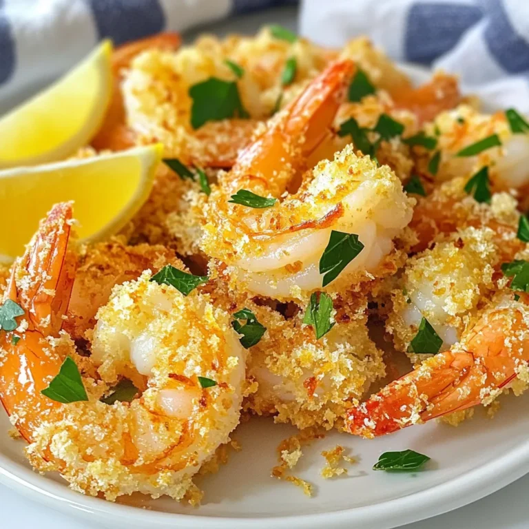 - 1 pound large shrimp, peeled and deveined - 1/2 cup grated Parmesan cheese - 1/4 cup breadcrumbs (Panko for extra crunch) - 3 tablespoons olive oil - 4 cloves garlic, minced - 1 teaspoon smoked paprika - 1/2 teaspoon red pepper flakes (optional) - Salt and pepper to taste - 1 tablespoon fresh parsley, chopped - Lemon wedges, for serving For this Garlic Parmesan Air Fryer Shrimp, the key is fresh ingredients. Start with one pound of large shrimp that are peeled and deveined. This makes it easy to cook and enjoy. Next, you need a half cup of grated Parmesan cheese and a quarter cup of breadcrumbs. I always recommend using Panko breadcrumbs. They give the shrimp an extra crunch that’s hard to resist. Now, let’s talk about the seasonings. You’ll need three tablespoons of olive oil to help everything stick together. Four cloves of minced garlic add a great flavor. I like to use one teaspoon of smoked paprika for a nice, warm taste. If you want a little heat, add a half teaspoon of red pepper flakes. Finally, don't forget to add salt and pepper to taste. For those who want to elevate the dish, consider adding fresh parsley. It gives a nice color and freshness. A few lemon wedges on the side are perfect for serving. They add a zesty finish that brightens the shrimp. {{ingredient_image_1}} Start by preheating your air fryer to 400°F (200°C). This step is key for crispiness. Let it heat for about 5 minutes. A warm air fryer helps cook the shrimp evenly. In a large bowl, add the peeled and deveined shrimp. Pour in 3 tablespoons of olive oil. Next, add 4 minced garlic cloves, 1 teaspoon of smoked paprika, and salt and pepper to taste. If you like heat, add 1/2 teaspoon of red pepper flakes. Toss everything together until the shrimp are well-coated. This mix adds a burst of flavor. In a separate bowl, mix 1/2 cup of grated Parmesan cheese with 1/4 cup of breadcrumbs. Panko works best for a crunchy texture. Take each shrimp and dip it into the cheese and breadcrumb mix. Make sure to press gently so the coating sticks well. This adds a nice crunch when cooked. Now, place the coated shrimp in a single layer in the air fryer basket. Avoid overcrowding; you may need to cook in batches. Cook for 8-10 minutes. Flip the shrimp halfway through to ensure even cooking. They should be golden brown and fully cooked. Once done, sprinkle fresh chopped parsley on top. Serve hot with lemon wedges for a bright finish. Enjoy your tasty dish! To get that perfect crunch, use Panko breadcrumbs. They are lighter and crispier than regular breadcrumbs. Mix them with Parmesan cheese for a tasty coating. This mix sticks well to the shrimp. Press each shrimp into the mixture firmly. This step ensures a good layer that crisps up nicely in the air fryer. If you like heat, add more red pepper flakes. Start with half a teaspoon for a mild kick. You can always add more later. For those who prefer less spice, skip the flakes entirely. The garlic and Parmesan still give great flavor. Adjust the seasoning to fit your taste. To cook the shrimp evenly, do not overcrowd the air fryer basket. Place shrimp in a single layer. If your batch is large, cook them in two rounds. Flip the shrimp halfway through cooking. This helps them brown evenly on both sides. Check for doneness after 8 minutes to avoid overcooking. Pro Tips Fresh Shrimp is Best: Always choose fresh shrimp for the best flavor and texture. If using frozen shrimp, be sure to thaw them completely and pat them dry before cooking. Customize the Spice Level: Adjust the amount of red pepper flakes according to your heat preference. You can also add a dash of cayenne for extra heat! Experiment with Cheese: While Parmesan is a classic choice, experimenting with other cheeses like Pecorino Romano or Asiago can add a unique twist to this dish. Perfect Cooking Time: Keep an eye on the shrimp as they cook; overcooking can make them rubbery. Aim for a golden brown color for the perfect texture. {{image_2}} For a bright twist, add lemon juice and zest. Mix these with the garlic and oil. The lemon adds freshness and a tangy kick. It balances the rich flavor of the shrimp and Parmesan. Serve with lemon wedges on the side for extra zing. This version is perfect for a summer meal. Want to add heat? Increase the red pepper flakes. You can also add a dash of hot sauce to the shrimp mix. This variation packs a punch while keeping the core flavors. It’s great if you enjoy spicy food. Make sure to adjust the spice to your liking. Try adding fresh herbs to the coating mix. Chopped basil, oregano, or thyme work well. This adds depth and aroma to the dish. You can even mix dried herbs into the breadcrumb coating. Each herb brings a unique taste, making the dish your own. Experiment with your favorite herbs for a personalized touch. You can store leftover Garlic Parmesan Air Fryer Shrimp in the fridge. Place them in an airtight container. They stay fresh for up to three days. To keep the shrimp tasty, eat them soon. The longer they sit, the less crispy they become. If you want to freeze your shrimp, it’s easy! First, let them cool down completely. Then, spread them out on a baking sheet. Freeze them for about one hour. After that, transfer the shrimp to a freezer bag. Press out as much air as you can. You can keep them for up to three months. To reheat your shrimp, the air fryer works best. Preheat it to 350°F (175°C). Place the shrimp in the basket. Heat them for about 5 minutes. This helps restore their crunch. If you don’t have an air fryer, use the oven. Set it to 350°F (175°C) and heat for about 10 minutes. Enjoy! Yes, you can use frozen shrimp. Just thaw them first. Place them in a bowl of cold water for about 15-20 minutes. After thawing, pat them dry with a paper towel. This helps the coating stick better. You can serve this shrimp with many sides. Here are some great options: - Rice or quinoa for a filling meal - A fresh green salad for crunch - Garlic bread for a tasty bite - Pasta tossed with olive oil and herbs These pair well and make your dinner complete. Cooked shrimp turn pink and opaque. They curl into a C-shape. If shrimp are still gray, they need more time. Use a meat thermometer for accuracy. Shrimp should reach 120°F (49°C) to be safe. Yes, you can bake this dish. Preheat your oven to 400°F (200°C). Place the coated shrimp on a baking sheet lined with parchment paper. Bake for about 10-12 minutes, flipping halfway. Watch for that golden brown color. You can definitely make this recipe without an air fryer. A skillet works well too. Heat some oil in a pan over medium heat. Cook the shrimp for 2-3 minutes on each side. Make sure they are crispy and cooked through. In this article, we explored how to make delicious air fryer shrimp. We covered ingredients like shrimp, seasonings, and coating options. I shared step-by-step instructions for cooking shrimp perfectly. You learned tips for getting that ideal crunch and variations for different flavors. We also talked about storage and answered common questions. Remember, experimenting with flavors can lead to great meals. Enjoy your cooking!