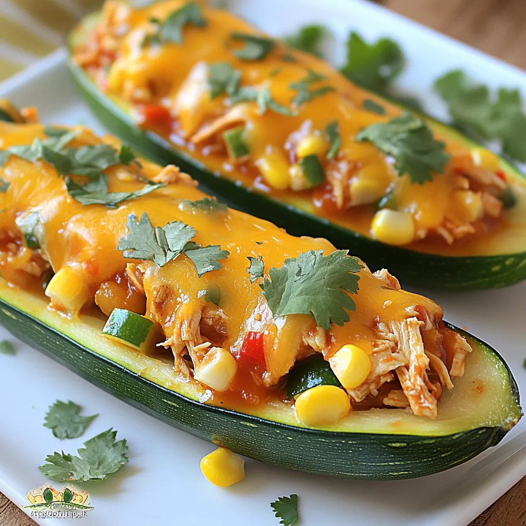 - 4 medium zucchinis - 2 cups cooked chicken, shredded - 1 cup BBQ sauce (your choice) - 1 red bell pepper, finely diced - 1/2 cup red onion, finely chopped - 1 cup corn kernels (canned or frozen) - 1 cup shredded cheddar cheese - 2 tablespoons olive oil - Salt and pepper to taste - Fresh cilantro, for garnish You can add more flavors with these options: - Chopped jalapeños for heat - Black beans for extra protein - Sliced green onions for crunch - A squeeze of lime juice for zest One serving offers: - Calories: 360 - Protein: 30g - Carbohydrates: 28g - Dietary Fiber: 4g - Total Fat: 16g - Saturated Fat: 7g - Sugars: 10g Knowing what goes into your food helps you make better choices. Each ingredient plays its part in taste and nutrients. Zucchini is low in calories and high in vitamins. The chicken adds protein, while the BBQ sauce brings a sweet and tangy kick. Adding corn gives a nice texture, and cheese melts beautifully on top. These facts make this dish both tasty and good for you. {{ingredient_image_1}} To start, preheat your oven to 375°F (190°C). Next, take 4 medium zucchinis and slice them in half lengthwise. Use a spoon to scoop out the seeds and some flesh, making a boat shape. This step is key for holding the filling. Lightly sprinkle salt and pepper inside each zucchini half to add flavor. In a large skillet, heat 2 tablespoons of olive oil over medium heat. Add 1 finely diced red bell pepper and 1/2 cup of finely chopped red onion. Sauté these for about 3 to 4 minutes until they soften. Then, mix in 2 cups of shredded cooked chicken and 1 cup of corn kernels. Stir well to combine. Pour in 1 cup of your favorite BBQ sauce and mix again. Cook for another 2 to 3 minutes until everything is heated. Now it’s time to fill the zucchini boats! Generously spoon the BBQ chicken mixture into each half. Make sure to pack it well. Next, sprinkle 1 cup of shredded cheddar cheese on top of each filled boat for that delicious cheesy goodness. Place the filled zucchini boats on a baking sheet and bake them in the oven for 20 to 25 minutes. You want the zucchinis to be tender and the cheese bubbly. When done, take them out and let them cool for a couple of minutes. Garnish with fresh cilantro before serving. Enjoy your tasty BBQ chicken zucchini boats! To cut zucchini, start by washing it well. Place the zucchini on a cutting board. Hold it steady and cut it in half lengthwise. Use a spoon to scoop out the seeds and some flesh. This creates a nice boat shape. Be careful not to scoop too much. You want enough zucchini left to hold the filling. The BBQ sauce you choose can change the whole dish. I love using a tangy sauce that has a bit of sweetness. Brands like Sweet Baby Ray's or Stubb's are great options. If you like heat, try a spicy BBQ sauce. You can also make your own sauce using ketchup, vinegar, and honey. Mix in some spices for extra flavor. Cheddar cheese is a classic choice for these zucchini boats. It melts nicely and tastes great. If you want to switch things up, consider using mozzarella or pepper jack cheese. Goat cheese adds a creamy touch. You can mix different cheeses too. Just sprinkle it on top before baking for a tasty finish. Pro Tips Choose the Right Zucchini: Opt for medium-sized zucchinis for a perfect balance between tenderness and holding shape when baked. Customize the BBQ Sauce: Feel free to experiment with different BBQ sauces, such as sweet, smoky, or spicy, to enhance the flavor profile. Add Some Crunch: For extra texture, consider adding chopped nuts or breadcrumbs to the filling before baking. Make it a Meal: Serve these zucchini boats with a side salad or some roasted vegetables for a complete and satisfying meal. {{image_2}} You can make BBQ chicken zucchini boats vegetarian. Swap the chicken with black beans or chickpeas. Both add great protein and texture. Use your favorite BBQ sauce for flavor. Add diced mushrooms for a meaty bite. You can also mix in some spinach or kale for extra greens. These swaps keep the dish filling and tasty. Love some heat? Turn up the spice in your BBQ chicken zucchini boats. Add diced jalapeños to the chicken mix. You can also use a spicy BBQ sauce. Hot sauce is another option. Just stir it into the BBQ sauce before mixing it with the chicken. Remember to taste as you go. You want a nice kick but not too much. Toppings can really make your zucchini boats shine. Try adding diced avocado or a dollop of sour cream after baking. Fresh herbs like parsley or mint add a fresh touch. You can also sprinkle some crispy fried onions on top for crunch. These toppings give your dish extra flavor and fun textures. To store your BBQ chicken zucchini boats, let them cool first. Place them in an airtight container. If you want to keep them fresh, use a container that fits well. You can keep them in the fridge for up to three days. If you plan to eat them later, it’s best to store them without the cheese to avoid sogginess. To reheat your BBQ chicken zucchini boats, preheat your oven to 350°F (175°C). Place the boats on a baking sheet. Cover them with foil to keep them moist. Heat them for about 15-20 minutes. You can also microwave them for a quick option. Just add a splash of water and cover them. Heat for 2-3 minutes or until warm. You can freeze BBQ chicken zucchini boats for later use. After they cool, wrap each boat in plastic wrap. Then, place them in a freezer-safe bag. They can stay in the freezer for up to two months. To enjoy, thaw them overnight in the fridge before reheating. This way, you can savor the flavors even later! No, using raw chicken is not safe. Cooked chicken is ready to eat. It keeps the dish safe and tasty. You can use leftover chicken or rotisserie chicken. Both options work well and save time. Zucchini boats are done when they are soft. Check the cheese, too. It should be bubbly and golden. A fork can easily pierce the zucchini. If it feels tender, your boats are ready. These boats pair nicely with many sides. Try a fresh salad for a light option. Cornbread adds a nice touch, too. You can also serve rice or quinoa for a filling meal. Enjoy your delicious BBQ chicken zucchini boats! Zucchini boats are a tasty and fun dish. We covered ingredients, preparation, and cooking tips. You can customize them with flavors, sauces, and toppings. Also, the storage info helps you keep leftovers fresh. Enjoy trying different variations or serving options. Whether spicy or vegetarian, there's a zucchini boat for everyone. Now, you can make these tasty meals with confidence. Happy cooking!