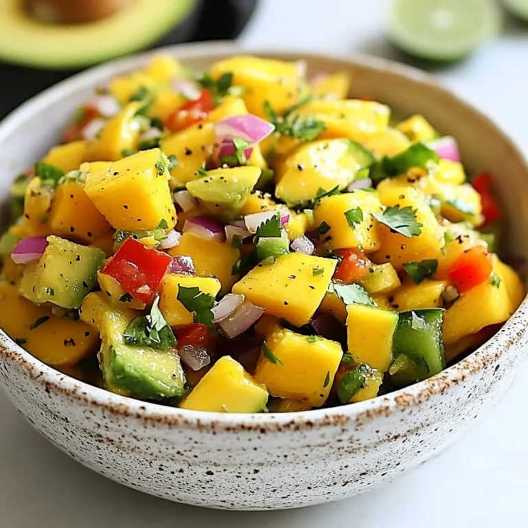 To make delicious mango avocado salsa, gather these fresh ingredients: - 1 ripe mango, diced - 2 ripe avocados, diced - 1 small red onion, finely chopped - 1 red bell pepper, diced - 1 jalapeño, deseeded and minced (adjust to taste) - 2 tablespoons fresh lime juice - 1 tablespoon olive oil - 1/4 cup fresh cilantro, chopped - Salt and pepper to taste Always use ripe ingredients for the best flavor. Look for mangoes that yield slightly to pressure. They should have a sweet scent. Avocados should feel soft but not too mushy. They also should have a dark green skin. Fresh cilantro adds a bright touch. Choose leaves that are vibrant and not wilted. To pick a ripe mango, press gently. If it gives slightly, it is ready. A slight fragrance means sweetness inside. For avocados, check for softness. If they feel firm, leave them out for a day or two. To speed up ripening, place them in a paper bag. This traps ethylene gas, helping them ripen faster. {{ingredient_image_1}} To make Mango Avocado Salsa, start with fresh ingredients. First, grab a large mixing bowl. Next, take 1 ripe mango and dice it into small pieces. Then, dice 2 ripe avocados. They should be soft but firm. Now, finely chop 1 small red onion and add it to the bowl. Then, dice 1 red bell pepper and place it in with the other ingredients. Next, take 1 jalapeño, deseed it, and mince it. Add this to the bowl too. If you want less heat, use less jalapeño. Now, drizzle 2 tablespoons of fresh lime juice over the mix. Add 1 tablespoon of olive oil for richness. Finally, chop 1/4 cup of fresh cilantro and toss it in. Be gentle when mixing to avoid mashing the avocado. When mixing, use a large spoon to gently toss the ingredients. This helps keep the avocado pieces intact. Start at the bottom and fold the ingredients up. Mix until everything is well combined but not mushy. If you notice the avocado getting too soft, stop mixing. Let the salsa sit for about 10 minutes. This time allows the flavors to blend nicely. You can cover the bowl with plastic wrap to keep it fresh. After 10 minutes, taste the salsa. If it needs more salt or pepper, add just a pinch. This resting time makes a big difference in taste! Enjoy your vibrant and fresh Mango Avocado Salsa! To get the best texture in your mango avocado salsa, use ripe fruits. Ripe mangoes are sweet and juicy, while ripe avocados are creamy. Cut them into even pieces for a nice bite. Avoid mashing the avocado when mixing. Gently toss the ingredients. This keeps your salsa fresh and bright. Serving is key to enjoying this salsa. Use a rustic bowl for a fun look. Garnish with extra cilantro and lime wedges for color. Serve it with tortilla chips for a crunchy snack. You can also use it as a topping on grilled fish or chicken. The flavors enhance the dish and add a tropical twist. You can easily change this salsa to fit your taste. Add more jalapeño for heat or use a milder pepper. Try adding diced mango for extra sweetness or corn for crunch. If you like herbs, swap cilantro for mint or basil. Mix and match until it feels just right for you! Pro Tips Choose the Right Mango: Look for mangoes that are slightly soft to the touch and have a sweet aroma. This ensures maximum sweetness and flavor in your salsa. Ripe Avocados are Key: Use ripe avocados that yield slightly when pressed. This will enhance the creaminess of the salsa and balance the sweetness of the mango. Fresh Ingredients Matter: Opt for fresh lime juice and high-quality olive oil. Fresh ingredients will elevate the overall flavor of your salsa. Adjust Heat to Taste: If you prefer a milder salsa, reduce the amount of jalapeño or remove the seeds completely. For more heat, you can add a pinch of cayenne pepper or extra jalapeño. {{image_2}} To kick up the heat, try adding more jalapeño. Start with one and taste. If you want more spice, add a little at a time. You can also mix in a pinch of cayenne pepper for an extra kick. Another option is to use diced serrano peppers instead of jalapeños. This change will give you a spicy twist that many will love. You can make this salsa even more fun by adding different fruits. Pineapple or kiwi can add a sweet and tangy flavor. Simply dice them and mix them in. For a citrus twist, add orange or grapefruit segments. The more fruit, the merrier! Each fruit brings a unique taste and texture that will surprise your taste buds. If you have allergies, fear not! You can swap ingredients out easily. Use green onions instead of red onion for a milder flavor. For those who can't eat cilantro, try fresh parsley or mint. If avocados pose a problem, consider using diced cucumber for a refreshing crunch. Each substitute maintains the fresh feel of the salsa while catering to dietary needs. To store leftover mango avocado salsa, place it in an airtight container. Make sure to press plastic wrap directly onto the salsa's surface. This helps keep air out and slows browning. Mango avocado salsa lasts about one to two days in the fridge. Store it at the back of the fridge for best results. Check for freshness before use. If it looks brown or smells off, it’s best to toss it. Here are some tips to keep it fresh: - Add lime juice before storing to slow browning. - Do not mix in salt until ready to eat. Salt can draw out moisture and may affect the texture. You can freeze mango avocado salsa, but it may change texture. To freeze, use a freezer-safe container. Leave some space at the top for expansion. Here’s how to do it: - Freeze in small portions for easy thawing. - Use within three months for best taste. - Thaw in the fridge overnight before serving. Remember, the flavor may still be great, but the texture might be softer. Yes, you can make Mango Avocado Salsa ahead of time. It tastes even better after sitting for a while. I recommend making it about an hour before serving. Keep it in the fridge to stay fresh. If you make it too early, the avocado may brown. To prevent this, add lime juice to the avocado. This keeps it bright and green. This salsa pairs well with many dishes. It adds a fresh flavor to grilled chicken or fish. You can serve it with tortilla chips as a great snack. Try it on tacos or burritos for extra zest. It also works well with salads, adding a tropical twist. Use it as a topping for rice bowls or as a dip for veggies. To control the spice, adjust the jalapeño amount. For mild salsa, use less or remove the seeds. You can also leave out the jalapeño entirely for no heat. If you like it spicy, add more jalapeño or even some chili flakes. Taste as you go, so you get the heat just right for you. This blog post covered the yummy world of mango avocado salsa. You learned about the best fresh ingredients, tips for picking ripe fruit, and easy steps to prepare it. I shared tricks for the right texture, how to serve well, and fun ways to tweak the recipe. Finally, we discussed storage tips to keep your salsa fresh. Now, you're ready to create a vibrant salsa that impresses at any meal. Enjoy the flavors and have fun experimenting!