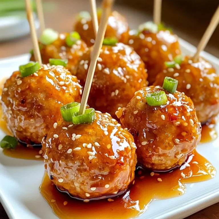 - 1 lb ground turkey - 1/4 cup breadcrumbs - 1/4 cup grated Parmesan cheese - 2 cloves garlic, minced - 1 tablespoon fresh ginger, minced - 1/4 teaspoon salt - 1/4 teaspoon black pepper - 1/4 cup honey - 2 tablespoons Sriracha sauce - 1 tablespoon soy sauce or tamari - 1 tablespoon rice vinegar - 1 tablespoon sesame oil The main ingredients form the base of these meatballs. Ground turkey gives them a light texture. Breadcrumbs help bind the meatballs together, while Parmesan adds a savory kick. For flavor, garlic and ginger are essential. They bring warmth and depth. Salt and pepper enhance all the tastes, creating a balanced dish. Honey and Sriracha give the meatballs their sweet and spicy character. Optional ingredients can elevate the dish. Soy sauce or tamari adds umami, while rice vinegar brings brightness. Sesame oil adds a nutty finish. Together, they make a flavor-packed meal. You can mix and match these ingredients to suit your taste. Feel free to swap in your favorite options. Enjoy creating your own twist on these tasty meatballs! {{ingredient_image_1}} - Preheat the oven to 400°F (200°C). - Line a baking sheet with parchment paper. Start by setting your oven to the right temperature. This step helps the meatballs cook evenly. Lining the baking sheet with parchment paper makes cleanup easy and helps prevent sticking. - Combine all main ingredients in a bowl. - Avoid overmixing the meat. In a large bowl, mix ground turkey, breadcrumbs, Parmesan cheese, and chopped green onions. Add the beaten egg, minced garlic, minced ginger, salt, and black pepper. Stir the mixture until just combined. Mixing too much can make the meatballs tough, so be gentle! - Shape and place meatballs on the baking sheet. - Prepare and glaze with honey Sriracha sauce. - Bake until golden and caramelized. Form the mixture into 1-inch meatballs and place them on the baking sheet. In a small bowl, whisk together honey, Sriracha, soy sauce, rice vinegar, and sesame oil. Brush this sauce onto the meatballs in the last five minutes of baking. Bake for 15-18 minutes, or until they are golden and reach an internal temperature of 165°F (74°C). The glaze adds a sweet and spicy touch that makes these meatballs special. To keep your meatballs moist, use ground turkey with a bit of fat. This helps with juiciness. You can also add a splash of soy sauce to the mix for extra moisture. When mixing the meat, don’t overwork it. Combine ingredients just until they blend. If you mix too much, the meatballs can become tough. Timing is key for glazing. Apply the honey Sriracha sauce in the last five minutes of baking. This gives the sauce time to stick and caramelize. To achieve the perfect caramelization, look for a golden color on your meatballs. This means the sugars in the sauce are doing their magic. For a great meal, serve your meatballs with steamed rice or a crisp salad. Both pair well and add balance. Presentation matters too. Arrange the meatballs on a platter with chopped green onions and sesame seeds. Add toothpicks for easy eating. This makes your dish look even more inviting! Pro Tips Fresh Ingredients: Using fresh garlic and ginger will enhance the flavor of the meatballs significantly. Always prefer fresh over pre-minced for the best taste. Meatball Size: For even cooking, ensure all meatballs are uniform in size. A 1-inch diameter is ideal for quick baking without drying out. Glaze Timing: Applying the glaze during the last few minutes of baking allows it to caramelize properly without burning, giving you a delicious finish. Serving Suggestions: Serve these meatballs with a side of steamed rice or a fresh salad to balance the flavors and add texture to your meal. {{image_2}} You can swap ground turkey for other meats. Ground chicken works well and is lean. If you prefer beef, use ground beef. For a lighter option, turkey is great. You can also try vegetarian meatballs. Use lentils or chickpeas to create a hearty base. Crushed beans mixed with breadcrumbs make a tasty vegan option. Adjust the heat to match your taste. If you like it spicy, add more Sriracha. For a milder flavor, use less. You can also mix in herbs, like cilantro or parsley. Try adding spices like cumin or paprika for new tastes. Each change adds a unique twist to your meatballs. You can serve these meatballs in many ways. As appetizers, they are fun on toothpicks. Serve with a dipping sauce for a party. For a main course, pair them with rice or pasta. You can also drizzle extra sauce on top. Try serving them with a fresh salad or veggies for balance. To store leftovers, place the meatballs in an airtight container. This keeps them fresh and tasty. You can also cover them with plastic wrap. They will last in the fridge for about 3 to 4 days. Make sure to let them cool before sealing. For freezing, let the meatballs cool completely. Then, place them in a single layer on a baking sheet. Freeze them for about an hour until solid. Once frozen, transfer them to a freezer bag. They will stay good for about 3 months. When reheating frozen meatballs, thaw them in the fridge overnight. Heat them in the oven or microwave until hot. You can prep these meatballs ahead of time. Form and freeze them for quick meals later. Just bake them straight from the freezer. For easy reheating, warm them with a bit of sauce to keep them moist. This way, you have a delicious meal ready in no time. Bake the honey Sriracha turkey meatballs for 15 to 18 minutes at 400°F (200°C). This heat helps the meatballs cook evenly and get a nice golden brown color. To ensure they are done, check that the internal temperature reaches 165°F (74°C). A quick tip: keep an eye on them during the last few minutes to avoid burning. Yes, you can use other sweeteners if needed. Maple syrup or agave nectar work well. If you want a sugar-free option, try using monk fruit sweetener or erythritol. Each of these alternatives can add a unique flavor. Just remember that the taste may differ slightly from using honey. These meatballs pair well with various sides. Here are a few ideas: - Steamed rice for a filling meal. - A fresh salad for a light option. - Zucchini noodles for a low-carb choice. - Roasted vegetables for added color and flavor. You can also serve them as appetizers with toothpicks for easy eating at parties. Enjoy mixing and matching! In this blog post, we explored making honey Sriracha turkey meatballs. We covered key ingredients like ground turkey and seasonings such as garlic and ginger. You learned how to mix, shape, and bake meatballs to perfection. Using tips, we discussed storage options and creative variations. These meatballs can be a tasty main dish or fun appetizer. Remember, feel free to adjust flavors to match your taste. Enjoy your cooking adventures and serve delicious meals with these easy recipes!