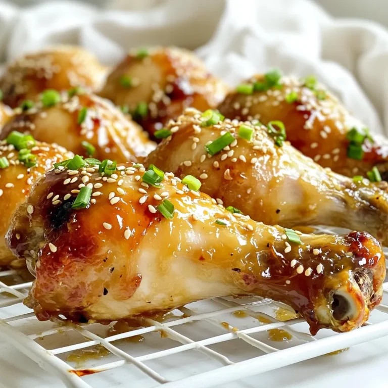 - 8 chicken drumsticks - 1/3 cup honey - 1/4 cup soy sauce (low sodium) - 4 cloves garlic, minced - 1 tablespoon fresh ginger, grated - 1 tablespoon apple cider vinegar - 1 teaspoon sesame oil - 1/2 teaspoon black pepper - 1/4 teaspoon red pepper flakes (optional for spice) - 2 green onions, chopped (for garnish) - Sesame seeds (for garnish) - Chicken drumsticks: 8 pieces - Honey: 1/3 cup (about 113 grams) - Soy sauce: 1/4 cup (about 60 milliliters) - Garlic: 4 cloves, minced - Ginger: 1 tablespoon, grated - Apple cider vinegar: 1 tablespoon (about 15 milliliters) - Sesame oil: 1 teaspoon (about 5 milliliters) - Black pepper: 1/2 teaspoon - Red pepper flakes: 1/4 teaspoon (optional) - Green onions: 2, chopped for garnish - Sesame seeds: for garnish - Add more heat with extra red pepper flakes. - Use honey garlic sauce instead of plain honey for a twist. - Try fresh herbs like cilantro or parsley for extra flavor. - Experiment with different vinegars, like rice or balsamic. To start, preheat your oven to 400°F (200°C). This temperature helps the chicken cook just right. While the oven heats, line a baking sheet with aluminum foil. This makes cleanup quick and easy. Place a wire rack on top of the foil. The rack lets hot air flow around the chicken, making it cook evenly. Now, let's mix the marinade. In a medium bowl, combine these ingredients: - 1/3 cup honey - 1/4 cup low sodium soy sauce - 4 cloves garlic, minced - 1 tablespoon fresh ginger, grated - 1 tablespoon apple cider vinegar - 1 teaspoon sesame oil - 1/2 teaspoon black pepper - 1/4 teaspoon red pepper flakes (optional) Whisk everything together until it blends well. This mix gives the chicken a sweet and savory flavor. Next, take 8 chicken drumsticks. Place them in a large resealable plastic bag or a bowl. Pour the marinade over the drumsticks, making sure each piece is coated well. Seal the bag or cover the bowl. Let them marinate in the fridge for at least 30 minutes. For more flavor, aim for 2 hours. After marinating, take the drumsticks out. Remove them from the marinade and place them on the wire rack. Space them out so they cook evenly. Bake the drumsticks in your preheated oven for 35-40 minutes. Check that the internal temperature reaches 165°F (74°C). You want them golden brown and fully cooked. While the chicken bakes, grab the leftover marinade. Pour it into a small saucepan and heat it over medium heat. Bring it to a boil, then let it simmer for about 5-7 minutes. This will thicken the sauce. In the last 10 minutes of baking, brush the thickened marinade over the chicken. This creates a sticky glaze. Once done, take out the drumsticks and let them rest for a few minutes. Serve them hot, garnished with chopped green onions and sesame seeds. Enjoy your meal! To get a great glaze for your chicken, timing is key. Brush the thickened marinade on during the last ten minutes of baking. This step adds flavor and makes the chicken shiny. Make sure to coat them well. It helps create a sticky and delicious finish. Keep an eye on the drumsticks while they bake. You want them to be golden brown, not burnt. Marinating adds flavor and tenderness to the chicken. I suggest marinating for at least 30 minutes. However, for more flavor, marinate for up to two hours. The longer you marinate, the better the taste. Use a resealable bag or a bowl to coat the drumsticks well. Don't forget to seal it tight or cover it to keep the flavors in. If you want to grill or air fry, you can still enjoy this recipe. For grilling, preheat your grill to medium-high. Cook the drumsticks for about 25-30 minutes. Turn them often to get even cooking. If you choose air frying, set your air fryer to 380°F (193°C) and cook for 25-30 minutes. Check the internal temperature to ensure it reaches 165°F (74°C). {{image_2}} You can add heat to your honey garlic chicken drumsticks in a few ways. Start by using more red pepper flakes. This small change can bring big flavor. You can also add a splash of hot sauce to the marinade. If you love heat, try using chili garlic sauce instead of regular garlic. This will give your chicken a spicy kick. For a sweet and tangy twist, swap out some honey for orange juice. This change adds a bright flavor. You can also mix in a bit of mustard for a unique taste. Using balsamic vinegar can create a deeper tang. These small changes will give your chicken a fun twist. Herbs can take these drumsticks to the next level. Try adding fresh rosemary or thyme to your marinade. Chop them finely and mix them in. You can also use fresh parsley for a light flavor. Adding herbs not only boosts taste but also adds a lovely look to your dish. To store leftover honey garlic chicken drumsticks, first let them cool. Place them in an airtight container. This helps keep them fresh. You can also wrap them tightly in plastic wrap. Make sure to consume the leftovers within three days. This keeps the taste and quality good. To freeze the drumsticks, let them cool completely. Then, place them in a freezer-safe bag. Remove as much air as possible to avoid freezer burn. You can store them for up to three months. To reheat, thaw them in the fridge overnight. Then, bake them at 350°F (175°C) until heated through. Honey garlic chicken drumsticks can last in the fridge for up to three days. If you freeze them, they can stay good for about three months. Always check for any signs of spoilage before eating. If they smell off or look strange, it's best to throw them away. Yes, you can use chicken thighs. They will be juicy and flavorful. Just adjust the cooking time. Thighs may take a bit longer to cook than drumsticks. Check that the internal temperature reaches 165°F (74°C). These drumsticks pair well with many sides. Consider these tasty options: - Steamed rice - Roasted vegetables - Mashed potatoes - A fresh green salad - Coleslaw Each of these sides will add balance to your meal. They complement the sweet and savory notes of the chicken. Marinate the chicken for at least 30 minutes. For the best flavor, aim for 2 hours. If you have time, marinating overnight in the fridge works great, too. This helps the chicken soak up all the yummy flavors from the marinade. In this article, we explored how to make delicious honey garlic chicken drumsticks. We covered the essential ingredients, preparation steps, and cooking methods. You learned how to achieve the perfect glaze and variations to suit your taste. Remember to store leftovers properly for the best shelf life. With these tips in hand, you can enjoy tasty chicken drumsticks any time. Experiment with your favorite flavors and have fun cooking!