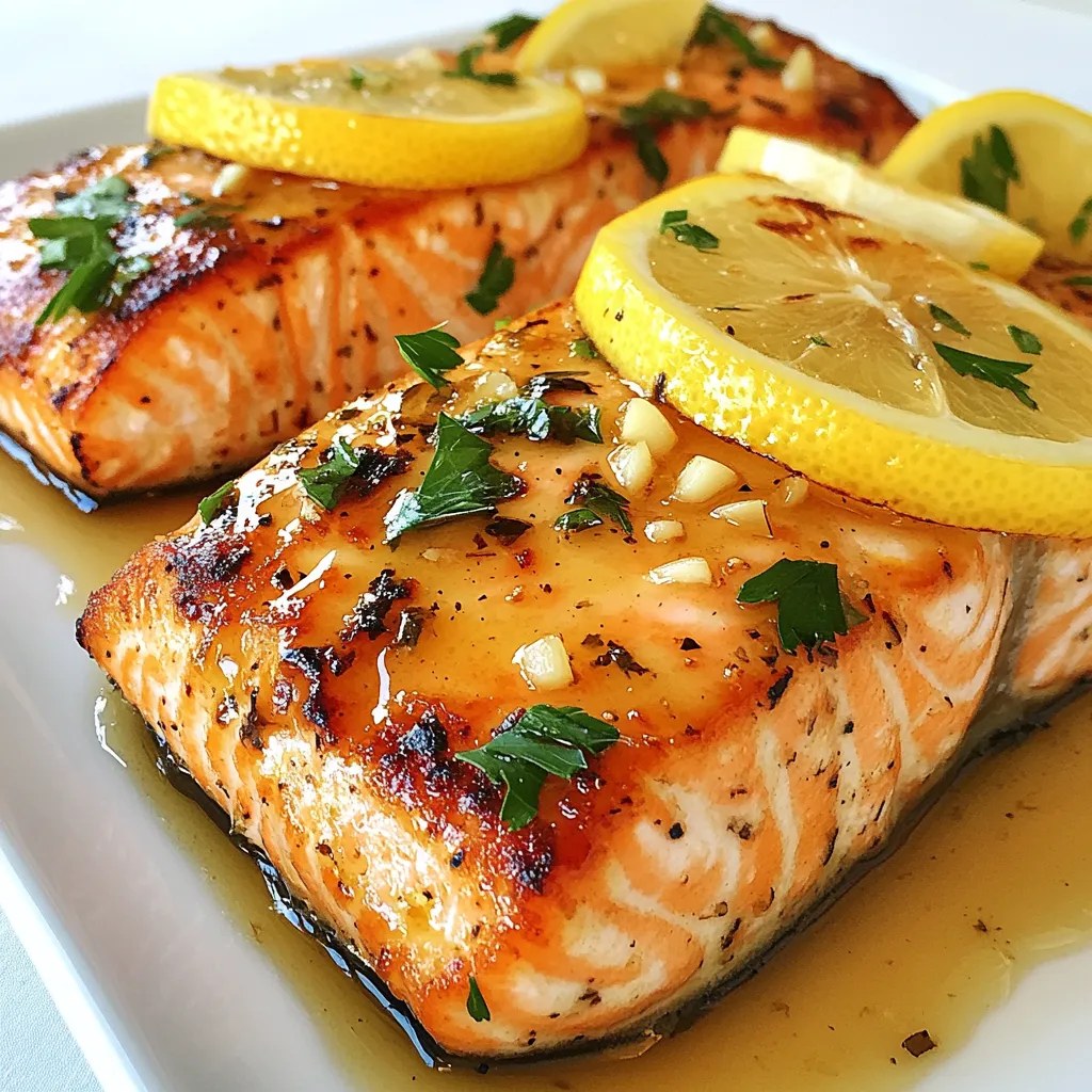 Here’s what you need for a tasty Lemon Garlic Grilled Salmon. Each item brings a unique flavor that makes this dish shine. - 4 salmon fillets (6 oz each) - 4 cloves garlic, minced - 2 tablespoons fresh lemon juice - Zest of 1 lemon - 3 tablespoons olive oil - 1 tablespoon honey - Salt and pepper to taste - Fresh parsley, chopped (for garnish) - Lemon slices (for garnish) Each ingredient plays a key role. The salmon fillets are fresh and rich in flavor. Garlic adds a nice punch, while lemon juice and zest bring brightness. Olive oil keeps the fish moist. Honey adds a hint of sweetness. Salt and pepper enhance all the flavors. For garnish, fresh parsley and lemon slices add color and zest. Together, these ingredients create a dish that is both simple and impressive. If you follow this list, your salmon will taste amazing! {{ingredient_image_1}} To start, grab a small bowl. In this bowl, whisk together the minced garlic, fresh lemon juice, lemon zest, olive oil, honey, salt, and pepper. This blend creates a tasty marinade that adds depth. Marinating is key. It lets the flavors soak into the salmon, making each bite delicious. Next, place your salmon fillets in a shallow dish. Pour the marinade over the salmon. Make sure each piece is well-coated. Cover the dish and store it in the fridge for at least 30 minutes. This time allows the fish to absorb all those wonderful flavors. Now, it’s time to grill! First, preheat your grill to medium-high heat. Once hot, take the salmon out of the marinade and throw away the leftover marinade. Place the salmon fillets skin-side down on the grill. Grill each side for about 6 to 8 minutes. You want the salmon to be flaky and reach an internal temperature of 145°F (63°C). After grilling, remove the salmon from the grill. Let it rest for a few minutes before serving. This resting time helps keep the fish juicy. When you’re ready to serve, garnish with fresh parsley and lemon slices. This not only adds color but boosts flavor too. Enjoy your meal! Checking for doneness To know when your salmon is done, look for a few signs. The flesh should change from a bright pink to a light pink. It should also flake easily with a fork. The best way is to use a meat thermometer. Aim for an internal temperature of 145°F (63°C) for safe eating. Preventing sticking on the grill To keep your salmon from sticking, start with a clean grill. Make sure to oil the grates before adding the fish. You can use a paper towel dipped in oil. Place the salmon skin-side down to help it release easier. Don’t flip it too soon; let it cook for about 6-8 minutes on one side. Adding herbs or spices You can elevate your salmon by adding fresh herbs like dill or thyme. Chopped basil also pairs well with lemon. Just sprinkle them on top before grilling. If you want a kick, try adding some crushed red pepper flakes. They bring heat without overpowering the lemon. Experimenting with marinades Feel free to play with different marinades. For a tropical twist, mix in some pineapple juice or lime instead of lemon. You can also add soy sauce for a savory touch. Try mixing honey with mustard for a sweet and tangy glaze. The options are endless, so get creative! Pro Tips Marinate Longer for Flavor: For an even more flavorful salmon, consider marinating the fillets for 1-2 hours instead of just 30 minutes. This allows the garlic and lemon to penetrate deeper into the fish. Use a Fish Basket: If you're grilling smaller fillets, a fish basket can help keep them intact and make flipping easier. This prevents the delicate salmon from falling apart on the grill. Check for Doneness: To ensure your salmon is perfectly cooked, use a food thermometer to check the internal temperature. It should reach 145°F (63°C) for safe consumption. Experiment with Herbs: Feel free to add your favorite herbs to the marinade, such as dill or thyme, for an extra layer of flavor that complements the lemon and garlic beautifully. {{image_2}} You can switch up the salmon in this recipe. Other fish work well too. Try using trout or sea bass for a fun twist. These fish have a similar texture and cook at the same time. If you want to grill chicken, it’s a great choice! Use chicken breast for the marinade. The lemon and garlic flavor will shine through. Just make sure to grill it until it reaches 165°F (74°C). You can also try tofu for a meat-free option. Firm tofu absorbs flavors well. Marinate it just like you do with salmon. Grill it for about 4-5 minutes on each side. Want to mix things up? You can create citrus-based marinades too. Swap lemon juice for lime or orange juice. Each brings a different but tasty flavor. Add some zest from the fruit for extra zing. If you like heat, add chili flakes or hot mustard. This will give your dish a spicy kick. Just be careful not to add too much. You want to enhance the flavor, not overpower it. Feel free to explore these variations. They keep your meals exciting and delicious! To keep your Lemon Garlic Grilled Salmon fresh, store it properly. First, let the salmon cool down to room temperature. Then, place it in an airtight container. Refrigerate it within two hours of cooking. The salmon will stay good for up to three days in the fridge. If you want to keep it longer, freezing is a great option. Wrap the salmon tightly in plastic wrap, then place it in a freezer bag. This way, it can last for up to three months in the freezer. Make sure to label the bag with the date. When you reheat the salmon, you want to keep it tasty. The best method is to use the oven. Preheat the oven to 350°F (175°C). Place the salmon on a baking sheet and cover it loosely with foil. Heat it for about 15 minutes or until warm. You can also use a microwave, but be careful. Place the salmon on a microwave-safe plate. Cover it with a damp paper towel. Heat it in short bursts, about 30 seconds at a time. Check often to avoid overcooking. This will help retain the flavor and texture of your delicious salmon. You should marinate salmon for at least 30 minutes. This time allows the flavors to soak in well. If you have more time, you can marinate for up to 2 hours. Longer marinating gives a stronger lemon and garlic taste. You can use dried garlic, but fresh garlic gives a better flavor. Fresh garlic has a bright taste that dried garlic lacks. If you use dried garlic, use about 1 teaspoon for every clove of fresh garlic. This will help keep the flavor balanced. To check if salmon is cooked, look for a few signs. The color should change from bright pink to a lighter shade. You can also use a fork to flake the fish. If it flakes easily, it is done. The internal temperature should reach 145°F (63°C) for safe eating. To prevent sticking, oil the grill grates before placing the salmon on them. You can also brush the salmon skin with oil. Make sure the grill is hot when you add the fish. This helps create a nice sear and reduces sticking. In this post, we explored making delicious grilled salmon. We covered the ingredients, marinade steps, and grilling tips. You learned how to enhance flavors and choose different proteins. Remember, marinating boosts taste and ensures juicy salmon. Always check for doneness to enjoy perfect results. Keeping leftovers fresh is easy with our storage tips. With these methods, you can impress at your next meal. Enjoy creating and customizing your grilled salmon dishes!