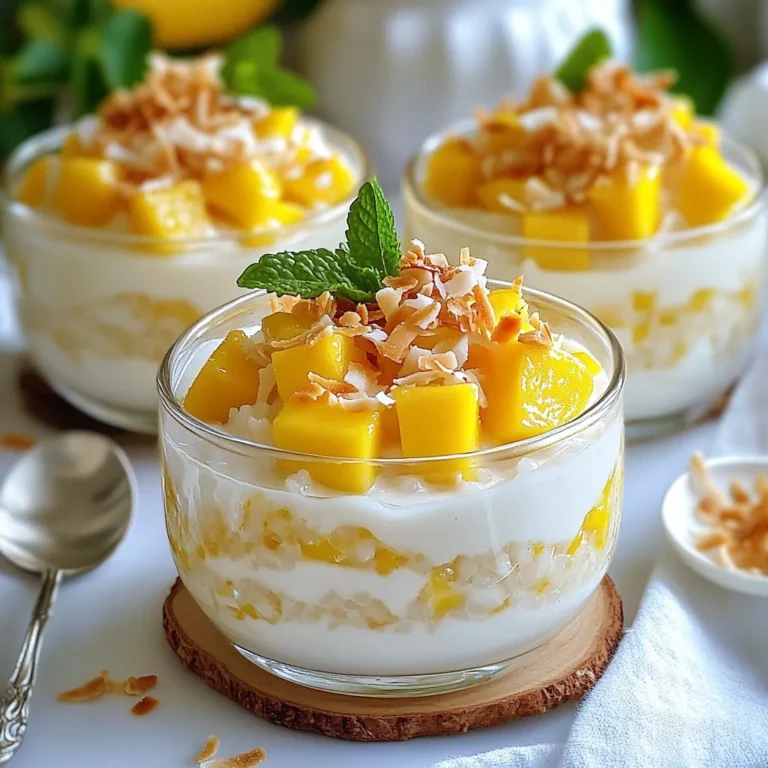 To make this tasty mango coconut rice pudding, you will need: - 1 cup jasmine rice - 1 can (13.5 oz) coconut milk - 2 cups almond milk (or any plant-based milk) - 1/3 cup sugar (adjust to taste) - 1 teaspoon vanilla extract - 1 ripe mango, diced - 1/4 teaspoon salt - Toasted coconut flakes for garnish - Fresh mint leaves for garnish (optional) You can adjust the sugar based on your taste. If you want a richer flavor, use full-fat coconut milk. You can also swap almond milk for any plant-based milk you like. If you prefer a creamier pudding, try adding more coconut milk. For a fun twist, use different types of fruit instead of mango. Choose high-quality jasmine rice for the best texture. Rinse it well to remove extra starch. Fresh coconut milk enhances flavor, but canned works well too. Look for ripe, sweet mangoes for the best taste. Fresh mint leaves add a nice touch but are optional. Use unsweetened almond milk to control sweetness. Quality ingredients make all the difference in this creamy dessert. {{ingredient_image_1}} Start by rinsing the jasmine rice. Place the rice in a fine mesh strainer. Rinse it under cold water. Keep rinsing until the water runs clear. This step helps remove extra starch. Less starch means a creamier pudding. In a medium saucepan, mix the rinsed rice with coconut milk. Add almond milk, sugar, vanilla, and salt. Stir well to blend all the ingredients. Heat the mixture over medium heat until it begins to boil. Once it boils, reduce the heat to low. Cover the saucepan with a lid. Let it simmer for 20 to 25 minutes. Stir occasionally to keep the rice from sticking. Check if the rice is tender and creamy. When done, remove it from heat. Let it sit for 5 minutes to thicken. Now it’s time to fold in the diced mango. Save some mango pieces for garnish later. Mix well to spread the mango evenly in the pudding. Next, spoon the pudding into serving bowls or ramekins. Place them in the fridge for at least an hour to cool. Before serving, top each bowl with toasted coconut flakes. Add the reserved mango pieces on top. You can also add fresh mint leaves for a nice touch. Enjoy your creamy mango coconut rice pudding! To get a creamy texture in your pudding, use jasmine rice. It has a nice starch that helps thicken. Rinse the rice well before cooking. This removes excess starch and helps avoid clumps. When cooking, stir occasionally. This keeps the rice from sticking to the pot. Cook it over low heat for the best results. Let it sit covered after cooking; this helps it thicken even more. You can change the sweetness to fit your taste. Start with 1/3 cup of sugar. Taste the pudding after it cooks. If you want it sweeter, add more sugar. You can also use honey or maple syrup instead of sugar. Just remember that these will change the flavor a bit. Always mix well when adding sweeteners to keep it even. How you serve the pudding makes a big difference. Use clear glass bowls to show off the creamy texture. Top each bowl with toasted coconut flakes for a crunchy touch. Add fresh mango pieces for color and flavor. A mint leaf on top adds a nice pop of green. These small details make your dessert look fancy and fun! Pro Tips Rinse the Rice: Always rinse your jasmine rice thoroughly to remove excess starch, which helps prevent the pudding from becoming overly sticky. Adjust Sweetness: Taste the mixture before cooking and adjust the sugar to your preference. You can also substitute with natural sweeteners like maple syrup or agave. Adding Flavor: For an extra layer of flavor, consider adding a pinch of cardamom or cinnamon while cooking the rice. Serving Suggestions: Serve the pudding chilled in clear bowls to highlight its creamy texture, and use fresh fruit or edible flowers for an elegant touch. {{image_2}} You can use different rice types for this pudding. Jasmine rice gives a floral note, while arborio rice makes it creamier. Arborio rice has a high starch content, perfect for a rich texture. If you want a nutty flavor, try brown rice. It will take longer to cook, but it adds great taste. You can switch up the milk in this recipe. Coconut milk gives a rich and creamy flavor. Almond milk is lighter, while oat milk adds a subtle sweetness. For a nut-free option, use soy milk. Each milk type will change the taste a bit, so choose what you love best. Adding spices can enhance the flavor of your pudding. Try a pinch of cinnamon for warmth. Cardamom adds a unique twist that pairs well with mango. A dash of nutmeg can also elevate the dish. If you like, add some vanilla bean for a more intense vanilla flavor. Get creative and find your favorite mix! Store your mango coconut rice pudding in an airtight container. This helps keep it fresh and tasty. Make sure to let it cool down first. Place it in the fridge. It can last for up to four days. If you want to save it longer, consider freezing it. To reheat your rice pudding, take it out of the fridge. Use a microwave-safe bowl. Add a splash of almond milk to keep it creamy. Heat it in short bursts, stirring in between. This keeps it from getting too hot in spots. You can also heat it on the stove over low heat. The shelf life of mango coconut rice pudding is about four days in the fridge. If you freeze it, it can last for about three months. When you freeze, use a freezer-safe container. Leave some space at the top for expansion. To defrost, move it to the fridge overnight. Then follow the reheating instructions to enjoy it again. Mango coconut rice pudding is a creamy dessert made with jasmine rice. This dish blends coconut milk and almond milk for a smooth texture. The pudding gets sweetness from sugar and ripe mango. You will enjoy its tropical flavor and comforting creaminess. It is perfect for warm days or as a light treat. Yes, you can easily make this recipe vegan. Use almond milk or any plant-based milk. The coconut milk is already dairy-free. Just ensure the sugar you choose is vegan. This way, you can enjoy a delicious vegan dessert without missing out on taste. To make the pudding less sweet, reduce the sugar amount. Start with 2 tablespoons instead of 1/3 cup. You can also use ripe mango, which adds natural sweetness. Taste the pudding before serving, and adjust as needed. Enjoy the dessert with less sugar while still savoring its tropical flavor. In this post, we explored the delightful mango coconut rice pudding. We covered the ingredients, cooking steps, and expert tips for a creamy texture. You learned how to customize flavors and store leftovers correctly. Mango coconut rice pudding is easy and fun to make. You can adjust sweetness and even try vegan options. Enjoy this tasty dish as a dessert or snack. With these tips, you can impress your friends and family. Cooking should be enjoyable, so have fun experimenting with your pudding!